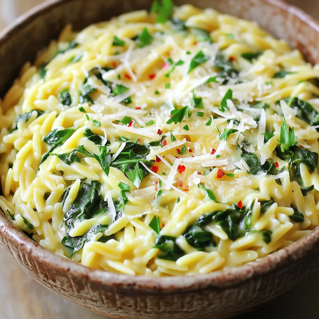 - 1 cup orzo pasta - 2 tablespoons olive oil - 4 cloves garlic, minced - 4 cups vegetable broth - 2 cups fresh spinach, roughly chopped - ½ cup grated Parmesan cheese - ½ teaspoon red pepper flakes (optional) - Salt and black pepper to taste - Fresh parsley, chopped (for garnish) This dish starts with simple, fresh ingredients. The orzo pasta gives a nice, chewy base. Olive oil adds richness and depth. Garlic adds a fragrant kick, while vegetable broth gives it a savory flavor. Fresh spinach makes it healthy and colorful. The Parmesan cheese brings creaminess and a salty touch. Red pepper flakes add a little heat, but you can skip them if you prefer. Seasoning with salt and black pepper helps balance the flavors. Finally, a sprinkle of fresh parsley brightens the dish. This mix of ingredients creates a lovely, comforting meal. - Heat 2 tablespoons of olive oil in a large pot over medium heat. - Add 4 cloves of minced garlic. Sauté for 1 minute until it smells great. Be careful not to burn the garlic. - Stir in 1 cup of orzo pasta. Cook for about 2 minutes. This toasts the orzo and adds flavor. - Pour in 4 cups of vegetable broth. Bring this mixture to a boil. - Once boiling, lower the heat. Cover the pot and let it simmer for about 10 minutes. The orzo should be tender and most of the liquid absorbed. - Stir in 2 cups of roughly chopped fresh spinach. Let the spinach wilt for about 2 minutes. - Remove the pot from heat. Add ½ cup of grated Parmesan cheese. Stir until it melts and becomes creamy. - If you like a little kick, add ½ teaspoon of red pepper flakes. - Season with salt and black pepper to taste. - Serve the orzo in bowls. Garnish with fresh parsley and extra Parmesan for a lovely look. How to prevent burning garlic Burning garlic can ruin your dish. To avoid this, keep the heat low. Sauté the garlic for only about one minute. Watch it closely. Stir it often. If it starts to brown, reduce the heat or add a splash of broth to cool it down. This will keep the garlic sweet and fragrant. Ensuring perfect orzo texture For the best orzo, use plenty of broth. This helps it cook evenly. Stir it occasionally while it simmers. This keeps it from sticking together. You want the orzo to be al dente, which means it should be firm but not hard. Once it absorbs the broth, it’s ready for the spinach and cheese. Best side dishes to pair One-Pot Garlic Parmesan Orzo with Spinach is filling on its own. You can serve it with a simple salad or garlic bread. A side of roasted vegetables also works well. These sides add color and nutrients to your meal. Creative ways to garnish To make your dish pop, garnish it with chopped parsley. You can also sprinkle more Parmesan on top. For a little heat, add a few red pepper flakes. These small touches make your dish look and taste even better. Alternative ingredients or methods To make this dish healthier, consider using whole grain orzo. You can also swap out the Parmesan for a lower-fat cheese. For a protein boost, add cooked chicken or chickpeas. Lastly, fresh herbs like basil or thyme can enhance flavor without extra calories. {{image_2}} You can make this dish your own. Consider adding protein for a more filling meal. Chicken or shrimp work well. Cook the protein first, then add it back in after the orzo. If you want a vegetarian dish, try chickpeas or lentils. They add protein and fiber too. Enhance the taste with extra herbs and spices. Fresh basil or oregano gives a fresh twist. You could also use thyme or rosemary for a more earthy flavor. If you want a richer taste, swap the Parmesan for a sharper cheese. Try aged cheddar or Gruyère for a unique touch. If you need a gluten-free dish, use gluten-free orzo. Many brands offer this option. Just cook it according to the package instructions. The rest of the recipe stays the same, ensuring you enjoy all the flavors without gluten. To store leftovers, let the orzo cool down first. Place it in an airtight container. This helps keep it fresh. You can keep it in the fridge for up to three days. When reheating, use a microwave or a pot. Add a splash of broth or water to keep it moist. Heat it slowly on low. Stir often to make sure it warms evenly. Yes, you can freeze this dish! It freezes well and keeps its flavor. To freeze, let the orzo cool completely. Then, place it in a freezer-safe container. Leave some space at the top for expansion. To thaw, move it to the fridge overnight. You can also use the microwave. Heat it until warm, adding a little broth or water if needed. In the refrigerator, your orzo will last about three days. In the freezer, it can stay fresh for up to three months. Just remember to label your container with the date. This helps you keep track of how long it has been stored. How long does it take to cook orzo? It takes about 10 minutes to cook orzo. You simmer it in broth until tender. This quick cooking time makes orzo a great choice for busy nights. Can I make this dish ahead of time? Yes, you can make this dish ahead of time. Store it in the fridge for up to three days. Just reheat it on the stove with a splash of broth. What can I use instead of Parmesan cheese? You can use Pecorino Romano or nutritional yeast for a vegan option. Both will add a nice cheesy flavor. Alternatives for vegetable broth? You can use chicken broth if you are not vegetarian. Water with a pinch of salt works too, but broth adds more flavor. Is this recipe vegan-friendly? No, this recipe is not vegan due to the Parmesan cheese. To make it vegan, swap the cheese for nutritional yeast. Can I make this dish nut-free? Yes, this dish is nut-free as it does not contain any nuts. You can enjoy it safely if you have nut allergies. This blog provided a clear guide to making a healthy orzo dish. We covered main ingredients and the step-by-step cooking process. I shared tips to enhance flavors and serve well. You learned how to store leftovers and even explore variations. Ultimately, this dish is versatile and quick to prepare. With the right methods, you can make it suit any taste or diet. Enjoy cooking, and don’t hesitate to experiment!