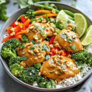 - 1 lb boneless, skinless chicken thighs - 2 cups cooked jasmine rice - 1 cup broccoli florets - 1 red bell pepper, sliced - 1 carrot, julienned - 1 cup sugar snap peas - 1/2 cup creamy peanut butter - 1/4 cup soy sauce - 2 tablespoons honey - 1 tablespoon rice vinegar - 1 tablespoon sesame oil - 1 teaspoon minced garlic - 1 teaspoon grated ginger - Water to thin - Green onions - Cilantro - Crushed roasted peanuts - Lime wedges Gather all your ingredients before you start cooking. The chicken thighs give a rich taste. The jasmine rice acts as a soft base. Fresh veggies add crunch and color. The peanut sauce is the star of the show. It brings all the flavors together. I love using creamy peanut butter for a smooth sauce. Soy sauce adds a salty depth. Honey brings sweetness, while rice vinegar adds tang. Sesame oil gives a nutty taste. Don't forget the garlic and ginger for zing! Adjust the water in the sauce to get your desired thickness. For garnishes, green onions and cilantro add freshness. Crushed peanuts give a nice crunch. A lime wedge adds a burst of citrus. This meal is all about balance. You can play with these ingredients to make it your own! To make the peanut sauce, start with a medium bowl. Add 1/2 cup of creamy peanut butter, 1/4 cup of soy sauce, 2 tablespoons of honey, 1 tablespoon of rice vinegar, 1 tablespoon of sesame oil, 1 teaspoon of minced garlic, and 1 teaspoon of grated ginger. Whisk these ingredients together until smooth. If the sauce is too thick, add water. Mix in small amounts until the sauce is just right. Set the sauce aside for later. Next, heat 1 tablespoon of vegetable oil in a large skillet over medium-high heat. Season 1 pound of bite-sized chicken thighs with salt and pepper. Once the oil is hot, add the chicken to the skillet. Cook for about 5 to 7 minutes. You want the chicken to be golden brown and fully cooked. When done, remove the chicken from the skillet and set it aside. Now, in the same skillet, add your vegetables. Toss in 1 cup of broccoli florets, 1 sliced red bell pepper, 1 julienned carrot, and 1 cup of sugar snap peas. Stir-fry these for about 4 to 5 minutes. You want the veggies to be tender-crisp. This keeps their bright colors and fresh taste. Return the cooked chicken to the skillet with the veggies. Pour the prepared peanut sauce over the mixture. Stir well to coat everything evenly. Heat it all together for an additional 2 to 3 minutes. This warms the dish through. Once heated, it’s time to assemble. In serving bowls, scoop 2 cups of cooked jasmine rice. Top the rice with your chicken and vegetable mixture. Enjoy the vibrant colors and flavors! - Use boneless, skinless chicken thighs for juicy bites. - Cook chicken on medium-high heat for 5-7 minutes. - Ensure golden color shows the chicken is cooked. - For crisp veggies, stir-fry quickly over high heat. - Add broccoli and snap peas last to keep them crunchy. - Swap peanut butter for almond or cashew butter. - Use coconut aminos if you need a soy-free option. - Adjust spice levels by adding more or less garlic. - Add chili paste if you like more heat. - Serve in colorful bowls to make the dish pop. - Add lime wedges on the side for a fresh look. - Use chopped cilantro and green onions as bright garnishes. - Place crushed peanuts on top for a crunchy finish. {{image_2}} You can switch the chicken for tofu or shrimp. Tofu adds a rich texture. Use firm tofu for the best results. Shrimp cooks fast and brings a nice flavor. If you want other meats, try beef or pork. Both pair well with the peanut sauce. Feel free to add more veggies. Zucchini is a great choice. It cooks quickly and has a mild taste. Snow peas also work well, adding a nice crunch. You can switch to seasonal vegetables too. Look for what's fresh at your local market. For gluten-free options, use tamari instead of soy sauce. It has a similar taste and works great. If you want a vegan version, swap chicken for tofu and use maple syrup instead of honey. These changes keep the dish tasty and friendly for different diets. To keep your Thai Peanut Chicken Bowls fresh, store them in the fridge. Use airtight containers for best results. This prevents air and moisture from spoiling your food. Make sure to let the dish cool before sealing the container. This helps avoid condensation inside the container. You can freeze this dish if you want to save some for later. First, let it cool completely. Then, place it in freezer-safe bags or containers. Squeeze out as much air as possible before sealing. When you’re ready to eat, thaw the dish in the fridge overnight. To reheat, warm it on the stove or microwave until hot. Leftovers can last in the fridge for about 3 to 4 days. Be sure to check for signs of spoilage. If you see any mold or if it smells off, it's best to throw it away. Always trust your senses; they help you stay safe while enjoying your meals. Making Thai Peanut Chicken Bowls takes about 30 minutes. You will spend 15 minutes on prep and 15 minutes cooking. This quick time makes it a great weeknight meal. Yes, you can make the peanut sauce ahead of time. Store it in an airtight container in the fridge for up to a week. Just give it a good stir before using it. If it thickens, add a little water to thin it out. This dish is not very spicy. The peanut sauce has a mild flavor. If you want more heat, add some chili flakes or sriracha. You can control the spice level to fit your taste. You can serve Thai Peanut Chicken Bowls with many tasty sides. Here are a few ideas: - Steamed edamame - Cucumber salad - Fresh spring rolls - A simple green salad These sides will add freshness and balance to the meal. In this post, we explored making Thai Peanut Chicken Bowls with simple ingredients. You learned about the key ingredients like chicken, rice, and fresh veggies, along with a creamy peanut sauce. We provided step-by-step instructions on preparing each part and tips for success. You can even customize the dish with various proteins and veggies. Whether you're cooking for yourself or guests, these bowls are a tasty and flexible meal choice. Enjoy your cooking and share your creations!