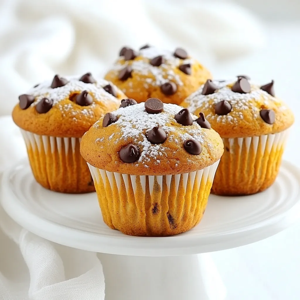 - 1 cup canned pumpkin puree - ½ cup vegetable oil - ½ cup brown sugar - ½ cup granulated sugar - 2 large eggs - 1 teaspoon vanilla extract - 1 ½ cups all-purpose flour - 1 teaspoon baking soda - 1 teaspoon baking powder - 1 teaspoon ground cinnamon - ½ teaspoon ground nutmeg - ½ teaspoon ground ginger - ¼ teaspoon salt - 1 cup semi-sweet chocolate chips - ½ cup chopped walnuts (optional) - Muffin tin - Mixing bowls - Whisk and spatula - Toothpick The ingredients for these muffins create a warm, sweet treat. Canned pumpkin puree gives moisture and pumpkin flavor. Vegetable oil keeps the muffins soft. Brown and granulated sugars add sweetness and depth. You need two large eggs for binding. Vanilla extract adds a lovely aroma. The dry mix includes all-purpose flour, baking soda, and baking powder for rise. Spices like cinnamon, nutmeg, and ginger bring warmth and flavor. Salt balances the sweetness. Chocolate chips are a must for that sweet touch. If you like a nutty crunch, add walnuts. Each ingredient plays a role in making these muffins rich and delicious. - Preheat oven to 350°F (175°C). - Line muffin tin with paper liners or grease it with cooking spray. - In a large bowl, whisk together: - 1 cup canned pumpkin puree - ½ cup vegetable oil - ½ cup brown sugar - ½ cup granulated sugar - 2 large eggs - 1 teaspoon vanilla extract Mix until smooth and well combined. - In another bowl, sift together: - 1 ½ cups all-purpose flour - 1 teaspoon baking soda - 1 teaspoon baking powder - 1 teaspoon ground cinnamon - ½ teaspoon ground nutmeg - ½ teaspoon ground ginger - ¼ teaspoon salt - Gradually mix dry ingredients into the wet mixture. - Stir gently until just combined. - Fold in: - 1 cup semi-sweet chocolate chips - ½ cup chopped walnuts (optional) - Fill each muffin cup about ⅔ full with the batter. - Bake in the preheated oven for 18-22 minutes. - Check doneness with a toothpick; it should come out clean. - Remove muffins from oven and cool in the pan for 5 minutes. - Transfer muffins to a wire rack to cool completely. - Do not over-mix the batter: Mixing too much makes muffins tough. Stir gently until just combined. This keeps them light and fluffy. - Use room temperature ingredients: Bring your eggs and pumpkin to room temp. This helps the batter mix better and rise nicely. - Add powdered sugar on top for presentation: Dusting the tops makes them look fancy. It adds sweetness too. - Serve with cream cheese spread: A rich cream cheese spread takes these muffins to the next level. It’s a perfect pairing. - Different types of chocolate: You can use dark, milk, or white chocolate. Each type adds its own flavor twist. - Substitute spices or add extras: Try adding dried fruit or swap in your favorite spices. This keeps the recipe fresh and exciting. {{image_2}} You can make these muffins healthier with simple swaps. - Substitute half of the oil with applesauce. This keeps moisture while cutting fat. - Use whole wheat flour instead of all-purpose flour. This adds fiber and nutrients. Want to add a twist to your muffins? Here are some ideas: - Add a pinch of cayenne for a spicy kick. This will surprise your taste buds! - Include lemon zest for added freshness. The bright flavor pairs well with pumpkin. If you have dietary needs, these adjustments work well: - For a gluten-free option, use almond flour. It creates a rich, nutty flavor. - Make vegan muffins by substituting eggs with flaxseed meal. Mix 1 tablespoon of flaxseed with 2.5 tablespoons of water for each egg. To keep your muffins fresh, store them in an airtight container at room temperature. This helps them stay soft and tasty. If you plan to keep them longer than two days, refrigerate them. This keeps their flavor and texture intact. You can freeze these muffins easily. Start by freezing them in a single layer on a baking sheet. After they freeze solid, transfer them to a zip-top bag. This prevents them from sticking together. When you want to enjoy a muffin, thaw it at room temperature or warm it in the microwave for a cozy treat. These soft muffins are best eaten within three days for the best taste. If you freeze them, they can last up to three months. Enjoy them warm, and you'll love the rich pumpkin and chocolate flavor every time! Yes, but make sure it’s pureed and cooked properly. Fresh pumpkin gives a nice flavor. To prepare, cut the pumpkin, steam or bake it, and then blend until smooth. This adds a homemade touch to your muffins. Use a toothpick; it should come out clean when inserted. If there’s wet batter, bake them a bit longer. Trust your toothpick, as it is the best tool for checking! Absolutely! They are optional and can be left out if desired. If you prefer a nut-free muffin, just skip them. The muffins will still be delicious and moist. Ensure not to over-mix the batter to avoid density. Mix just until the flour disappears. Over-mixing can make your muffins tough. Gentle hands lead to fluffier muffins. Yes, adjust the baking time to about 10-15 minutes for mini muffins. They will bake faster, so keep an eye on them. Mini muffins are perfect for snacks or lunchboxes! This recipe combines simple ingredients and clear steps to make the best muffins. You learned to mix wet and dry items, ensuring great texture. We discussed tips to elevate your muffins, plus variations based on taste and diet. Remember, baking should be fun—experiment with flavors and enjoy! Store your muffins well, and they'll stay tasty longer. With these steps, you're set to bake delicious treats every time.