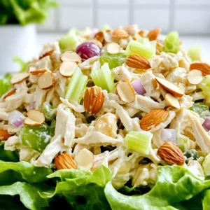 To make this classic chicken salad, gather these key items: - 2 cups cooked chicken breast, shredded - 1 cup mayonnaise - ¼ cup celery, finely chopped - ¼ cup red onion, finely chopped - 1 tablespoon Dijon mustard - 1 teaspoon garlic powder - 1 teaspoon onion powder - ½ teaspoon salt - ¼ teaspoon black pepper These ingredients combine to create a rich, creamy base. The chicken provides protein, while the mayo adds creaminess. Celery and onion bring crunch and flavor. You can add more fun with these optional items: - ¼ cup sliced almonds (for crunch) - ¼ cup grapes, halved (for sweetness) These add-ins give your salad extra texture and flavor. Almonds create a nice contrast, and grapes add a sweet touch. If you need to swap out some ingredients, consider these options: - Greek yogurt instead of mayonnaise for a lighter dish - Cooked turkey for a different protein - Chopped apples instead of grapes for a fruity twist These substitutions keep the recipe fresh and fun. Adjust based on what you have at home or your dietary needs. Start with 2 cups of cooked chicken breast. I like to use rotisserie chicken for ease. Shred the chicken into small pieces. This helps it mix well with other ingredients. Place the shredded chicken in a large mixing bowl. This bowl will hold all your tasty mix-ins. Now, add 1 cup of mayonnaise to the chicken. Mix it until the chicken is creamy and coated. Next, add ¼ cup of finely chopped celery and ¼ cup of finely chopped red onion. Gently fold these in so they blend well. Then, stir in 1 tablespoon of Dijon mustard, 1 teaspoon of garlic powder, 1 teaspoon of onion powder, ½ teaspoon of salt, and ¼ teaspoon of black pepper. This adds great flavor. If you want crunch, fold in ¼ cup of sliced almonds. For sweetness, add ¼ cup of halved grapes and mix gently. Cover the bowl with plastic wrap. Chill it in the fridge for at least 1 hour. This helps the flavors mix. When you’re ready to serve, scoop the chicken salad onto fresh lettuce leaves. You can also use it as a filling for sandwiches or wraps. If you like, sprinkle extra sliced almonds on top for presentation. Enjoy your tasty creation! To get the best creamy texture, use good mayonnaise. I prefer a brand that tastes fresh. Mix it well with cooked chicken. Shredding the chicken finely also helps. It makes every bite smooth. If you want extra creaminess, add more mayo. You can also try using Greek yogurt for a lighter touch. Store your chicken salad in the fridge. Use an airtight container to keep it fresh. It lasts about three to four days. For serving, scoop it onto fresh lettuce leaves. You can also make sandwiches or wraps. If you have guests, use a platter for a nice display. For a pop of color, garnish with sliced almonds. Seasonings are key to a great chicken salad. Garlic powder and onion powder add depth. Dijon mustard gives a tangy kick, which I love. Adjust the salt and pepper to suit your taste. If you want more zing, add a squeeze of lemon juice. For sweetness, toss in grapes. Each ingredient adds its own charm. {{image_2}} You can make this chicken salad fit many diets. For a low-fat option, use Greek yogurt instead of mayonnaise. If you want to go dairy-free, choose a vegan mayo. People with nut allergies can skip the almonds. Instead, try sunflower seeds for crunch. If you need gluten-free, serve on lettuce or use gluten-free bread. This chicken salad is very versatile. You can serve it in many ways. Scoop it onto fresh lettuce leaves for a light meal. Use it as a filling for wraps or sandwiches. You can even serve it in a baked potato for a filling lunch. It also makes a great topping for crackers or cucumber slices. You can add fun twists to the classic chicken salad. Try mixing in diced apples for crunch and sweetness. You can also add curry powder for a spicy kick. For a Mediterranean twist, mix in olives and feta cheese. If you love heat, add some diced jalapeños. The options are endless, so get creative! To keep your chicken salad fresh, store it in a glass or plastic container. Make sure the container has a tight lid. This helps seal in moisture and flavor. If you have leftovers, cool them down before putting them in the fridge. Always try to eat your chicken salad within a few days for the best taste. You don’t need to reheat chicken salad. It tastes best cold. If you want a warm meal, try using the chicken salad in a wrap or sandwich with toasted bread. This gives you a warm dish while keeping the salad cold and fresh. Chicken salad can last in the fridge for about three to five days. Check for signs of spoilage before eating. If you notice a sour smell, change in color, or slimy texture, it's best to throw it away. Always trust your senses. If something seems off, don’t eat it. Staying safe is key! You can make this chicken salad healthier by using Greek yogurt instead of mayonnaise. Greek yogurt adds creaminess and protein. You can also add more veggies, like diced bell peppers or carrots, for extra nutrients. Use grilled chicken instead of fried chicken for a leaner option. Reducing the amount of salt and using fresh herbs can also enhance flavor without extra calories. Yes, you can freeze chicken salad. However, the texture may change when thawed. To freeze, place it in an airtight container. Leave some space at the top for expansion. When ready to eat, thaw it in the fridge overnight. Stir well before serving. Note that ingredients like grapes and almonds might not hold up well after freezing. Chicken salad pairs well with many sides. Here are some ideas: - Toasted bread or croissants for sandwiches - Fresh vegetables like carrots and cucumbers - Crackers or pita chips for crunch - A side salad with mixed greens - Fruit salad for a refreshing touch Chicken salad lasts about three to five days in the fridge. Make sure to store it in an airtight container. Check for any off smells or changes in texture before eating. If you see any signs of spoilage, it's best to discard it. Always remember to refrigerate the salad within two hours of making it. This blog post covered all the key parts of making chicken salad. We shared essential ingredients, tips for texture, and creative ways to serve it. You learned how to store leftovers and answers to common questions. Making chicken salad can be fun and easy with the right steps. Now, you can impress friends with your tasty dish. Enjoy the process and make it your own!