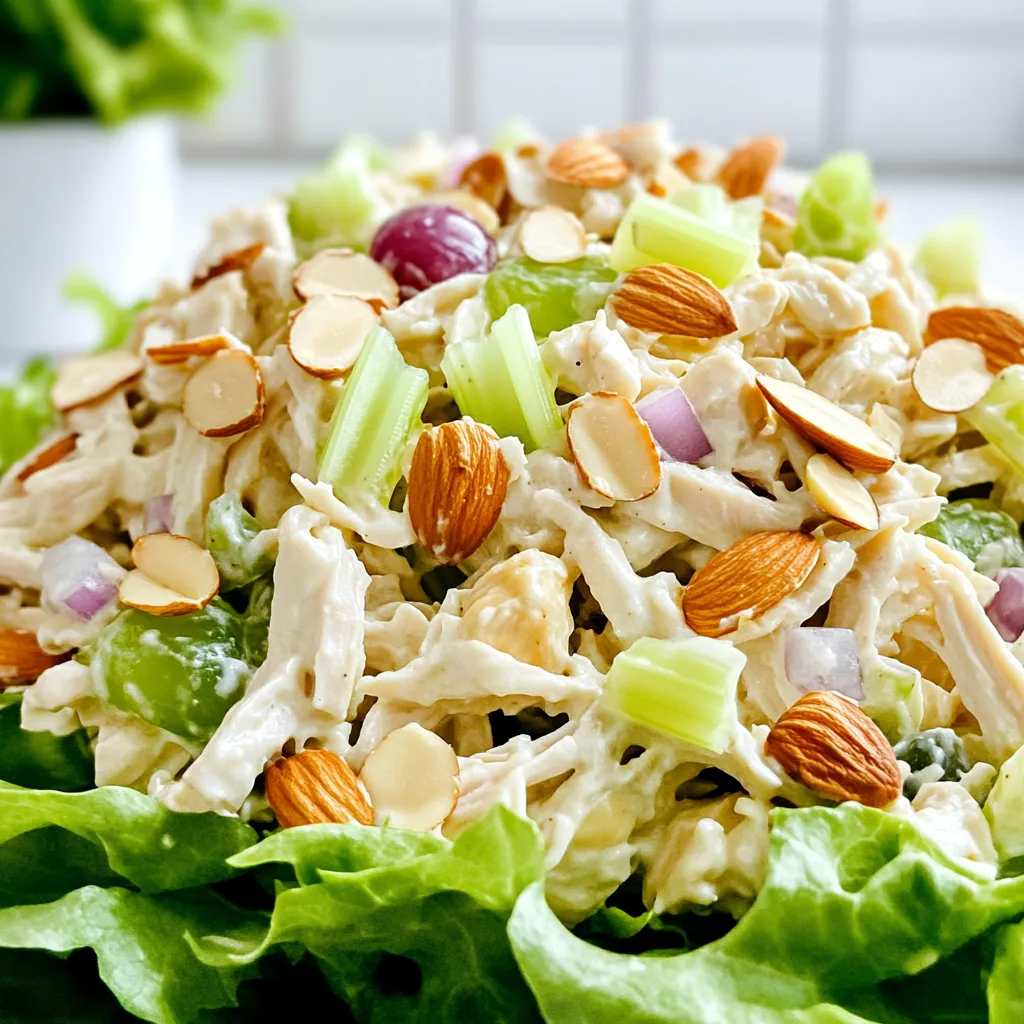 To make this classic chicken salad, gather these key items: - 2 cups cooked chicken breast, shredded - 1 cup mayonnaise - ¼ cup celery, finely chopped - ¼ cup red onion, finely chopped - 1 tablespoon Dijon mustard - 1 teaspoon garlic powder - 1 teaspoon onion powder - ½ teaspoon salt - ¼ teaspoon black pepper These ingredients combine to create a rich, creamy base. The chicken provides protein, while the mayo adds creaminess. Celery and onion bring crunch and flavor. You can add more fun with these optional items: - ¼ cup sliced almonds (for crunch) - ¼ cup grapes, halved (for sweetness) These add-ins give your salad extra texture and flavor. Almonds create a nice contrast, and grapes add a sweet touch. If you need to swap out some ingredients, consider these options: - Greek yogurt instead of mayonnaise for a lighter dish - Cooked turkey for a different protein - Chopped apples instead of grapes for a fruity twist These substitutions keep the recipe fresh and fun. Adjust based on what you have at home or your dietary needs. Start with 2 cups of cooked chicken breast. I like to use rotisserie chicken for ease. Shred the chicken into small pieces. This helps it mix well with other ingredients. Place the shredded chicken in a large mixing bowl. This bowl will hold all your tasty mix-ins. Now, add 1 cup of mayonnaise to the chicken. Mix it until the chicken is creamy and coated. Next, add ¼ cup of finely chopped celery and ¼ cup of finely chopped red onion. Gently fold these in so they blend well. Then, stir in 1 tablespoon of Dijon mustard, 1 teaspoon of garlic powder, 1 teaspoon of onion powder, ½ teaspoon of salt, and ¼ teaspoon of black pepper. This adds great flavor. If you want crunch, fold in ¼ cup of sliced almonds. For sweetness, add ¼ cup of halved grapes and mix gently. Cover the bowl with plastic wrap. Chill it in the fridge for at least 1 hour. This helps the flavors mix. When you’re ready to serve, scoop the chicken salad onto fresh lettuce leaves. You can also use it as a filling for sandwiches or wraps. If you like, sprinkle extra sliced almonds on top for presentation. Enjoy your tasty creation! To get the best creamy texture, use good mayonnaise. I prefer a brand that tastes fresh. Mix it well with cooked chicken. Shredding the chicken finely also helps. It makes every bite smooth. If you want extra creaminess, add more mayo. You can also try using Greek yogurt for a lighter touch. Store your chicken salad in the fridge. Use an airtight container to keep it fresh. It lasts about three to four days. For serving, scoop it onto fresh lettuce leaves. You can also make sandwiches or wraps. If you have guests, use a platter for a nice display. For a pop of color, garnish with sliced almonds. Seasonings are key to a great chicken salad. Garlic powder and onion powder add depth. Dijon mustard gives a tangy kick, which I love. Adjust the salt and pepper to suit your taste. If you want more zing, add a squeeze of lemon juice. For sweetness, toss in grapes. Each ingredient adds its own charm. {{image_2}} You can make this chicken salad fit many diets. For a low-fat option, use Greek yogurt instead of mayonnaise. If you want to go dairy-free, choose a vegan mayo. People with nut allergies can skip the almonds. Instead, try sunflower seeds for crunch. If you need gluten-free, serve on lettuce or use gluten-free bread. This chicken salad is very versatile. You can serve it in many ways. Scoop it onto fresh lettuce leaves for a light meal. Use it as a filling for wraps or sandwiches. You can even serve it in a baked potato for a filling lunch. It also makes a great topping for crackers or cucumber slices. You can add fun twists to the classic chicken salad. Try mixing in diced apples for crunch and sweetness. You can also add curry powder for a spicy kick. For a Mediterranean twist, mix in olives and feta cheese. If you love heat, add some diced jalapeños. The options are endless, so get creative! To keep your chicken salad fresh, store it in a glass or plastic container. Make sure the container has a tight lid. This helps seal in moisture and flavor. If you have leftovers, cool them down before putting them in the fridge. Always try to eat your chicken salad within a few days for the best taste. You don’t need to reheat chicken salad. It tastes best cold. If you want a warm meal, try using the chicken salad in a wrap or sandwich with toasted bread. This gives you a warm dish while keeping the salad cold and fresh. Chicken salad can last in the fridge for about three to five days. Check for signs of spoilage before eating. If you notice a sour smell, change in color, or slimy texture, it's best to throw it away. Always trust your senses. If something seems off, don’t eat it. Staying safe is key! You can make this chicken salad healthier by using Greek yogurt instead of mayonnaise. Greek yogurt adds creaminess and protein. You can also add more veggies, like diced bell peppers or carrots, for extra nutrients. Use grilled chicken instead of fried chicken for a leaner option. Reducing the amount of salt and using fresh herbs can also enhance flavor without extra calories. Yes, you can freeze chicken salad. However, the texture may change when thawed. To freeze, place it in an airtight container. Leave some space at the top for expansion. When ready to eat, thaw it in the fridge overnight. Stir well before serving. Note that ingredients like grapes and almonds might not hold up well after freezing. Chicken salad pairs well with many sides. Here are some ideas: - Toasted bread or croissants for sandwiches - Fresh vegetables like carrots and cucumbers - Crackers or pita chips for crunch - A side salad with mixed greens - Fruit salad for a refreshing touch Chicken salad lasts about three to five days in the fridge. Make sure to store it in an airtight container. Check for any off smells or changes in texture before eating. If you see any signs of spoilage, it's best to discard it. Always remember to refrigerate the salad within two hours of making it. This blog post covered all the key parts of making chicken salad. We shared essential ingredients, tips for texture, and creative ways to serve it. You learned how to store leftovers and answers to common questions. Making chicken salad can be fun and easy with the right steps. Now, you can impress friends with your tasty dish. Enjoy the process and make it your own!