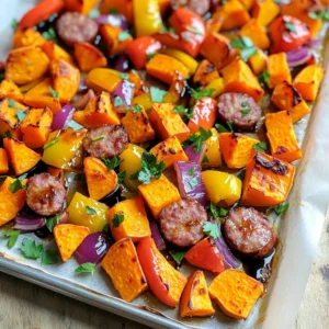 - 1 pound smoked sausage, sliced into 1-inch pieces - 2 medium sweet potatoes, peeled and cubed - 1 red bell pepper, chopped - 1 yellow bell pepper, chopped - 1 red onion, chopped For this dish, I use smoked sausage for its rich taste. Sweet potatoes add a nice sweetness. The peppers and onion bring color and crunch. - 3 tablespoons balsamic glaze - 2 tablespoons olive oil - 1 teaspoon garlic powder - 1 teaspoon dried thyme - 1/2 teaspoon smoked paprika - Salt and pepper to taste The balsamic glaze adds depth. Olive oil helps everything roast well. Garlic powder, thyme, and paprika bring out the flavors. Salt and pepper balance the dish. - Fresh parsley, chopped (for garnish) Fresh parsley adds a burst of color. It gives a fresh taste and makes the dish look pretty. Always sprinkle it on just before serving. - Preheating the oven Start by preheating your oven to 425°F (220°C). This step helps cook the dish evenly. - Preparing the ingredients Next, peel and cube the sweet potatoes. Chop the red and yellow bell peppers and the red onion. Slice the smoked sausage into 1-inch pieces. - Combining ingredients In a large mixing bowl, add the sausage, sweet potatoes, bell peppers, and onion. - Adding seasonings Drizzle olive oil and balsamic glaze over the mixture. Sprinkle in garlic powder, thyme, smoked paprika, salt, and pepper. Toss everything well. You want each piece coated nicely with flavor. - Spreading on the baking sheet Spread the mixture onto a large baking sheet lined with parchment paper. Make sure to give space between the pieces for even cooking. - Cooking times and techniques Bake in the oven for 25-30 minutes. Stir halfway through to ensure even cooking. The sweet potatoes should become tender, and the sausage should brown nicely. To make sweet potatoes soft and tasty, cook them until tender. This takes about 25 to 30 minutes. Check them by poking with a fork. If it goes in easily, they are ready. Cutting sweet potatoes into uniform cubes helps them cook evenly. Aim for 1-inch pieces. This size allows them to roast well and absorb flavors. You can use many types of sausage for this dish. Smoked sausage adds great flavor, but you can choose chicken or turkey sausage for a lighter option. For dietary needs, try plant-based sausages. They work well and keep the meal tasty. Just check the package for cooking times. Want to boost flavor? Add herbs like rosemary or oregano. A pinch of red pepper flakes can add heat. For marinating, let the sausage and veggies sit in balsamic glaze for 30 minutes before cooking. This helps flavors blend better. Enjoy your meal with a flavor kick! {{image_2}} You can add many other veggies to this dish. Consider using broccoli, zucchini, or carrots. These veggies cook well and add great taste and color. Seasonal swaps work well too. In fall, try adding Brussels sprouts or butternut squash. In summer, fresh corn or green beans shine. If you prefer chicken, use boneless thighs or breasts. Cut them into bite-sized pieces just like the sausage. Tofu is another great choice for a vegetarian dish. Firm tofu holds up well during cooking. For a vegan option, skip the sausage and tofu, and focus on the veggies and balsamic glaze. You can change the glaze for a new taste. Try a honey mustard or teriyaki sauce for a different vibe. If you like some heat, add red pepper flakes or sliced jalapeños. These twists make the dish exciting and cater to your taste buds. To store leftovers, let the dish cool down first. Place it in an airtight container. This keeps it fresh and tasty. You can store it in the fridge for up to three days. For the best taste, eat it within two days. If you want to freeze it, use a freezer-safe container. Portion it out into smaller servings. Make sure to leave some space at the top for expansion. You can freeze it for up to three months. When ready to eat, thaw it in the fridge overnight. Reheat in the oven or microwave until hot. You can prepare this dish in advance. Pre-chop the sweet potatoes and veggies. Store them in the fridge to save time. Portion the sausage into bags so they are ready to use. This makes cooking easy on busy days. Yes, you can use raw sausage. Just remember to cook it longer. Raw sausage needs more time to reach a safe temperature. Cook it for about 30-35 minutes. Check that it is no longer pink inside. This change may also change the flavor. Smoked sausage has a rich taste that raw sausage does not. This dish pairs well with several sides. Here are some ideas: - A fresh green salad adds a nice crunch. - Quinoa or rice can soak up the flavors. - Roasted broccoli or green beans make a great veggie side. - Garlic bread is tasty for a hearty meal. The total cooking time is about 45 minutes. This includes 15 minutes of prep and 25-30 minutes of baking. Make sure to stir halfway to ensure even cooking. The sweet potatoes should be tender and the sausage browned when done. Yes, this dish can be made gluten-free. All the main ingredients are gluten-free. Just ensure your balsamic glaze is also gluten-free. Some brands may add gluten-based thickeners. Check the label to be safe. This blog post detailed a tasty dish made with smoked sausage, sweet potatoes, and veggies. I shared steps for mixing, baking, and perfecting the dish. You can adjust flavors and ingredients to fit your style. Remember to store leftovers properly to enjoy them later. By making simple changes, like using different proteins or glazes, you can keep the meal exciting. Experiment and have fun! With these tips, you'll create a dish that everyone loves.