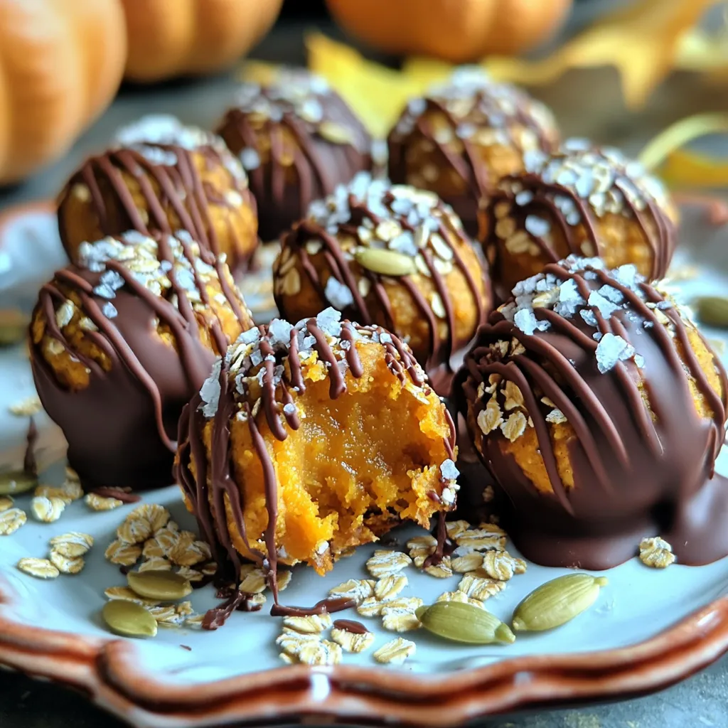 To make your Salted Caramel Pumpkin Bites, gather these ingredients: - 1 cup pumpkin puree - ½ cup almond butter (or any nut butter of your choice) - ⅓ cup maple syrup - 1 teaspoon vanilla extract - 1 teaspoon pumpkin pie spice - 1 cup rolled oats - ¼ cup coconut flour - ¼ teaspoon sea salt - ½ cup chocolate chips (for drizzling) - Additional sea salt for sprinkling These ingredients blend together to create a sweet and creamy treat. The pumpkin gives it a lovely flavor, while the almond butter adds a nice creaminess. You might not have all the ingredients at home. Here are some easy swaps: - Nut Butter: You can use peanut butter or sunflower seed butter if you prefer. - Maple Syrup: Honey or agave syrup works well too. - Coconut Flour: Try using almond flour if you have it. These substitutions will still keep your bites delicious! Want to make these bites even healthier? Here are some tips: - Use natural nut butter with no added sugar or oil. - Swap maple syrup for a sugar-free sweetener like monk fruit or stevia. - Add chia seeds or flax seeds for extra fiber and nutrients. These changes can boost the nutrition of your tasty bites while keeping them enjoyable! Start with a large bowl. Add 1 cup of pumpkin puree. Next, include ½ cup of almond butter. Pour in ⅓ cup of maple syrup. Add 1 teaspoon of vanilla extract and 1 teaspoon of pumpkin pie spice. Mix these ingredients until smooth and creamy. This base will be the heart of your bites. Now, it’s time for the dry ingredients. Add 1 cup of rolled oats and ¼ cup of coconut flour. Mix everything well. You want a thick dough that holds its shape. If it feels too sticky, add a bit more coconut flour. It should be easy to handle. Once your mixture is ready, use your hands to form small balls. Aim for about 1 inch in diameter. This size is perfect for popping in your mouth. Place each ball on a lined baking sheet. Make sure they are spaced out. This allows for easy handling later. After shaping all the bites, pop the baking sheet into the fridge. Chill them for about 30 minutes. This step helps them firm up. A good chill makes them easier to drizzle with chocolate later on. While the bites chill, it’s time to melt the chocolate. Use ½ cup of chocolate chips. Place them in a microwave-safe bowl. Heat them in 20-second bursts. Stir after each round until melted. Be careful not to overheat the chocolate. Once the pumpkin bites are firm, take them out of the fridge. Use a fork or spoon to drizzle the melted chocolate over each bite. Get creative with your drizzling pattern. It adds a nice touch! Before the chocolate sets, sprinkle a small pinch of sea salt on top. This salt enhances the flavor and gives a salted caramel vibe. After drizzling and salting, place the bites back in the fridge. Let them chill for another 15-20 minutes. This step ensures the chocolate hardens nicely. Now you have delightful no-bake salted caramel pumpkin bites ready to enjoy! To make your pumpkin bites shine, use fresh pumpkin puree. It adds great flavor. Make sure your almond butter is creamy. This helps bind the mixture. If it feels too dry, add a touch more maple syrup. Chill the bites well after shaping. This step helps them hold their shape when drizzling chocolate. When melting chocolate, patience is key. Use a microwave-safe bowl. Heat the chocolate in 20-second bursts. Stir well between each burst. This helps avoid burning. If the chocolate is thick, add a teaspoon of coconut oil. This will make it smoother and easier to drizzle. Serve your pumpkin bites on a colorful plate. Drizzle more melted chocolate around the edges. For a fun touch, sprinkle pumpkin seeds on top. You can also add a dash of cinnamon for extra flavor. These bites are perfect for parties or a cozy night in. Enjoy them with a warm drink for a tasty treat! {{image_2}} You can change the taste of your pumpkin bites easily. Try adding a bit of cinnamon for warmth. A splash of coconut extract can bring a tropical flair. You can also mix in mini chocolate chips for extra sweetness. If you like nuts, chopped pecans or walnuts add a nice crunch. While almond butter is great, you have options. Cashew butter gives a creamier texture. Peanut butter adds a rich flavor and pairs well with chocolate. For a fun twist, try sunflower seed butter for a nut-free alternative. Each nut butter brings its own unique taste to the bites. If you need to avoid nuts, don’t worry! Use sunflower seed butter instead of nut butters. You can also swap in coconut yogurt for creaminess. This keeps the texture smooth while keeping it nut-free. Just make sure to check for allergens in your other ingredients. Enjoy these bites with peace of mind! To keep your salted caramel pumpkin bites fresh, place them in an airtight container. Use parchment paper between layers to prevent sticking. Store them in the fridge for the best taste. This helps maintain their chewy texture and rich flavor. You can freeze these bites for later enjoyment. Place them in a single layer on a baking sheet. Once frozen, transfer them to an airtight freezer bag. They can stay fresh in the freezer for up to three months. Thaw them in the fridge before serving. When stored properly, these pumpkin bites last about one week in the fridge. If you freeze them, they can last up to three months. Enjoy them fresh for the best flavor, but they are still tasty after a week! Yes, you can make these bites ahead of time. I often prepare them a day in advance. Just store them in an airtight container in the fridge. They stay fresh and tasty for about a week. This makes them perfect for parties or snacks. You can pop them out whenever you want a sweet treat. If you can’t find pumpkin puree, try using sweet potato puree. It gives a similar flavor and texture. You could also use butternut squash puree as a great option. Both substitutes work well in this recipe. Just make sure they are smooth and creamy for the best results. To get the chocolate drizzle to harden, melt the chocolate slowly. Use a microwave in short bursts, stirring in between. After drizzling it over the bites, refrigerate them for 15-20 minutes. This helps the chocolate set nicely. If it still feels soft, let it chill a bit longer. In this article, we explored various aspects of making delicious pumpkin bites. We looked at ingredients, step-by-step instructions, and helpful tips. You learned about substitutions and even storage options. Remember, creating these bites can be fun and easy. Don’t hesitate to try new flavors or nut butters. With the right techniques, you’ll impress everyone with your tasty treats! Enjoy experimenting with your pumpkin bites recipe!