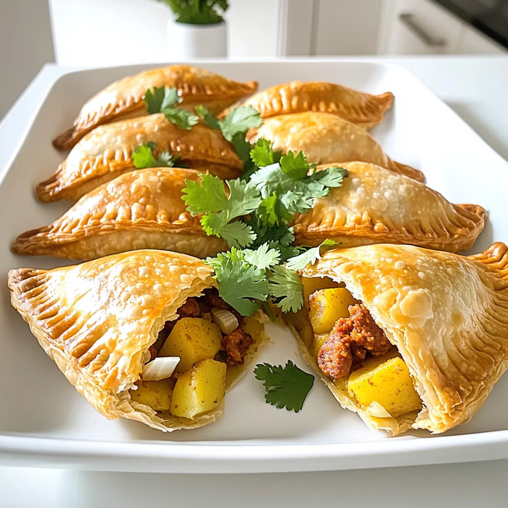 - 1 lb Mexican chorizo sausage - 1 medium onion, finely chopped - 2 cloves garlic, minced - 1 cup potatoes, peeled and diced - 1 teaspoon cumin - 1 teaspoon smoked paprika - Salt and pepper to taste The star of these empanadas is the Mexican chorizo sausage. Its bold flavor brings warmth and spice to each bite. I always use fresh chorizo, which has a rich, savory taste. Next, I add onion and garlic for depth. They create a lovely aroma and enhance the overall taste. Diced potatoes make the filling hearty and satisfying. Seasonings like cumin and smoked paprika add layers of flavor. A pinch of salt and pepper brings everything together. - 1 package (2 sheets) refrigerated pie crusts - Homemade empanada dough You can choose between quick refrigerated pie crust or make homemade dough. Refrigerated crust saves time and works well. It rolls out easily and creates flaky layers. If you want to make your dough, it gives a more personal touch. Homemade dough can be tailored to your taste. It’s fun to create a unique texture and flavor. - ½ cup fresh cilantro, chopped - 1 egg, beaten (for egg wash) - Cooking oil for frying Garnishes can elevate your empanadas. Fresh cilantro adds brightness and a pop of color. An egg wash gives a beautiful golden finish to baked empanadas. If you prefer frying, use cooking oil to achieve a crispy exterior. These small touches make a big difference! 1. Cooking chorizo: Begin by heating a skillet over medium heat. Add 1 pound of Mexican chorizo sausage. Cook it for about 5 minutes. Use a spoon to break it apart as it cooks until it browns. 2. Adding onion and garlic: Next, add 1 medium onion, finely chopped, and 2 cloves of minced garlic. Stir these in for about 3 to 4 minutes. You want the onion to be soft and fragrant. 3. Incorporating potatoes and seasonings: Now, add 1 cup of peeled and diced potatoes. Mix in 1 teaspoon of cumin and 1 teaspoon of smoked paprika. Season with salt and pepper to taste. Stir well. Cover the skillet and cook for about 10 minutes. If the mixture seems dry, splash in a little water. Stir occasionally until the potatoes are tender. Once done, add ½ cup of chopped fresh cilantro. Adjust the seasoning if needed. Remove the filling from heat and let it cool slightly. 1. Rolling out pie crust: If you use store-bought pie crust, unroll the dough. If you prefer homemade, roll it out on a floured surface. Aim for a thin layer. 2. Cutting dough into circles: Use a biscuit cutter or knife to cut circles about 3 to 4 inches in diameter. Gather any scraps and roll them out again to cut more circles. 1. Filling and sealing technique: Take one dough circle. Place about 1 tablespoon of the chorizo filling on one half. 2. Ensuring a proper seal: Fold the other half of the dough over the filling. Press the edges together to seal. Use a fork to crimp the edges. This helps keep the filling inside. Repeat this until you use all the dough and filling. 1. Frying instructions: If you choose to fry, heat oil in a deep skillet over medium heat. Fry the empanadas in batches for about 3 to 4 minutes per side. They should be golden brown. Transfer them to a paper towel-lined plate to drain any excess oil. 2. Baking instructions: For baking, preheat your oven to 400°F (200°C). Place the filled empanadas on a baking sheet lined with parchment paper. Brush the tops with a beaten egg for a shiny finish. Bake for 18 to 20 minutes until golden brown. To avoid soggy dough, handle your filling carefully. Ensure it isn't too wet before sealing. If it's too moist, it can make the dough soggy. To ensure even cooking, keep the empanadas the same size. This helps them cook evenly. Adjust spices to taste by starting with less. You can always add more flavor later. You can change the filling for different tastes. Try ground beef or black beans for a twist. For a spicier kick, add jalapeños or chili powder. Mix in cheese for a creamy texture. You can also add more herbs for freshness. If you have leftover chorizo filling, don't waste it! Use it in tacos, burritos, or on top of nachos. You can also add it to scrambled eggs for breakfast. Store any leftover filling in the fridge. Use it within three days for the best flavor. {{image_2}} You can easily make vegetarian empanadas. Start by replacing the chorizo with plant-based sausage. There are many great brands available. You can also use black beans or lentils as a filling. Adding vegetables like bell peppers, zucchini, or mushrooms gives more flavor. You can mix in spices like cumin and smoked paprika for depth. This creates a filling that is both tasty and hearty. Mixing flavors can take your empanadas to the next level. Try adding cheese for a creamy texture. Queso fresco or shredded mozzarella works well. Beans are another great addition. They add protein and make the filling more filling. For a twist, think sweet and savory. You can add some diced apples or pears. This gives a nice contrast to the spices in the chorizo. Empanadas differ across Mexico. In some regions, they use corn masa instead of dough. These empanadas can be thicker and chewier. Other places add unique ingredients like olives or raisins. When we compare to Latin American styles, they also vary. For example, Argentinian empanadas often have beef or chicken. Each region has its own twist, making empanadas a fun dish to explore. After you make your empanadas, let them cool. Then, store them in the fridge. Place them in an airtight container. They will stay fresh for about 3 to 4 days. If you want to keep them longer, freeze them. To freeze, wrap each empanada in plastic wrap. Then, place them in a freezer bag. This helps prevent freezer burn. You can freeze them for up to 3 months. When you are ready to eat them, thaw in the fridge overnight. To reheat empanadas, the oven is best. Preheat your oven to 350°F (175°C). Place empanadas on a baking sheet. Heat them for about 10 to 15 minutes. This keeps them crispy and warm. If you want a quick method, use the microwave. But be careful, as this can make them soggy. Heat for 30 seconds first, then check. If they are not warm enough, heat in 10-second bursts. This way, you keep the flavors intact. Yes, you can make empanadas ahead of time. Here are some tips: - Prepare the filling: You can cook the chorizo filling and store it in the fridge for up to three days. - Make the empanadas: Assemble the empanadas and place them on a baking sheet. - Freezing: If you want to freeze them, do not cook them first. Instead, freeze the uncooked empanadas on the baking sheet. Once frozen, transfer them to a freezer bag. - Cooking: When you're ready, cook them straight from the freezer. You might need to add a few extra minutes to the cooking time. Mexican chorizo empanadas pair well with various sides and sauces: - Salsa: Fresh salsa adds zest and flavor. - Guacamole: Creamy guacamole balances the spice. - Mexican crema: Use it for a rich and tangy dip. - Salad: A light salad can freshen up the meal. - Rice or beans: These make for a hearty side. To check if the empanadas are done, look for these signs: - Color: They should turn golden brown on the outside. - Texture: The dough should feel firm and not soggy. - Juices: If baked, cut one open to see if the filling is hot and bubbly. - Crispness: When fried, they should feel crisp on the outside. Yes, you can use store-bought dough. Here are some pros and cons: - Pros: Saves time and effort. You can find it in most grocery stores. - Cons: It may not taste as fresh as homemade dough. The texture can be different too. - Homemade: If you have time, making your own dough allows for a better flavor and texture. Empanadas are a fun and tasty dish, easy to make with simple ingredients. Start with chorizo and spices for flavorful filling. You can choose between store-bought dough or make your own. Seal the empanadas well to keep them juicy. Frying gives a crispy bite, while baking offers a lighter option. With tips for customization and storage, you can enjoy them anytime. Explore variations to suit any taste. Empanadas are not just meals; they are a way to get creative in the kitchen.
