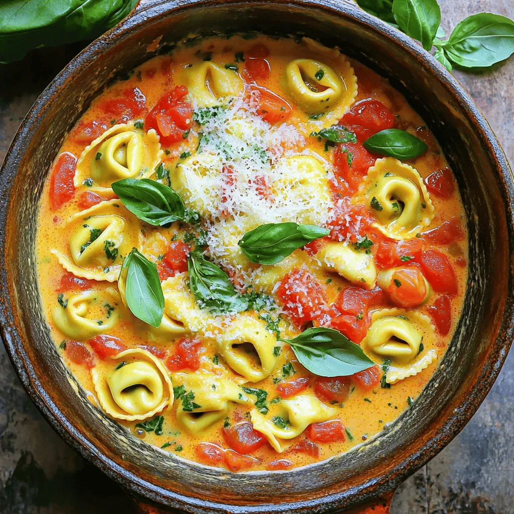 - 2 cups fresh tortellini (cheese or spinach-filled) - 1 can (14 oz) diced tomatoes, undrained - 1 cup vegetable broth - 1 cup heavy cream (or coconut cream for a dairy-free option) - 2 cloves garlic, minced - 1 teaspoon Italian seasoning - Salt and pepper to taste - 1 cup fresh basil leaves, chopped - 1 tablespoon olive oil - Grated Parmesan cheese for serving (optional) These ingredients create a rich and creamy dish. The tortellini brings a lovely texture. Diced tomatoes add a sweet and tangy flavor. Heavy cream makes the sauce smooth and luscious. Garlic and Italian seasoning boost the taste. Fresh basil gives it a fresh aroma. You can add your favorite veggies. Spinach or mushrooms work well here. For protein, try shredded chicken or cooked sausage. You can also use different cheeses. Feta or mozzarella can enhance the flavor. If you need a dairy-free option, use coconut cream instead of heavy cream. For a gluten-free version, choose gluten-free tortellini. You can swap vegetable broth with chicken broth if you prefer. Adjust seasonings to match your taste. 1. First, grab a large pot and heat the olive oil on medium heat. 2. Add the minced garlic and sauté it for about 1 minute. It should smell good, but do not let it burn. 3. Next, pour in the can of diced tomatoes without draining. Stir it in well. 4. Let the tomatoes cook for 3-4 minutes, letting their flavor shine. 5. After that, add the vegetable broth and heavy cream to the pot. Mix it all together. 6. Sprinkle in the Italian seasoning, salt, and pepper. Bring the mixture to a gentle simmer. 7. Once it simmers, add the fresh tortellini. Make sure they are well covered in the creamy sauce. 8. Cook the tortellini for 4-6 minutes. Stir occasionally until they are tender and fully cooked. 9. When done, take the pot off the heat and fold in the fresh basil leaves. Stir gently until they wilt. 10. Finally, serve the creamy tortellini in bowls. You can sprinkle Parmesan cheese on top if you like. - Prep time is just 10 minutes, making this quick and easy. - Total cooking time is about 20 minutes. - Stir often to prevent sticking and ensure even cooking. - Adjust the salt and pepper to fit your taste. - Serve with a side of crusty bread for dipping. - A green salad pairs well for a light meal. - For a fun twist, add grilled chicken or shrimp on top. - Garnish with extra basil or a drizzle of olive oil for flavor. To get a smooth and creamy sauce, use heavy cream. If you want a lighter option, coconut cream works well too. Start with medium heat when adding cream to avoid curdling. Stir gently as it heats. Let it simmer, not boil, to keep the cream from separating. Fresh tortellini cooks quicker than dried pasta. Keep an eye on it while cooking. Stir gently during the cooking time to prevent sticking. If you like a firmer bite, cook for the lower end of the time range. Always taste a piece to check doneness. For extra flavor, try adding fresh herbs like thyme or oregano when you add the garlic. You can also boost the taste with a splash of balsamic vinegar or a pinch of red pepper flakes. Grated Parmesan cheese not only adds flavor but also enriches the sauce. Don't forget to fold in the basil at the end for a fresh finish! {{image_2}} You can easily make this dish dairy-free. Replace heavy cream with coconut cream. This swap gives a rich flavor. You still get a smooth texture. Use the same amount of coconut cream as heavy cream. Feel free to boost the dish with veggies or protein. Spinach, mushrooms, or bell peppers work well. Add about one cup of chopped vegetables. For protein, try cooked chicken or beans. Stir them in along with the tortellini. Want to change the taste? Switch up the sauce! Use pesto instead of tomatoes for a fresh twist. You can also try a creamy garlic sauce. Add some red pepper flakes for heat. Adjust the seasonings to match your taste. Store leftover tortellini in an airtight container. Let it cool down first. Keep it in the fridge for up to three days. Make sure to seal it well. This keeps the flavors fresh and delicious. To freeze, place cooled tortellini in a freezer-safe bag. Remove as much air as possible. Label the bag with the date. You can freeze it for up to three months. This way, you can enjoy it later on a busy night. When you're ready to eat, reheat gently. You can use the microwave or a pot. If using a pot, add a splash of water or broth. This helps keep it creamy. Heat it on low and stir often. Enjoy your tasty meal! You can serve One-Pot Creamy Tomato Basil Tortellini with a simple green salad. A salad with mixed greens and a light vinaigrette works well. Garlic bread is another great choice. It adds a nice crunch. You can also pair it with roasted veggies for extra flavor. If you like protein, grilled chicken or shrimp can complement the dish. Yes, you can use frozen tortellini. Just add them directly to the pot. You might need to cook them a little longer. Check the package for specific cooking times. This way, you can enjoy a quick meal without extra prep. Frozen tortellini still tastes great in this creamy sauce. To make this recipe gluten-free, choose gluten-free tortellini. Many brands offer tasty options. Check the ingredients to ensure they fit your diet. You can also use gluten-free pasta, like rice or quinoa pasta. The cooking time might vary, so keep an eye on it as it cooks. This blog post covered everything you need for One-Pot Creamy Tomato Basil Tortellini. We discussed the key ingredients and how to customize them to fit your taste. I shared step-by-step cooking instructions, including tips for perfect texture and flavor. You learned about variations, storage, and some frequently asked questions. Now, you can make a tasty meal with ease. Enjoy creating and sharing this comforting dish with family and friends!