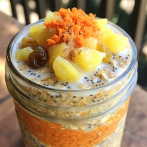 To make Carrot Cake Overnight Oats, you will need: - 1 cup rolled oats - 1 cup unsweetened almond milk (or milk of choice) - 1 medium carrot, grated - 1 tablespoon chia seeds - 1 tablespoon maple syrup (or honey) - ½ teaspoon ground cinnamon - ¼ teaspoon nutmeg - ¼ cup crushed pineapple, drained - ¼ cup raisins or currants - 2 tablespoons chopped walnuts (optional) - Pinch of salt - 1 teaspoon vanilla extract These simple ingredients blend to create a delicious dish. Each one adds flavor and texture. You can add these for extra flavor and nutrition: - 2 tablespoons shredded coconut - 1 tablespoon flax seeds - Fresh fruit like bananas or berries - A scoop of protein powder Feel free to mix and match! These add-ins boost taste and nutrition. - Rolled oats: Great source of fiber. They keep you full longer. - Almond milk: Low in calories and dairy-free. It's a good alternative for many. - Carrots: Packed with vitamins and good for your eyes. - Chia seeds: High in omega-3s. They help keep your heart healthy. - Maple syrup: Natural sweetener with antioxidants. - Ground cinnamon: May help lower blood sugar levels. - Nutmeg: Adds flavor and has anti-inflammatory properties. - Pineapple: Contains bromelain, good for digestion. - Raisins or currants: Add natural sweetness and iron. - Walnuts: Source of healthy fats and protein. - Salt: Enhances flavors in the dish. - Vanilla extract: Adds a warm, sweet flavor. Each ingredient plays a role in making this dish tasty and healthy. You get a blend of flavors along with important nutrients! First, gather your ingredients. You need rolled oats, almond milk, a grated carrot, chia seeds, and maple syrup. Add ground cinnamon, nutmeg, crushed pineapple, raisins, walnuts, salt, and vanilla extract. In a mixing bowl, combine the rolled oats and almond milk. Then, stir in the grated carrot and chia seeds. Pour in the maple syrup, ground cinnamon, nutmeg, and a pinch of salt. Mix well until everything is combined. Next, fold in the crushed pineapple and raisins or currants. If you like, add chopped walnuts for some crunch. Finally, stir in the vanilla extract. This mixture will be the base of your overnight oats. Once your oat mixture is ready, transfer it to a mason jar or an airtight container. Make sure it is sealed tightly to keep the freshness in. Place the jar in the refrigerator overnight. This process allows the oats to soak up the liquid and flavors. Letting it sit overnight helps soften the oats. In the morning, you will have a creamy and tasty mix waiting for you. When you are ready to enjoy your oats, give them a good stir. If you want a thinner mixture, add a splash of almond milk. For toppings, try adding more grated carrot or a sprinkle of cinnamon. You can also add extra walnuts for crunch. If you like, drizzle a bit more maple syrup on top for added sweetness. Enjoy this tasty breakfast! To get the best texture in your carrot cake overnight oats, use rolled oats. They soak up liquid well without getting mushy. Mix them with almond milk, grated carrot, and chia seeds. Chia seeds help thicken the oats, giving them a nice creamy feel. Let them sit overnight in the fridge. This allows the oats to soften and the flavors to blend. If you want a thinner texture, add a splash of milk in the morning. Adjusting the sweetness is simple. Start with one tablespoon of maple syrup or honey. This gives a mild sweetness that feels just right. If you like it sweeter, add more syrup a little at a time. You can also use the crushed pineapple for extra sweetness. Taste before you serve. This way, you can customize the oats to fit your preference. Making these oats ahead of time is easy. You can prep a few jars at once for busy mornings. Just follow the steps and divide the mixture into mason jars. Store them in the fridge for up to five days. This makes breakfast quick and hassle-free. If you want to switch things up, you can change the toppings daily. This keeps your meal prep fresh and exciting! {{image_2}} You can easily make this dish vegan and gluten-free. To do this, use almond milk or oat milk. Both are great choices and keep the oats creamy. Make sure your oats are certified gluten-free. This helps avoid any cross-contamination. You can also skip the honey and stick with maple syrup for sweetness. If you want to change the sweetener, try agave nectar or coconut sugar. Both options add unique flavors. Agave nectar is lighter and less thick. Coconut sugar gives a rich, caramel taste. You can adjust the amount based on your taste buds. Start with a small amount and add more if needed. Spices can really change the taste. You could add ginger for a kick or cloves for warmth. Adding fruits can also change things up. Try diced apples for crunch or banana for creaminess. You can even mix in a bit of cocoa for a chocolate twist. The options are endless, and you can make this dish your own. To keep your carrot cake overnight oats fresh, store them in an airtight container. Glass jars work well. Make sure the lid seals tightly. Place the jar in the fridge. This keeps the oats soft and the flavors rich. If you want to save your oats for later, freezing is a great option. First, let the oats cool completely. Then, scoop them into freezer-safe containers. Leave some space at the top for expansion. When ready to eat, thaw them in the fridge overnight. You can also microwave them for a quick meal. In the refrigerator, your carrot cake overnight oats last for about 3 to 5 days. You’ll notice the oats may thicken as they sit. If they get too thick, just stir in a little milk before serving. If you freeze them, they can last for up to 3 months. Just remember to check for any signs of freezer burn before eating. You can store overnight oats in the fridge for up to five days. This means you can make a batch and enjoy them all week. Just remember to keep them in an airtight container to stay fresh. Yes, you can use quick oats! They will soak up the liquid faster. This might change the texture, making them creamier. If you like a smoother feel, go for quick oats. If you prefer a chewier bite, stick with rolled oats. There are many ways to make this recipe your own! Here are some fun ideas: - Add more spices like ginger or cloves for extra flavor. - Swap in different fruits like apples or bananas. - Use different nuts like pecans or almonds for a new crunch. - Try different types of milk, like coconut or oat milk for a twist. - Use sweeteners like agave syrup or stevia if you want less sugar. Feel free to mix and match these options to suit your taste! This article covered everything you need to make delicious carrot cake overnight oats. We explored each ingredient and its benefits. I shared step-by-step instructions for easy prep. You got tips for perfect texture and sweetness. Plus, we discussed variations like vegan options and different flavors. Remember, customize your oats to your taste. Enjoy the ease and health benefits of this dish. Now, go ahead and make your own tasty overnight oats!