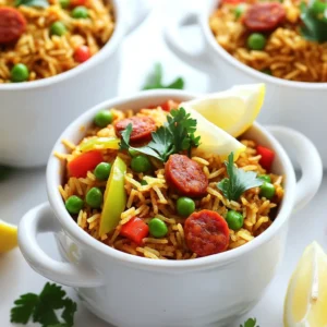 - 1 cup basmati rice, rinsed - 200g Spanish chorizo, diced - 1 medium onion, finely chopped - 2 cloves garlic, minced - 1 red bell pepper, diced - 1 green bell pepper, diced - 1 cup frozen peas - 1 can (14 oz) diced tomatoes, drained - 2 cups chicken or vegetable broth - 1 teaspoon smoked paprika - 1 teaspoon cumin - Salt and pepper to taste - 2 tablespoons olive oil - Fresh parsley, chopped (for garnish) - Lemon wedges (for serving) To cook this dish, you will need a large pot or a deep skillet. A wooden spoon helps mix the ingredients well. Use a measuring cup for the rice and broth. Make sure to have a sharp knife for chopping vegetables. A cutting board is essential for safety and ease. Lastly, have a fork ready to fluff the rice once it’s done. I suggest using fresh herbs like parsley for garnish. Fresh lemon adds a bright touch to the dish. Choose ripe chorizo for a better taste. Use fresh onions and bell peppers for crunch and flavor. These fresh ingredients enhance the meal's overall taste and presentation. Start by heating 2 tablespoons of olive oil in a large pot over medium heat. Add 200g of diced Spanish chorizo. Sauté it for 3-4 minutes until it turns crispy and brown. The oil will soak up the chorizo's flavor. After browning the chorizo, remove it from the pot and set it aside. Keep the oil in the pot for the next steps. Now, add 1 medium onion, finely chopped, and 2 minced garlic cloves to the pot. Cook these for about 2-3 minutes. You want the onion to become soft and clear. Next, toss in 1 diced red bell pepper and 1 diced green bell pepper. Sauté them for another 3 minutes until they soften. It's time to add the main ingredient: rice! Pour in 1 cup of rinsed basmati rice. Stir it around for 1-2 minutes. This helps the rice soak in all the tasty flavors. Now, add 1 can of drained diced tomatoes, 2 cups of chicken or vegetable broth, and 1 teaspoon each of smoked paprika and cumin. Sprinkle in some salt and pepper to taste. Mix everything well and bring it to a gentle simmer. Once it simmers, reduce the heat to low. Cover the pot and cook for 15-20 minutes. This allows the rice to absorb all the broth. Check it after 15 minutes to see if it's tender. When the rice is ready, take the pot off the heat. Gently fold in the cooked chorizo and 1 cup of frozen peas. This warms them up without overcooking. Cover the pot and let it sit for 5 minutes. This step helps the flavors blend beautifully. Finally, fluff up the rice with a fork. Serve it hot, garnished with fresh chopped parsley and lemon wedges on the side. The lemon adds a nice zing to every bite! Enjoy your One Pot Spanish Chorizo Fried Rice. To get fluffy rice, rinsing your basmati rice is key. Rinsing removes extra starch. This helps the rice cook evenly. After rinsing, let the rice soak for about 15 minutes. Soaking helps it absorb water better. When you cook the rice, use the right amount of broth. Two cups of broth for one cup of rice works well. Always keep the pot covered while it cooks. This traps steam and helps the rice cook perfectly. If you can’t find Spanish chorizo, try other sausages. Smoked sausage or kielbasa can work well. For a vegetarian option, use plant-based chorizo or mushrooms. You can swap out the bell peppers too. Zucchini or carrots bring a nice taste and color. If you lack fresh parsley, try cilantro for a different flavor. You can also use lime instead of lemon for a zesty twist. For added flavor, consider adding herbs and spices. Fresh thyme or oregano can bring depth. You can also sprinkle in some chili flakes for heat. If you like umami, a splash of soy sauce works wonders. For a smokier taste, add more smoked paprika. Finally, don’t forget to taste your dish before serving. Adjust the salt and pepper to suit your palate. A squeeze of lemon right before serving brightens all the flavors. {{image_2}} You can make this dish vegetarian by swapping out the chorizo. Use diced mushrooms or firm tofu for a hearty base. Both options add great texture. For flavor, try smoked paprika and a dash of soy sauce. The smoked paprika gives a nice depth, while soy sauce adds umami. If you want to mix it up, there are many proteins to try. Shrimp or chicken work well. Just sauté them until cooked, then set aside. Add them back in during the last few minutes to warm through. For a richer taste, you might use spicy sausage or even a mix of proteins. To change the spice level, add more smoked paprika or even a pinch of cayenne pepper. This will give your dish a nice kick. If you prefer it milder, skip the cayenne. You can also serve hot sauce on the side for those who like extra heat. Adjusting the spice can make this dish suit any taste. After enjoying your One Pot Spanish Chorizo Fried Rice, store any leftovers in an airtight container. Make sure to cool the rice to room temperature first. Properly stored, it will last in the fridge for up to 3 days. To reheat, place the rice in a pot over low heat. Add a splash of broth or water to prevent it from drying out. Stir occasionally until it's heated through. You can also use the microwave. Heat in 30-second bursts, stirring in between, until warm. If you want to save the dish for later, freezing is a great option. Allow the rice to cool completely. Then, portion it into freezer-safe bags or containers. Be sure to remove as much air as possible. It can last in the freezer for up to 3 months. To use, thaw it overnight in the fridge before reheating. Yes, you can use regular rice. Basmati rice adds a nice flavor and texture. If you choose regular rice, adjust the cooking time. Regular rice may need more water and a longer cook time. Keep a close eye on it to prevent burning. To add heat, try these options: - Add sliced jalapeños while cooking. - Use hot smoked paprika instead of regular. - Mix in a dash of cayenne pepper. - Serve with hot sauce on the side. These tweaks will give your fried rice a spicy kick! This dish pairs well with: - A fresh green salad for a light touch. - Garlic bread for a hearty side. - Grilled vegetables to add more color. - Lemon wedges to squeeze over the top. These sides will enhance your meal and balance flavors! We covered the key ingredients, methods, and tips to make One Pot Spanish Chorizo Fried Rice. You learned how to prepare chorizo and vegetables, cook rice, and add that perfect finish. The tips help you make fluffy rice and adapt flavors. For variations, you can try vegetarian options or different spices. Lastly, storing leftovers or reheating is easy. Explore this dish; it can be your go-to meal! Enjoy cooking and experimenting!