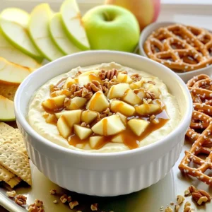 - 8 oz cream cheese, softened - 1 cup powdered sugar - 1 teaspoon vanilla extract - 1 cup whipped cream - 1 medium apple, diced (preferably Granny Smith) - ½ cup caramel sauce (store-bought or homemade) - ¼ cup chopped nuts (such as pecans or walnuts, optional) - Sliced apples, graham crackers, or pretzels for dipping I love using Granny Smith apples for this dip. Their tartness balances the sweet caramel and rich cream cheese. Other great options include Honeycrisp and Fuji apples. These apples add a nice crunch and juicy flavor. You can customize this dip further! Try adding chocolate chips for extra sweetness. A sprinkle of cinnamon gives a warm spice note. If you want more texture, mix in some crushed graham crackers. These add a nice crunch and depth to the dip. To begin, gather your ingredients. You need 8 oz of softened cream cheese, 1 cup of powdered sugar, and 1 teaspoon of vanilla extract. In a large bowl, use a hand mixer to beat the cream cheese until it is smooth. This step is key for a creamy dip. Next, slowly add the powdered sugar and vanilla. Mix until everything is well combined. Now, it’s time to make this dip fluffy. Gently fold in 1 cup of whipped cream. This adds lightness to our dip. After that, carefully add 1 medium diced apple. I prefer Granny Smith for its tartness. If you like, you can also mix in ¼ cup of chopped nuts for a crunchy twist. Now for the fun part! In a serving dish, spread the cheesecake mixture evenly. Drizzle ½ cup of caramel sauce all over the top. The golden caramel makes it look amazing! If you added nuts, sprinkle them on top. Serve this dip right away with sliced apples, graham crackers, or pretzels. Each bite is a sweet treat! To make your dip creamy, start with soft cream cheese. I let mine sit out for about 30 minutes. Then, beat it with a hand mixer until it is smooth. Add powdered sugar slowly. This helps it blend well. Mix in vanilla extract for extra flavor. Next, you want to fold in whipped cream gently. This keeps the dip light and fluffy. If you mix too hard, it can lose that nice texture. When dicing apples, choose a firm apple like Granny Smith. This type stays crisp and tangy. Wash the apple first, then cut it into quarters. Remove the core and seeds. Slice each quarter into thin pieces. Then, chop those slices into small cubes. Aim for even sizes so they mix well. This way, every bite has a bit of apple. Toss the diced apples in a little lemon juice to keep them fresh and bright. For serving, choose a nice dish to show off your dip. Spread the cheesecake mixture evenly in the dish. Drizzle caramel sauce over the top. You can create a fun design with the sauce. If you like, sprinkle chopped nuts on top for crunch. Use colorful sliced apples, graham crackers, or pretzels for dipping. Arrange them nicely around the dip. This makes it look inviting and fun. Enjoy your treat with friends or family! {{image_2}} You can easily change the flavor of this dip. Want a chocolate twist? Add some cocoa powder to the cream cheese mix. You can also drizzle chocolate syrup on top for extra sweetness. If you like spices, try adding cinnamon or nutmeg. These spices make the dip warm and cozy, perfect for fall. If you want a lighter dip, there are ways to cut back on sugar. Use a sugar substitute for the powdered sugar. You could also swap the whipped cream for Greek yogurt. This gives you the creaminess without all the calories. This way, you enjoy taste without feeling guilty. Feel free to play with the nuts in this recipe. Pecans and walnuts are great, but almonds or hazelnuts work well too. You can also skip the nuts if you have nut allergies. Instead, sprinkle some granola on top for a nice crunch. This gives you options and lets everyone enjoy the dip! To keep your caramel apple cheesecake dip fresh, store it in an airtight container. This helps keep the dip creamy and delicious. Make sure to cover the surface with plastic wrap before sealing the lid. This extra step prevents air from getting in and helps maintain the flavor. You can keep this dip in the fridge for up to three days. After that, the apples may start to brown, and the dip may lose its creaminess. Always check for any off smells or changes in texture before eating leftovers. Freezing caramel apple cheesecake dip is not recommended. The cream cheese and whipped cream can change in texture when thawed. If you need to store it longer, consider freezing the dip without the apples. When you’re ready to enjoy it, thaw in the fridge overnight and fold in fresh apple pieces before serving. Yes, you can make this dip ahead of time. I suggest mixing everything but the caramel sauce. Store the dip in the fridge for up to two days. Just before serving, drizzle the caramel on top. This keeps the dip fresh and creamy. Making homemade caramel sauce is easy! Here’s a quick method: - Ingredients: - 1 cup sugar - 6 tablespoons butter - ½ cup heavy cream - Steps: 1. In a pot, heat sugar over medium heat. Stir until it melts and turns golden brown. 2. Add the butter and mix until it melts. 3. Slowly pour in the cream, stirring constantly. 4. Remove from heat and let it cool. This sauce adds a rich, sweet taste to your dip. You have many options for dipping! Here are some great choices: - Graham crackers - Pretzels - Vanilla wafers - Sliced strawberries - Biscotti These options offer a fun twist to enjoy your creamy dip. This blog post covered how to create a delicious caramel apple cheesecake dip. You learned about the key ingredients and recommended apple types. I shared tips for the best texture and how to serve it well. We explored flavor variations and healthy swaps for your needs. Remember, you can store leftovers safely and even freeze the dip. Enjoy customizing this treat to suit your taste. With these ideas and tips, you can impress everyone at your next gathering. Happy dipping!