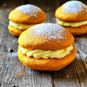 For the Pumpkin Cream Cheese Whoopie Pies, you need the following items: - 1 ½ cups all-purpose flour - 1 teaspoon baking soda - ½ teaspoon baking powder - 1 teaspoon ground cinnamon - ½ teaspoon ground nutmeg - ¼ teaspoon ground ginger - ¼ teaspoon salt - ½ cup unsalted butter, softened - 1 cup packed brown sugar - ½ cup granulated sugar - 1 cup canned pumpkin puree - 1 large egg - 1 teaspoon vanilla extract - 8 oz cream cheese, softened - ½ cup powdered sugar - ¼ cup heavy cream - ½ teaspoon vanilla extract (for filling) These ingredients create a soft, spiced cake that pairs well with creamy filling. I love how the pumpkin gives a moist texture, while the spices add warmth. The cream cheese filling is rich and tangy, making every bite a delight. Using fresh spices can really boost flavor. Don't skip the cream cheese; it brings the whole treat together! - Preheat the oven to 350°F (175°C). - Line two baking sheets with parchment paper. - In a medium bowl, whisk together: - 1 ½ cups all-purpose flour - 1 teaspoon baking soda - ½ teaspoon baking powder - 1 teaspoon ground cinnamon - ½ teaspoon ground nutmeg - ¼ teaspoon ground ginger - ¼ teaspoon salt This mix gives your whoopie pies great flavor. Set the bowl aside for later. - In a large bowl, use an electric mixer to beat together: - ½ cup unsalted butter, softened - 1 cup packed brown sugar - ½ cup granulated sugar Mix until the mixture is light and fluffy. This takes about 3 to 5 minutes. - Next, add: - 1 cup canned pumpkin puree - 1 large egg - 1 teaspoon vanilla extract Beat everything together until it is well combined. - Gradually mix the dry ingredients into the wet ingredients. - Stir until just combined; do not overmix. This helps keep your whoopie pies soft. - Using a cookie scoop or tablespoon, drop heaping tablespoons of batter onto the prepared baking sheets. Space them about 2 inches apart. - Bake for about 12 to 15 minutes. Check with a toothpick; it should come out clean. - Let the cakes cool on the baking sheets for 5 minutes. Then, transfer them to wire racks to cool completely. - In a medium bowl, beat together: - 8 oz cream cheese, softened - ½ cup powdered sugar - ¼ cup heavy cream - ½ teaspoon vanilla extract Mix until the filling is smooth and creamy. - Once the pumpkin cakes have cooled, spread a generous dollop of cream cheese filling on the flat side of one cake. - Top with another cake to form a sandwich. Press gently to stick them together. Repeat this with all the cakes and filling. Enjoy your delicious whoopie pies! To make the best pumpkin whoopie pies, use room temperature ingredients. This helps them blend well. Cold butter or eggs can create lumps. Mix the batter gently. Overmixing can make the cakes tough, which you want to avoid. For the cream cheese filling, adjust the heavy cream. Add more for a thinner filling. Use less if you prefer a thicker texture. This way, you can get just the right spreadability for your whoopie pies. Make your whoopie pies look special. Dust them with powdered sugar before serving. This adds a nice touch and makes them look even more tempting. Plus, it enhances the sweet flavor. {{image_2}} You can change the cream cheese filling to fit your taste. Try using flavored cream cheeses like maple or vanilla. These will add a new twist to the whoopie pies. You can even use a mix of cream cheese and pumpkin spice for a fun surprise. Each variation brings a unique taste and keeps things fresh. Want to make your whoopie pies more exciting? Add chocolate chips or nuts to the batter. Chocolate chips give a sweet burst with each bite. Nuts add a nice crunch and depth of flavor. You can also sprinkle some chopped nuts on the filling for extra texture. This small change can make a big difference! If you need a gluten-free treat, you can easily adapt this recipe. Just swap the all-purpose flour for gluten-free flour. Make sure to choose a blend that works well for baking. Your whoopie pies will still be soft and tasty while fitting your dietary needs. Enjoy them without worry! You can store your whoopie pies in the refrigerator. They stay fresh for up to 3 days. Just place them in an airtight container. This keeps the pies soft and moist. If you want to save them longer, freeze your whoopie pies. They can last for up to 3 months in the freezer. Wrap each pie in plastic wrap and place them in a freezer bag. This way, you can enjoy them later. To avoid sticking, layer your whoopie pies with parchment paper. Place a piece of parchment between each pie. This simple trick helps keep them intact and ready to eat. Yes, you can use fresh pumpkin. To do this, roast a small pumpkin until soft. Let it cool, then scoop out the flesh. Blend the flesh until smooth to make a fresh pumpkin puree. This adds a lovely, bright flavor to your whoopie pies. To check if they are done, use the toothpick test. Insert a toothpick into the center of a pie. If it comes out clean, they are ready. If it has wet batter, bake them a bit longer. This ensures a moist yet firm texture. Yes, you can make these whoopie pies ahead of time. Bake and cool them completely first. Store them in an airtight container in the fridge for up to three days. You can also freeze them for up to three months. Just thaw before serving. These whoopie pies are best served chilled or at room temperature. For a pretty touch, dust them with powdered sugar. Arrange them on a nice plate for a fun presentation. Your guests will love the look and taste! You learned how to make delicious pumpkin whoopie pies. We covered all the important steps, from gathering ingredients to mixing and baking. The right texture and flavor matter, so remember to let your ingredients warm up. Experiment with fillings and toppings to make them unique. Store them well to keep them fresh. Enjoy these tasty treats with friends and family. You’ll impress everyone with your baking skills!
