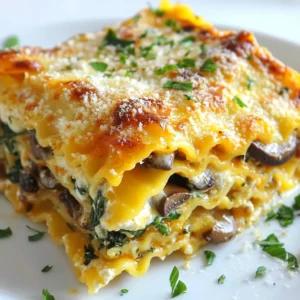 To make creamy spinach mushroom lasagna, gather these key ingredients: - 9 lasagna noodles - 2 tablespoons olive oil - 1 onion, finely chopped - 2 garlic cloves, minced - 8 oz mushrooms, sliced - 6 oz fresh spinach - 1 cup ricotta cheese - 1 cup cottage cheese - 1 cup grated mozzarella cheese - ½ cup grated parmesan cheese - 1 tablespoon dried oregano - ½ teaspoon nutmeg - Salt and pepper to taste - 2 cups marinara sauce These ingredients blend together to create a rich and flavorful dish. The layers of noodles, cheese, and vegetables make every bite a delight. Cheese is key to lasagna's creamy texture. I use ricotta, cottage, and mozzarella in this recipe. You can also explore other options. Try goat cheese for a tangy twist. For a richer flavor, use cream cheese instead of ricotta. You could even mix in some feta cheese for a salty kick. If you have dietary needs, don't worry! You can make easy swaps. For a dairy-free version, use vegan cheese or tofu. You can replace lasagna noodles with zucchini slices for a low-carb option. If you want a gluten-free dish, use gluten-free noodles. These substitutions keep the flavors while meeting your needs. {{ingredient_image_1}} First, get all your ingredients ready. You will need: - 9 lasagna noodles - 2 tablespoons olive oil - 1 onion, finely chopped - 2 garlic cloves, minced - 8 oz (230g) mushrooms, sliced - 6 oz (170g) fresh spinach - 1 cup ricotta cheese - 1 cup cottage cheese - 1 cup grated mozzarella cheese - ½ cup grated parmesan cheese - 1 tablespoon dried oregano - ½ teaspoon nutmeg - Salt and pepper to taste - 2 cups marinara sauce Next, preheat your oven to 375°F (190°C). Cook the lasagna noodles according to the package. Make sure they are al dente. Drain them and set aside. In a large skillet, heat your olive oil over medium heat. Add the chopped onion and minced garlic. Cook until the onion turns soft and clear, about 3 to 5 minutes. Then, add the sliced mushrooms. Cook them until soft and brown, around 5 to 7 minutes. Add the fresh spinach to the skillet. Cook it until it wilts, which takes about 2 to 3 minutes. Season the mix with oregano, nutmeg, salt, and pepper. Remove the skillet from the heat. In a bowl, mix the ricotta cheese, cottage cheese, and half of the mozzarella cheese. Stir until well combined. Now it's time to layer. Start by spreading a thin layer of marinara sauce in a 9x13 inch baking dish. Place 3 lasagna noodles on top. Spread half of the ricotta mixture over the noodles. Then, add half of the spinach and mushroom mix, followed by another layer of marinara sauce. Repeat this process. Add 3 more noodles, the remaining ricotta mix, the rest of the spinach and mushrooms, and more marinara sauce. For the last layer, place the remaining noodles on top. Cover them with the rest of the marinara sauce. Sprinkle on the remaining mozzarella and the grated parmesan cheese. Cover the baking dish with foil. Bake it in the preheated oven for 25 minutes. After that, remove the foil. Bake for another 15 minutes. The cheese should be bubbly and golden brown. Once done, let the lasagna cool for about 10 to 15 minutes before slicing it. This waiting time helps the layers set. Enjoy this creamy spinach mushroom lasagna with a fresh salad for a complete meal! To cook lasagna noodles right, start with a big pot of boiling water. Add salt for flavor. Cook the noodles until they are al dente. This means they should be firm but not hard. It helps to stir them often. Drain the noodles and run cold water over them to stop cooking. This keeps them from sticking together. For a creamier filling, mix ricotta cheese and cottage cheese. Use equal parts of both for great texture. Adding a bit of nutmeg gives a warm flavor. Make sure to season with salt and pepper. You can also blend in some spinach and mushrooms for extra creaminess. This will make your filling rich and delicious. Store leftover lasagna in an airtight container. It can sit in the fridge for about three days. If you want to freeze it, wrap it tightly in foil or plastic wrap. To reheat, place it in the oven at 350°F (175°C) for 20-30 minutes. You can add a splash of marinara sauce to keep it moist. Enjoy your creamy spinach mushroom lasagna even after the first meal! Pro Tips Perfectly Cooked Noodles: Ensure your lasagna noodles are cooked al dente for the best texture. They will continue to cook while baking, preventing a mushy lasagna. Layering Techniques: For an even distribution of flavors, make sure to spread each layer evenly, reaching all corners of the baking dish. Resting Time: Allow the lasagna to rest for at least 10-15 minutes after baking. This will help the layers set and make it easier to slice. Enhancing Flavor: Add a pinch of red pepper flakes to the marinara sauce for an extra kick or mix in some fresh herbs for a burst of freshness. {{image_2}} You can easily add protein to your lasagna. Chicken and tofu are great choices. For chicken, use cooked and shredded meat. Stir it into the mushroom and spinach mix. If you prefer tofu, use firm tofu. Crumble it and sauté with the veggies. This adds texture and flavor to your dish. If you need gluten-free lasagna, use gluten-free noodles. Many brands offer tasty options. Make sure to check the package for cooking details. You can also layer the filling without noodles. Use thin slices of zucchini or eggplant instead. This gives you a fresh twist while keeping it gluten-free. Switching up the sauce can change the whole dish. Instead of marinara, try pesto. It adds a vibrant flavor and pairs well with spinach. If you want a creamier taste, go for Alfredo sauce. Just spread it between the layers. This will give you a rich and comforting lasagna that’s sure to please. To keep leftover lasagna fresh, let it cool first. Then, wrap it tightly in plastic wrap or aluminum foil. You can also put it in an airtight container. This way, it stays moist and tasty. Store it in the fridge for up to four days. If you want to save lasagna for later, freezing is a great option. Slice the lasagna into portions. Wrap each slice in plastic wrap, then in foil. Use a freezer-safe bag if you prefer. Label it with the date. You can freeze it for up to three months. When ready to eat, thaw it in the fridge overnight before reheating. When stored properly, your creamy spinach mushroom lasagna lasts about four days in the fridge. In the freezer, it stays good for three months. Pay attention to signs of spoilage, like an off smell or mold. Always trust your senses! Keeping track of storage times helps you enjoy this delicious dish at its best. Yes, you can use frozen spinach. It saves time and is easy to handle. Just thaw and squeeze out excess water before using. This helps avoid a watery filling. Frozen spinach is a great option if fresh is not available. Creamy Spinach Mushroom Lasagna pairs well with a simple green salad. A salad with mixed greens, cucumbers, and cherry tomatoes adds freshness. You can also serve garlic bread on the side. The bread helps soak up the sauce. For a special touch, drizzle olive oil or balsamic glaze on top. Bake the lasagna until the cheese is bubbly and golden. This usually takes about 40 minutes total: 25 minutes covered with foil and 15 minutes uncovered. To check, insert a knife in the center. If it comes out hot, the lasagna is ready. Let it cool for 10-15 minutes before cutting. You learned about making a creamy spinach mushroom lasagna. We covered the main ingredients, step-by-step instructions, and useful tips. I provided variations for different diets and how to store your lasagna well. Remember, you can adjust flavors by adding proteins or sauces. You now have all the tools needed for a great dish. Enjoy your cooking, and share your tasty results!
