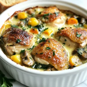 To make this tasty French chicken casserole, gather these simple ingredients: - 4 chicken thighs, skinless and boneless - 1 tablespoon olive oil - 1 medium onion, diced - 3 cloves garlic, minced - 2 cups cremini mushrooms, sliced - 2 carrots, sliced - 1 zucchini, diced - 1 cup chicken broth - 1 cup heavy cream - 1 teaspoon dried thyme - 1 teaspoon dried rosemary - Salt and pepper to taste - 1 cup grated Gruyère cheese - 1 cup fresh spinach You can swap some ingredients for variety. Try these options: - Use chicken breast instead of thighs for leaner meat. - Substitute vegetable broth for chicken broth for a vegetarian option. - Swap heavy cream with coconut cream for a dairy-free dish. - Any cheese can work, like mozzarella or cheddar, if Gruyère is hard to find. Choosing fresh ingredients makes the dish tastier. Here are some tips: - Select chicken that feels firm and has no bad smell. - Look for onions that are dry and firm, with no sprouts. - For mushrooms, choose ones that are plump and smooth. - Pick carrots and zucchini that are bright in color and firm to the touch. - Fresh spinach should be vibrant green with no yellow spots. {{ingredient_image_1}} To start, gather your ingredients. You will need: - 4 chicken thighs, skinless and boneless - 1 tablespoon olive oil - 1 medium onion, diced - 3 cloves garlic, minced - 2 cups cremini mushrooms, sliced - 2 carrots, sliced - 1 zucchini, diced - 1 cup chicken broth - 1 cup heavy cream - 1 teaspoon dried thyme - 1 teaspoon dried rosemary - Salt and pepper to taste - 1 cup grated Gruyère cheese - 1 cup fresh spinach First, preheat your oven to 375°F (190°C). This step is key to ensure even baking. Next, heat the olive oil in a large skillet over medium heat. Add the diced onion and cook until it is soft, about 5 minutes. Then, stir in the minced garlic and cook for one more minute. This brings out the flavor. Now, add the chicken thighs to the skillet. Brown them on all sides for about 5 to 7 minutes. Once they are cooked, remove them from the skillet and set them aside. In the same skillet, add the sliced mushrooms, carrots, and zucchini. Sauté these vegetables for about 5 to 7 minutes until they are tender. After the vegetables are tender, pour in the chicken broth and heavy cream. This mixture adds richness and flavor. Next, add the dried thyme, rosemary, salt, and pepper. Stir everything well to combine. Now, it's time to assemble the casserole. In a large dish, layer the sautéed vegetables and the chicken thighs evenly. Then, top with fresh spinach. Finally, sprinkle the grated Gruyère cheese over the entire dish. The cheese will melt beautifully. Cover the dish with aluminum foil to keep moisture in. Place it in your preheated oven and bake for 30 minutes. This helps the flavors meld together. After 30 minutes, carefully remove the foil. Bake for an additional 15 minutes. You want the cheese to be golden and bubbly at this point. Once done, take the casserole out of the oven and let it cool for a few minutes before serving. This dish pairs well with crusty bread and fresh parsley on top for a lovely finish. Enjoy your cozy meal! To make your French chicken casserole shine, herbs play a key role. I love using dried thyme and rosemary. They add warmth and depth. Fresh herbs can also work wonders. If you have fresh thyme or rosemary, use them! Just chop them finely. Adding seasoning is simple. Use salt and pepper to taste. Start with a little, then adjust. This way, you get the flavor just right. A splash of lemon juice can brighten the dish too. It adds a fresh twist that pairs well with cream. One common mistake is overcooking the chicken. This can make it tough. Cook the chicken just until it’s browned, and let the oven do the rest. Another mistake is not sautéing the vegetables enough. If they are not tender before baking, they can remain crunchy. Aim for softness to get the best texture. Lastly, don’t skip the cheese! Gruyère gives a creamy, nutty taste. It melts beautifully, creating a golden crust. Serving your casserole can be fun and easy. Dish it straight from the casserole dish. This keeps it warm and inviting. Pair it with a fresh salad. A simple green salad with a light vinaigrette adds crunch and balance. Don’t forget crusty bread! It’s perfect for soaking up the creamy sauce. You can even toast it for extra flavor. Enjoying this meal together makes for a cozy family dinner, perfect for any night! Pro Tips Use Fresh Herbs: Fresh herbs like thyme and rosemary can enhance the flavor profile of your casserole significantly. If you have access to fresh versions, consider using them instead of dried for a more aromatic dish. Customize the Veggies: Feel free to swap out the vegetables based on what’s in season or what you have on hand. Bell peppers, asparagus, or even broccoli would work beautifully in this dish. Make-Ahead Option: This casserole can be assembled a day in advance. Just cover and refrigerate it before baking. Adjust cooking time if baking from cold. Cheese Variations: While Gruyère adds a lovely nutty flavor, you can experiment with other cheeses like mozzarella or cheddar for a different taste and texture. {{image_2}} To make a vegetarian version, swap the chicken with hearty veggies. Consider using: - 1 cup of chickpeas - 1 cup of lentils - 1 cup of firm tofu These options add protein and flavor. You can keep the same base with onions, garlic, and mushrooms for depth. Just replace chicken broth with vegetable broth for a full veggie experience. For a dairy-free dish, use coconut milk instead of heavy cream. This gives a nice creaminess while keeping it light. Use nutritional yeast to add a cheesy flavor without the dairy. You can also use dairy-free cheese for the topping or skip it altogether. Feel free to play with flavors by swapping some ingredients. Try: - Switching zucchini for bell peppers for a sweeter taste. - Using different mushrooms like shiitake for a richer flavor. - Adding fresh herbs like parsley or basil for brightness. These swaps can change the dish and surprise your family with new tastes. Don’t hesitate to experiment and find what you love! To keep your French Chicken Casserole fresh, let it cool first. Use an airtight container to store it. Make sure to cover it tightly. This helps keep moisture in and air out. You can store leftovers in the fridge for up to three days. When you are ready to enjoy your leftovers, heat them gently. Preheat your oven to 350°F (175°C). Place the casserole in a baking dish and cover it with foil. Bake for about 20 to 25 minutes until warm. This keeps the dish moist and the cheese melty. You can also use the microwave. Just heat in short bursts, stirring in between. You can freeze French Chicken Casserole for later. Make sure it is completely cool first. Use a freezer-safe container or wrap it in plastic wrap and foil. This helps prevent freezer burn. You can freeze it for up to three months. When ready to eat, thaw it in the fridge overnight. Then reheat as mentioned above for best taste. To keep chicken tender, start with skinless, boneless thighs. These cuts have more fat. This fat helps them stay moist while cooking. Brown the chicken in olive oil. This step locks in juices. After that, simmer it in broth and cream. This method adds flavor and keeps it juicy. Yes, you can use other cheeses. Gruyère is rich and melts well. But, you can swap it for Swiss or mozzarella. Both will give good flavor and texture. Cheddar also works if you want a sharper taste. Just remember to adjust the amount to match the new cheese. Store leftovers in an airtight container. They can last in the fridge for up to three days. For longer storage, freeze them in a freezer-safe container. You can keep it frozen for up to three months. When ready to eat, thaw and reheat in the oven for the best taste. French Chicken Casserole is simple and delicious. We covered the best ingredients, cooking tips, and ways to adapt it. Remember to pick fresh ingredients for the best flavor. I shared storage tips and answered common questions to help you succeed. Try different flavors and variations to keep things fun. This dish can be a hit at your table, ensuring everyone enjoys mealtime together. Enjoy cooking and sharing your creation with family and friends!