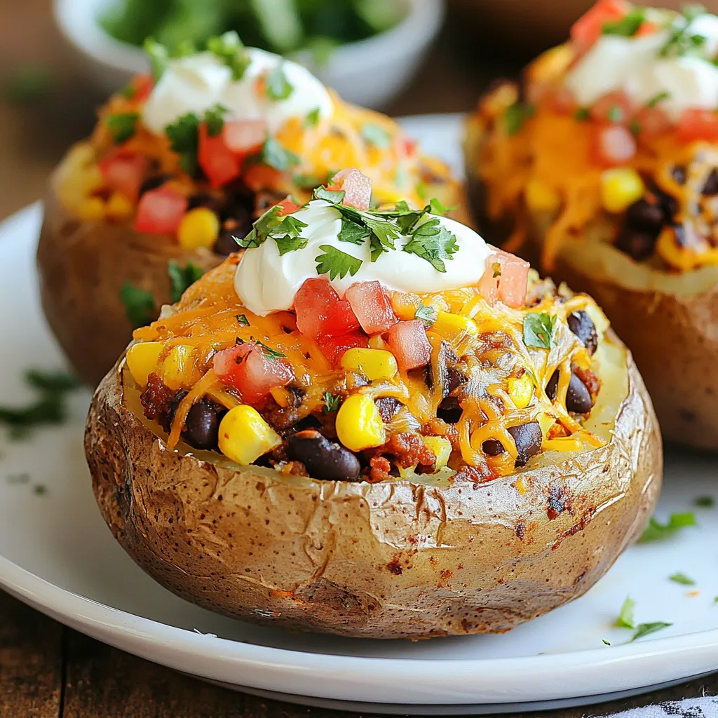 To make cheesy Mexican stuffed baked potatoes, gather these items: - 4 large russet potatoes - 1 cup cooked black beans - 1 cup corn kernels (fresh or frozen) - 1 cup pico de gallo (fresh salsa) - 1 cup shredded cheddar cheese - ½ cup sour cream - 1 teaspoon cumin - 1 teaspoon chili powder - Salt and pepper to taste - Olive oil These ingredients come together to create a warm and flavorful dish. The russet potatoes serve as the perfect base, while the filling adds delightful taste and texture. Consider these garnishes to enhance your dish: - Fresh cilantro, chopped - Lime wedges Adding cilantro brings brightness. The lime wedges offer a zesty kick that complements the flavors. Each serving of these stuffed potatoes contains: - Calories: Approximately 400 - Protein: 15g - Carbohydrates: 60g - Dietary Fiber: 10g - Total Fat: 15g This dish provides a good balance of nutrients. The black beans add fiber and protein, making the meal more filling. Enjoy these stuffed potatoes as a hearty lunch or dinner option! {{ingredient_image_1}} To start, preheat your oven to 400°F (200°C). This heat will make the potatoes soft and tasty. Wash 4 large russet potatoes under cold water. Make sure to scrub off any dirt. Use a fork to poke holes all over each potato. This helps steam escape while they cook. Next, rub each potato with a bit of olive oil and sprinkle some salt on top. This step adds flavor and helps the skin get crispy. Place the potatoes on a baking sheet or directly on the oven rack. Bake for about 45-60 minutes. You will know they are ready when a fork goes in easily. While the potatoes bake, it's time to make the filling. In a large bowl, mix 1 cup of cooked black beans and 1 cup of corn kernels. You can use fresh corn or frozen. Add 1 cup of pico de gallo for a fresh taste. Then, sprinkle in 1 cup of shredded cheddar cheese. For spice, add 1 teaspoon of cumin and 1 teaspoon of chili powder. Season with salt and pepper to taste. Stir all the ingredients together until they are well combined. This filling is packed with flavor and nutrients. Once your potatoes are baked, carefully take them out of the oven. Let them cool for a few minutes. Slice the top of each potato lengthwise. Use a fork to fluff the insides of the potatoes. This creates space for your tasty filling. Spoon the black bean and corn mixture into each potato. Be sure to fill them generously. Press the filling down lightly to pack it in. Place the stuffed potatoes back in the oven for another 10-15 minutes. You want the cheese to melt and bubble. When they are done, take them out and top each one with a dollop of sour cream and a sprinkle of fresh cilantro. Enjoy your delicious stuffed baked potatoes! To bake perfect potatoes, start with russet potatoes. These are starchy and fluffy. Wash them well and prick each one with a fork. This helps steam escape while baking. Rub the skins with olive oil and sprinkle salt over them. This adds flavor and helps create a crispy skin. Bake at 400°F for 45 to 60 minutes. Check if they are done by poking with a fork. If it goes in easily, they are ready! You will need a few simple tools for this recipe. First, have a good baking sheet or a rack. This helps the heat circulate. A fork is also important for pricking the potatoes. You will need mixing bowls for the filling, and a sharp knife for cutting the potatoes. A spoon helps scoop out the insides. Lastly, a spatula can help you mix ingredients smoothly. To add taste to your stuffed potatoes, use spices like cumin and chili powder. They bring warmth and depth to the dish. You can adjust the amount based on your taste. Fresh cilantro adds a nice touch at the end. For extra flavor, drizzle some lime juice over the filling. You can also try adding other toppings like diced jalapeños or avocado. Mixing in different cheeses can create unique flavors, too! Pro Tips Perfectly Baked Potatoes: Ensure your potatoes are well-pricked with a fork to allow steam to escape while baking, preventing them from bursting in the oven. Flavorful Stuffing: Feel free to customize your stuffing with additional ingredients like diced bell peppers or jalapeños for an extra kick! Cheesy Goodness: For an extra cheesy layer, add some cheese on top of the stuffing before returning the potatoes to the oven. Serving Style: For a restaurant-style presentation, serve the stuffed potatoes on a bed of fresh greens and drizzle with a balsamic glaze. {{image_2}} You can make stuffed potatoes without meat. For a vegetarian option, skip the black beans. Instead, use lentils or mushrooms. These add great texture and flavor. If you want a vegan dish, replace sour cream with cashew cream or avocado. This keeps the dish creamy and rich without dairy. Cheese adds a lot of flavor. You can use different kinds based on your taste. Try pepper jack for a kick or mozzarella for a milder taste. If you like something sharp, go for aged cheddar. Mix cheeses for a fun twist. The choice is yours! Want to spice it up? Add jalapeños or hot sauce to your filling. This gives a nice heat to the dish. For a sweet twist, mix in sweet corn or roasted sweet potatoes. You can even add a drizzle of honey on top. Mixing flavors makes every bite exciting! To store leftover stuffed baked potatoes, let them cool first. Place them in an airtight container. Make sure to seal tightly. You can keep them in the fridge for up to three days. If you want to store them longer, consider freezing them. When you’re ready to enjoy leftovers, preheat your oven to 350°F (175°C). Place the stuffed potatoes on a baking sheet. Cover them loosely with foil to keep them moist. Bake for about 20-25 minutes or until they are hot. You can also microwave them. Heat on high for about 2-3 minutes. Check if they are warm all the way through. Freezing stuffed baked potatoes is easy. After they cool, wrap each potato in plastic wrap. Then place them in a freezer-safe bag. They can last up to three months in the freezer. When you're ready to eat, thaw them overnight in the fridge. Then reheat using the oven or microwave. This way, you still enjoy their great taste! Yes, you can make stuffed baked potatoes ahead of time. Prepare the filling and bake the potatoes. After baking, let them cool, then store them in the fridge. When you are ready to eat, just reheat them in the oven until warm. This way, you save time for busy days. The best potatoes for stuffing are russet potatoes. They are large, sturdy, and have a fluffy texture. This texture holds the filling well. You can also use Idaho potatoes, as they have similar qualities. Avoid waxy potatoes, as they don’t fluff as nicely. Absolutely! You can customize the filling to fit your taste. Add cooked chicken, beef, or veggies for more flavor. Use different cheeses like pepper jack or mozzarella. You can also change the spices to create new tastes. Mix and match based on what you love. You know the potatoes are done when they feel soft. Stick a fork into the potato. If it goes in easily, the potato is ready. The skin should look slightly wrinkled, and it should feel light. Bake them for about 45-60 minutes at 400°F (200°C) for the best results. This article covered how to make delicious stuffed baked potatoes. We explored the main ingredients, optional garnishes, and key nutritional info. You learned step-by-step instructions, from prep to bake, plus tips for perfect results. We discussed variations for every taste and how to store leftovers. Stuffed baked potatoes are fun to make and share. With these ideas, you can enjoy your meal even more. Use this guide to try new flavors and make it your own. Happy cooking!