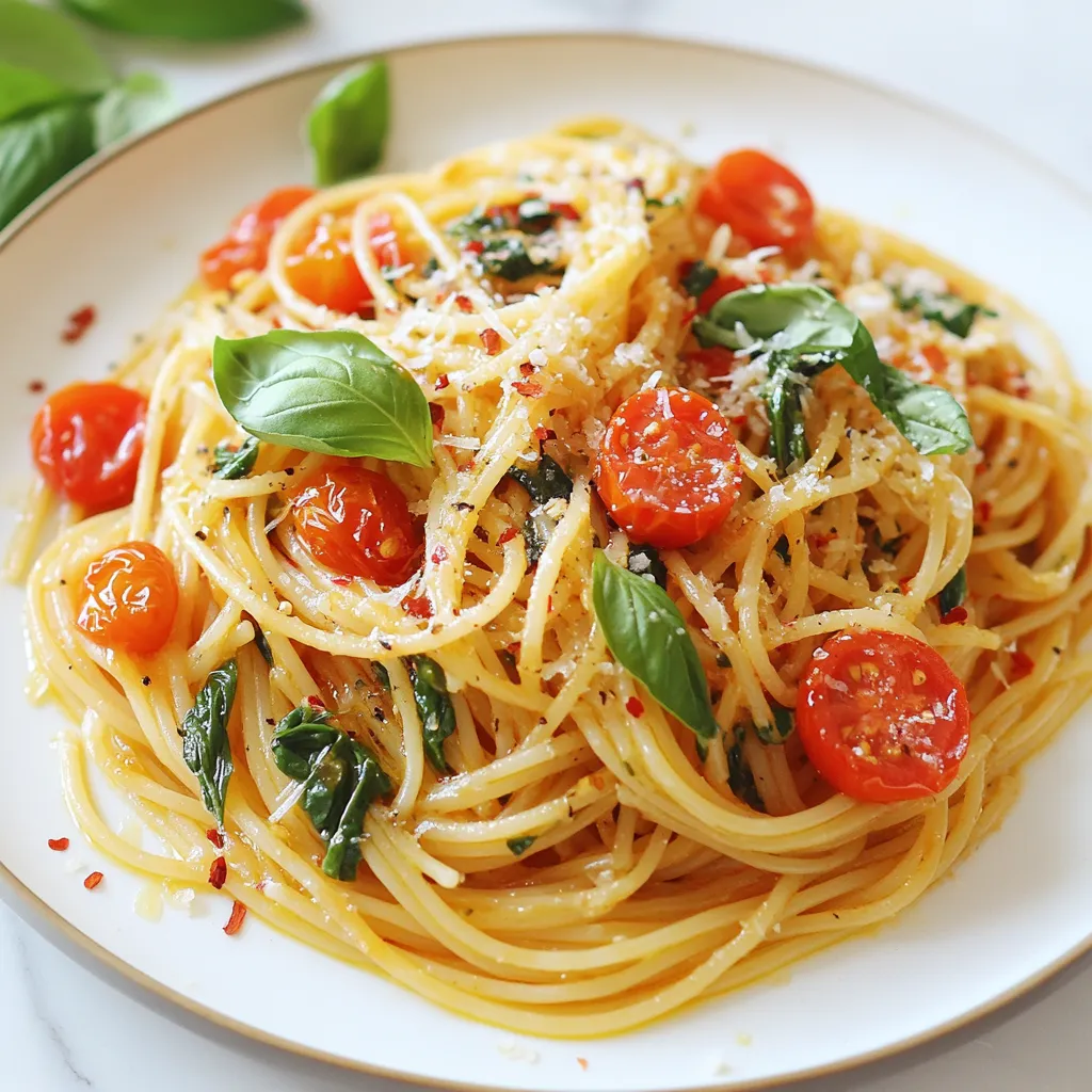 - 250g spaghetti or linguine - 3 tablespoons olive oil - 3 cloves garlic, thinly sliced - 1 small red chili, finely chopped - 1 can (400g) cherry tomatoes, crushed - 2 cups baby spinach - Salt and pepper to taste - Fresh basil leaves, for garnish - Zest of 1 lemon - Grated Parmesan cheese (optional) - Protein options, like shrimp or chicken - Vegetarian alternatives, such as mushrooms or tofu - Gluten-free pasta options, like rice noodles or chickpea pasta When I gather these ingredients, I feel ready to create something special. Each item plays a big role in the dish's flavor. The spaghetti or linguine forms the base. Olive oil adds richness. Garlic and chili bring warmth and depth. Cherry tomatoes create a fresh, tangy sauce. Baby spinach adds color and nutrition. You can also customize your Midnight Pasta. Want more protein? Toss in shrimp or chicken. Keep it vegetarian with mushrooms or tofu. Looking for gluten-free? Choose a pasta made from rice or chickpeas. This flexibility makes Midnight Pasta a go-to for any meal. You can mix and match based on what you love. {{ingredient_image_1}} To boil spaghetti or linguine, start with a large pot. Fill it with water and add a good amount of salt. Bring it to a rolling boil. Then, add your pasta. Cook it according to the package instructions until it's al dente, which means firm to the bite. This usually takes about 8 to 10 minutes. After cooking, reserve about 1 cup of the pasta water before draining. This water is starchy and will help your sauce stick to the pasta later. For the sauce, grab a large skillet. Heat 3 tablespoons of olive oil over medium heat. Once hot, add 3 cloves of thinly sliced garlic and 1 small finely chopped chili. Sauté them for about 1 to 2 minutes. You want them fragrant, but be careful not to burn the garlic. Next, pour in 1 can of crushed cherry tomatoes. Let the sauce simmer for about 5 to 7 minutes. It should thicken slightly. Season with salt and pepper to taste. If it’s too thick, you can add some reserved pasta water. Once your sauce is ready, it’s time to mix it with the pasta. Add the drained spaghetti or linguine directly into the skillet. Toss everything together so the pasta is well coated in sauce. If the sauce seems too thick, add a little reserved pasta water until it reaches your preferred consistency. Now, add 2 cups of baby spinach and the zest of 1 lemon. Stir gently for another 2 to 3 minutes. Cook until the spinach just wilts but remains bright green. This keeps it fresh and tasty. To make the best Midnight Pasta, cook your pasta al dente. This means it should be firm to the bite. Al dente pasta holds up well and soaks up the sauce nicely without getting mushy. Timing is key. Start your sauce when you add the pasta to boiling water. This helps the sauce finish just as the pasta is ready. To make your dish pop, add some seasonings. A pinch of red pepper flakes can give it a nice kick. You can also try Italian seasoning or a dash of garlic powder. Fresh herbs can elevate your dish. Basil adds brightness, while dried herbs are handy if you don't have fresh. Use about one-third of the amount of dried herbs compared to fresh. Presentation matters! Twirl the pasta on the plate for a nice look. You can also layer it with sauce and spinach for a colorful effect. Don't forget garnishes! Fresh basil leaves or a sprinkle of Parmesan cheese adds a touch of elegance. Lemon zest can also brighten up the dish visually. Pro Tips Use High-Quality Olive Oil: The flavor of the olive oil can significantly enhance the dish, so opt for a good quality extra virgin olive oil for the best results. Don’t Skip the Pasta Water: The reserved pasta water is starchy and helps to bind the sauce to the pasta, giving it a creamy texture without adding extra fat. Adjust Spice Level: If you prefer a milder dish, remove the seeds from the chili before chopping, or use less chili to control the heat. Fresh Ingredients Matter: Using fresh basil and spinach will elevate the dish’s flavor profile, so avoid dried herbs if possible for this recipe. {{image_2}} You can easily make Midnight Pasta vegetarian. Here are some great ideas: - Substitutes for meat: Try using mushrooms or lentils instead of meat. They add great texture and flavor. - Ideas for adding more vegetables: Toss in zucchini, bell peppers, or carrots. They will brighten up your dish and add color. If you love heat, let’s turn up the spice! Here’s how: - Increasing heat with additional chilies: Add more red chilies or use crushed red pepper flakes. Adjust the amount to your taste. - Other spicy ingredients to incorporate: Consider adding jalapeños or a dash of hot sauce for extra kick. Make your Midnight Pasta shine with seasonal ingredients! - How to adapt the recipe with seasonal produce: In summer, add fresh tomatoes and basil. In winter, use roasted butternut squash or kale. - Making it a summer or winter dish: In summer, keep it light with fresh veggies. In winter, warm it up with hearty greens and root veggies. To keep your midnight pasta fresh, follow these tips: - Cool the pasta to room temperature before storing. - Place it in an airtight container. - Store in the fridge for up to three days. - For longer storage, freeze it in a freezer-safe container. - Make sure to label the container with the date. When you're ready to enjoy leftovers, you have a few options: - Reheat on the stovetop over low heat. - Add a splash of water or olive oil to keep it moist. - Stir gently to avoid breaking the pasta. - You can also microwave it in 30-second intervals. - Cover the dish to keep moisture in while reheating. Leftovers last well in the fridge for about three days. If frozen, you can enjoy them for up to three months. Look for these signs of spoilage: - An off smell or unusual color. - A slimy texture on the pasta. - Mold or any signs of freezer burn. If you see any of these, it's best to discard the pasta. Midnight Pasta is a simple and quick dish. It’s perfect for late-night cravings. This dish blends garlic, chili, and tomatoes for a burst of flavor. The name hints at its late-night appeal. It originated from Italy, where cooks needed a fast meal. Midnight Pasta celebrates comfort and simplicity in cooking. Yes, you can prepare some parts in advance. Cook the pasta and store it in the fridge. Keep the sauce separate to maintain freshness. You can mix them when ready to eat. Store leftovers in an airtight container for up to three days. Reheat on the stove or in a microwave. Midnight Pasta pairs well with a simple salad. A fresh green salad adds crunch and balance. Garlic bread makes a nice side, too. For drinks, try a light white wine or sparkling water. Both options complement the flavors without overpowering them. Absolutely! Midnight Pasta is great for meal prep. Cook a larger batch and divide it into containers. This makes it easy to grab a meal during the week. You can add protein like chicken or shrimp for variety. Just remember to keep the sauce separate until ready to eat. Midnight Pasta is easy and fun to make. We covered the main ingredients and steps, from boiling pasta to creating a tasty sauce. I shared tips for perfect timing and flavor enhancements. You can also customize with proteins or veggies and use fresh herbs for better taste. Store and reheat your leftovers with care to keep them fresh. Whether you enjoy it late at night or as a meal prep option, Midnight Pasta is a versatile dish. Try mixing in your favorite ingredients. Enjoy your cooking!