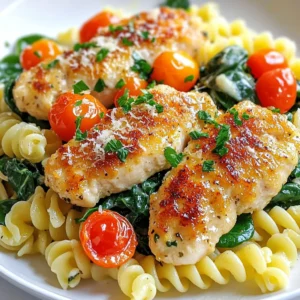 - 2 boneless, skinless chicken breasts - 8 oz twisted pasta (cavatappi or fusilli) - 4 cloves garlic, minced - ½ cup grated Parmesan cheese - 2 tablespoons olive oil - 1 teaspoon dried Italian herbs (oregano, basil, thyme) - Salt and pepper to taste - 2 cups fresh spinach - ½ cup cherry tomatoes, halved - Fresh parsley, chopped (for garnish) Gathering the right ingredients is key for this dish. I love using boneless, skinless chicken breasts because they cook fast and stay juicy. For pasta, I prefer twisted options like cavatappi or fusilli. They hold the sauce well, making every bite flavorful. Next, garlic adds a punch to the dish. I use four cloves, minced finely, to really bring out that aroma. Parmesan cheese is a must; it makes everything creamy and rich. I always opt for extra virgin olive oil. It’s great for cooking and adds depth. The dried Italian herbs mix well with the chicken, giving it a classic taste. Don’t forget salt and pepper to enhance all the flavors. For freshness, I add two cups of spinach and half a cup of halved cherry tomatoes. They add color and nutrients. Finally, I like to finish with chopped parsley. It brightens the dish and makes it look pretty. With these ingredients at hand, you’ll be ready to create a delicious meal that everyone will love. {{ingredient_image_1}} To start, fill a large pot with water and add salt. Bring it to a boil. Once boiling, add the twisted pasta. Cook it until it is al dente, which usually takes about 8-10 minutes. Make sure to check the package instructions for exact timing. When the pasta is ready, drain it. Remember to save ½ cup of the pasta water for later. While your pasta cooks, it's time to season the chicken. Take the boneless, skinless chicken breasts and sprinkle them with salt and pepper. Next, add the dried Italian herbs. This mix gives the chicken a tasty kick. Make sure to coat both sides. Now, heat olive oil in a large skillet over medium-high heat. Once hot, carefully place the chicken in the skillet. Cook it for 6-7 minutes on each side until it turns golden brown. The chicken should be cooked through, so check that it’s no longer pink inside. After cooking, remove the chicken and let it rest for a few minutes. In the same skillet, lower the heat to medium. Add minced garlic and sauté it for about 1 minute. The goal is to make it fragrant. Be careful not to let it burn, as burnt garlic can taste bitter. This garlic will form the base of your sauce. Next, add the drained pasta back into the skillet. Pour in the reserved pasta water. Toss in the fresh spinach and halved cherry tomatoes. Stir everything together until the spinach wilts. This step adds color and freshness to the dish. Finally, sprinkle grated Parmesan cheese over the pasta mixture. Toss again to make sure the cheese melts and coats everything evenly. Adjust the seasoning with salt and pepper, if needed. Slice the rested chicken breasts and place them on top of the pasta. For the final touch, add a sprinkle of fresh parsley. This adds a nice pop of color and flavor! To keep your chicken tender, start by pounding it to an even thickness. This helps it cook evenly. Season generously with salt, pepper, and Italian herbs before cooking. Use medium-high heat for searing to get that nice golden crust. For pasta, use a large pot with plenty of salted water. Cook until it is al dente, or firm to the bite. Reserve some pasta water to help with the sauce later. You can boost flavor by adding fresh herbs like basil or thyme. A pinch of red pepper flakes will add a nice kick. Lemon zest can also brighten the dish. Mix these into the sauce or sprinkle on top before serving. A common mistake is overcooking the chicken. Always check that it reaches an internal temperature of 165°F. For pasta, don’t skip salting the water. This is key for flavor. Also, make sure to drain the pasta well. Too much water can dilute your sauce, making it less tasty. Pro Tips Rest the Chicken: Let the chicken rest for a few minutes after cooking; this allows the juices to redistribute, ensuring a moist and flavorful bite. Use Fresh Ingredients: For the best flavor, opt for fresh garlic and Parmesan cheese rather than pre-grated options. Adjust the Sauce: If the pasta seems dry, add a splash more of the reserved pasta water until you reach your desired consistency. Customize the Veggies: Feel free to add other vegetables such as bell peppers or zucchini for added nutrition and flavor. {{image_2}} You can switch proteins in this dish. Shrimp adds a nice twist. If you prefer a plant-based option, try tofu. Both will soak up the garlic flavor well. Different pasta types also change the dish. Cavatappi has a fun shape that holds sauce. Fusilli twists nicely, making every bite tasty. If you need a gluten-free meal, use gluten-free pasta. There are many great options available now. For a dairy-free version, switch Parmesan for a non-dairy cheese. Nutritional yeast can give a cheesy flavor too. Both options make this recipe fit your needs. Want to pack in more nutrients? Add veggies like bell peppers or zucchini. They cook quickly and add color. Broccoli also works well, giving a nice crunch. Feel free to mix in any vegetables you love. They will make your dish even more delightful! To store leftovers, let the dish cool down. Place the chicken and pasta in an airtight container. Keep it in the fridge for up to three days. Make sure to cover it well to prevent drying out. Reheat the dish gently to keep the chicken juicy. Use a skillet over low heat. Add a splash of water or broth for moisture. Stir often to ensure even heating. You can also microwave it in short bursts. Check the temperature until it’s hot throughout. For freezing, first, let the dish cool completely. Portion it into freezer-safe containers. Seal tightly and label with the date. You can freeze for up to two months. To thaw, move it to the fridge overnight. Reheat as mentioned above for the best taste. Cooking this dish takes about 30 minutes. You need 10 minutes to prep and 20 minutes to cook. 1. Prep time: 10 minutes 2. Cook time: 20 minutes This quick timing makes it a great choice for busy days. Yes! You can use other cheeses if you like. Here are some tasty options: - Mozzarella for a creamy texture. - Pecorino Romano for a sharper flavor. - Asiago for a nutty taste. Feel free to mix and match to find your favorite. You can pair this dish with many sides. Here are some ideas: - A fresh green salad for crunch. - Garlic bread for a nice dip. - Steamed broccoli for extra veggies. These sides will balance the meal well. Yes! This recipe is great for meal prep. Here are some tips: - Cook and store in airtight containers. - Keep the chicken and pasta separate if possible. - Refrigerate for up to three days. Reheat in the microwave or on the stove for a quick meal later. This blog post covered how to make Garlic Parmesan Chicken with Twisted Pasta. We talked about the key ingredients, cooking steps, and tips to ensure success. You learned ways to adjust the recipe for dietary needs and how to store leftovers properly. Remember, great cooking comes from practice and creativity. Whether you stick to the recipe or try your own twists, enjoy the process. Making this dish can be fun and rewarding. Now, go ahead and impress your family and friends with what you've learned!