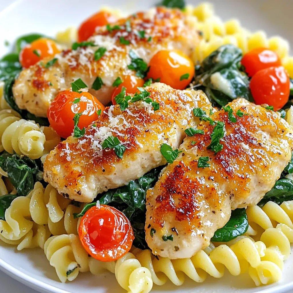 - 2 boneless, skinless chicken breasts - 8 oz twisted pasta (cavatappi or fusilli) - 4 cloves garlic, minced - ½ cup grated Parmesan cheese - 2 tablespoons olive oil - 1 teaspoon dried Italian herbs (oregano, basil, thyme) - Salt and pepper to taste - 2 cups fresh spinach - ½ cup cherry tomatoes, halved - Fresh parsley, chopped (for garnish) Gathering the right ingredients is key for this dish. I love using boneless, skinless chicken breasts because they cook fast and stay juicy. For pasta, I prefer twisted options like cavatappi or fusilli. They hold the sauce well, making every bite flavorful. Next, garlic adds a punch to the dish. I use four cloves, minced finely, to really bring out that aroma. Parmesan cheese is a must; it makes everything creamy and rich. I always opt for extra virgin olive oil. It’s great for cooking and adds depth. The dried Italian herbs mix well with the chicken, giving it a classic taste. Don’t forget salt and pepper to enhance all the flavors. For freshness, I add two cups of spinach and half a cup of halved cherry tomatoes. They add color and nutrients. Finally, I like to finish with chopped parsley. It brightens the dish and makes it look pretty. With these ingredients at hand, you’ll be ready to create a delicious meal that everyone will love. {{ingredient_image_1}} To start, fill a large pot with water and add salt. Bring it to a boil. Once boiling, add the twisted pasta. Cook it until it is al dente, which usually takes about 8-10 minutes. Make sure to check the package instructions for exact timing. When the pasta is ready, drain it. Remember to save ½ cup of the pasta water for later. While your pasta cooks, it's time to season the chicken. Take the boneless, skinless chicken breasts and sprinkle them with salt and pepper. Next, add the dried Italian herbs. This mix gives the chicken a tasty kick. Make sure to coat both sides. Now, heat olive oil in a large skillet over medium-high heat. Once hot, carefully place the chicken in the skillet. Cook it for 6-7 minutes on each side until it turns golden brown. The chicken should be cooked through, so check that it’s no longer pink inside. After cooking, remove the chicken and let it rest for a few minutes. In the same skillet, lower the heat to medium. Add minced garlic and sauté it for about 1 minute. The goal is to make it fragrant. Be careful not to let it burn, as burnt garlic can taste bitter. This garlic will form the base of your sauce. Next, add the drained pasta back into the skillet. Pour in the reserved pasta water. Toss in the fresh spinach and halved cherry tomatoes. Stir everything together until the spinach wilts. This step adds color and freshness to the dish. Finally, sprinkle grated Parmesan cheese over the pasta mixture. Toss again to make sure the cheese melts and coats everything evenly. Adjust the seasoning with salt and pepper, if needed. Slice the rested chicken breasts and place them on top of the pasta. For the final touch, add a sprinkle of fresh parsley. This adds a nice pop of color and flavor! To keep your chicken tender, start by pounding it to an even thickness. This helps it cook evenly. Season generously with salt, pepper, and Italian herbs before cooking. Use medium-high heat for searing to get that nice golden crust. For pasta, use a large pot with plenty of salted water. Cook until it is al dente, or firm to the bite. Reserve some pasta water to help with the sauce later. You can boost flavor by adding fresh herbs like basil or thyme. A pinch of red pepper flakes will add a nice kick. Lemon zest can also brighten the dish. Mix these into the sauce or sprinkle on top before serving. A common mistake is overcooking the chicken. Always check that it reaches an internal temperature of 165°F. For pasta, don’t skip salting the water. This is key for flavor. Also, make sure to drain the pasta well. Too much water can dilute your sauce, making it less tasty. Pro Tips Rest the Chicken: Let the chicken rest for a few minutes after cooking; this allows the juices to redistribute, ensuring a moist and flavorful bite. Use Fresh Ingredients: For the best flavor, opt for fresh garlic and Parmesan cheese rather than pre-grated options. Adjust the Sauce: If the pasta seems dry, add a splash more of the reserved pasta water until you reach your desired consistency. Customize the Veggies: Feel free to add other vegetables such as bell peppers or zucchini for added nutrition and flavor. {{image_2}} You can switch proteins in this dish. Shrimp adds a nice twist. If you prefer a plant-based option, try tofu. Both will soak up the garlic flavor well. Different pasta types also change the dish. Cavatappi has a fun shape that holds sauce. Fusilli twists nicely, making every bite tasty. If you need a gluten-free meal, use gluten-free pasta. There are many great options available now. For a dairy-free version, switch Parmesan for a non-dairy cheese. Nutritional yeast can give a cheesy flavor too. Both options make this recipe fit your needs. Want to pack in more nutrients? Add veggies like bell peppers or zucchini. They cook quickly and add color. Broccoli also works well, giving a nice crunch. Feel free to mix in any vegetables you love. They will make your dish even more delightful! To store leftovers, let the dish cool down. Place the chicken and pasta in an airtight container. Keep it in the fridge for up to three days. Make sure to cover it well to prevent drying out. Reheat the dish gently to keep the chicken juicy. Use a skillet over low heat. Add a splash of water or broth for moisture. Stir often to ensure even heating. You can also microwave it in short bursts. Check the temperature until it’s hot throughout. For freezing, first, let the dish cool completely. Portion it into freezer-safe containers. Seal tightly and label with the date. You can freeze for up to two months. To thaw, move it to the fridge overnight. Reheat as mentioned above for the best taste. Cooking this dish takes about 30 minutes. You need 10 minutes to prep and 20 minutes to cook. 1. Prep time: 10 minutes 2. Cook time: 20 minutes This quick timing makes it a great choice for busy days. Yes! You can use other cheeses if you like. Here are some tasty options: - Mozzarella for a creamy texture. - Pecorino Romano for a sharper flavor. - Asiago for a nutty taste. Feel free to mix and match to find your favorite. You can pair this dish with many sides. Here are some ideas: - A fresh green salad for crunch. - Garlic bread for a nice dip. - Steamed broccoli for extra veggies. These sides will balance the meal well. Yes! This recipe is great for meal prep. Here are some tips: - Cook and store in airtight containers. - Keep the chicken and pasta separate if possible. - Refrigerate for up to three days. Reheat in the microwave or on the stove for a quick meal later. This blog post covered how to make Garlic Parmesan Chicken with Twisted Pasta. We talked about the key ingredients, cooking steps, and tips to ensure success. You learned ways to adjust the recipe for dietary needs and how to store leftovers properly. Remember, great cooking comes from practice and creativity. Whether you stick to the recipe or try your own twists, enjoy the process. Making this dish can be fun and rewarding. Now, go ahead and impress your family and friends with what you've learned!
