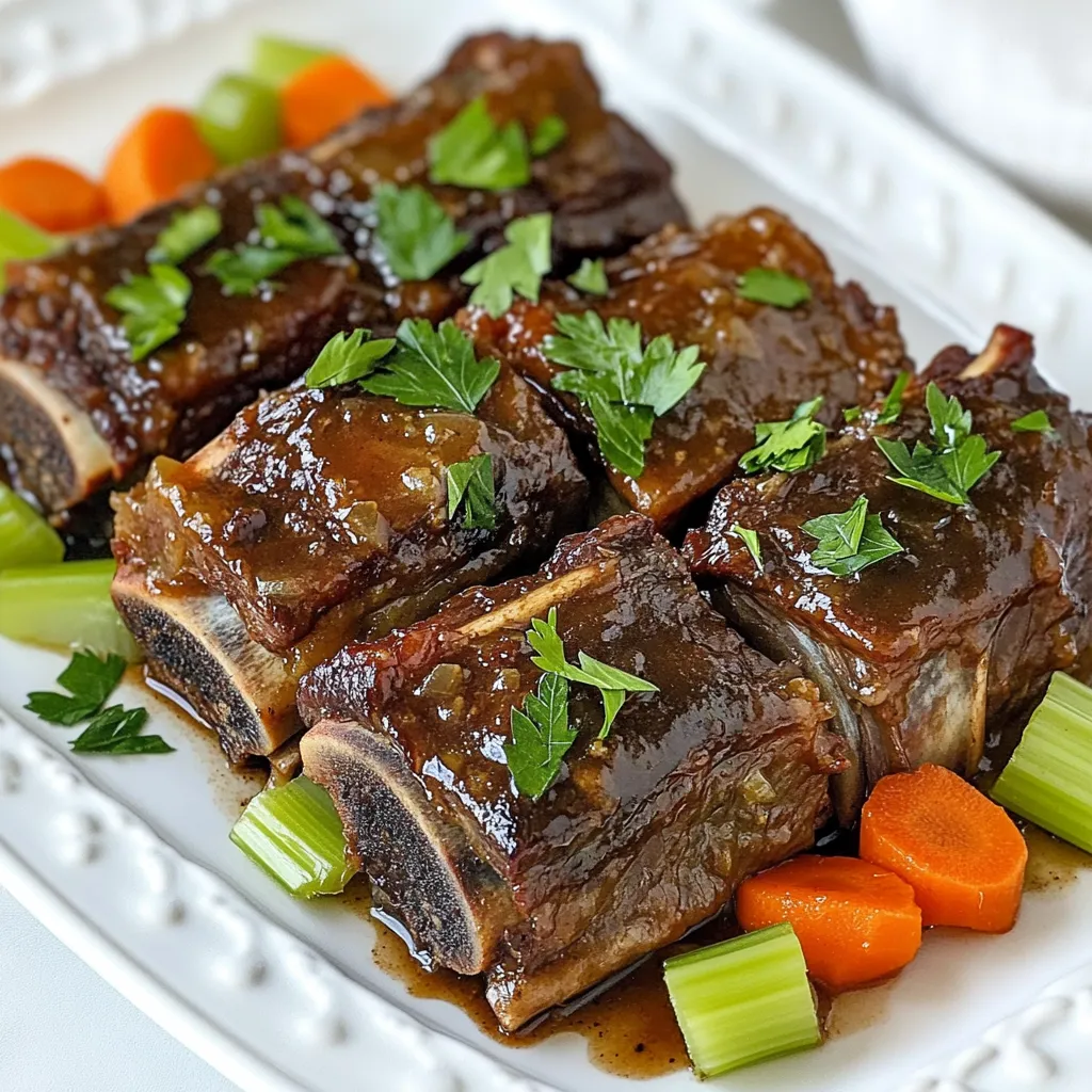 Here’s what you need for the best crockpot beef short ribs. Gather these simple items: - 3 lbs beef short ribs - 1 onion, chopped - 4 cloves garlic, minced - 2 cups beef broth - 1 cup crushed tomatoes - 2 tablespoons brown sugar - 2 tablespoons soy sauce - 1 tablespoon Worcestershire sauce (non-alcoholic) - 1 teaspoon smoked paprika - 1 teaspoon dried thyme - Salt and pepper to taste - 3 carrots, cut into chunks - 2 stalks celery, chopped - Fresh parsley for garnish Each ingredient plays a key role. The beef short ribs are the star, rich and savory. The chopped onion and minced garlic add depth and aroma. Carrots and celery bring sweetness and texture. The beef broth and crushed tomatoes create a flavorful base. Brown sugar balances the savory notes, while soy sauce and Worcestershire add umami. Smoked paprika gives a hint of smokiness, and thyme adds a lovely herbal touch. Finally, fresh parsley brightens up your dish as a garnish. This mix of ingredients makes a comforting meal that warms the soul. Enjoy the journey of cooking and savor the results! {{ingredient_image_1}} First, season the beef short ribs. Use salt and pepper to coat all sides. This simple step enhances the flavor. Let the ribs sit for a few minutes. This allows the seasoning to soak in. Next, you can sear the ribs in a skillet. Heat a bit of oil over medium-high heat. Cook the ribs for 2-3 minutes on each side. Searing adds depth to the flavor, but you can skip this step if you want to save time. Now, it's time to layer the ingredients. Start by adding chopped onion and minced garlic to the bottom of the crockpot. Then, add the carrots and celery. This base will give your dish great flavor. In a separate bowl, mix your sauce ingredients. Combine beef broth, crushed tomatoes, brown sugar, soy sauce, Worcestershire sauce, smoked paprika, and dried thyme. Stir well until everything is blended smoothly. Place the seared ribs on top of the vegetables. Pour the sauce mixture over the ribs. Make sure the ribs are mostly covered. Cover the crockpot and set it to cook. Choose low for 8 hours or high for 4-5 hours. The meat should be tender and fall off the bone. Once the cooking time is up, gently remove the ribs and vegetables from the crockpot. If you want a thicker sauce, leave it on high for 15 minutes with the lid off. This will help concentrate the flavors. Serve the ribs on a platter. Drizzle some sauce over them. Finally, add fresh parsley as a garnish. This will add a nice touch of color and freshness. To get tender beef short ribs, start with good seasoning. Salt and pepper are key. Rub them all over the meat. The right cooking time also matters. Cook on low for 8 hours or high for 4-5 hours. Checking for doneness is simple. The meat should fall off the bone easily. Searing the ribs adds a rich flavor. Heat a skillet and brown the ribs for 2-3 minutes on each side. This step is optional. If you want a faster meal, skip it. You will still get tasty ribs without searing. To thicken the sauce, leave it on high for 15 minutes with the lid off. This method lets steam escape and reduces the sauce. You can also mix in cornstarch if you want a thicker texture. Just blend it with a bit of cold water first. This step gives you a nice, rich sauce to pour over the ribs. Pro Tips Let It Rest: After cooking, allow the short ribs to rest for about 10 minutes before serving. This helps the juices redistribute, making the meat even more tender and flavorful. Use Quality Ingredients: Opt for high-quality beef short ribs for the best flavor and tenderness. Grass-fed options often yield richer taste and better marbling. Enhance the Flavor: Add a splash of red wine to the sauce mixture for an extra depth of flavor. Wine complements the beef beautifully and adds complexity. Serve with Sides: Pair your beef short ribs with creamy mashed potatoes or crusty bread to soak up the delicious sauce. A fresh green salad also balances the richness of the dish. {{image_2}} You can make your beef short ribs even better! Add spices like cumin or rosemary for a different taste. Fresh herbs like thyme or bay leaves boost flavor too. You can also try adding a splash of red wine for richness. Just remember to adjust the salt to keep it balanced. Want to change things up? You can swap the carrots for parsnips or sweet potatoes. They add a sweet touch. If you don't have celery, try adding bell peppers or zucchini. For proteins, you can use beef chuck or pork ribs. Each option gives a unique flavor to the dish. Serve your short ribs with creamy mashed potatoes or fluffy rice. They soak up the sauce well and add heartiness. A fresh salad with greens and a light vinaigrette pairs nicely too. You can also serve them with crusty bread to mop up any extra sauce. These sides make your meal feel complete and satisfying. To store cooked beef short ribs, first let them cool. Place the ribs in an airtight container. Add any leftover sauce for flavor. You can store them in the fridge for up to three days. If you want them to last longer, consider freezing. To reheat your ribs, the best method is to use the oven. Preheat it to 325°F (160°C). Place the ribs in a baking dish and cover them with foil. Heat for about 20-30 minutes. This keeps the meat moist and tasty. You can also use the microwave, but it may dry them out. If you choose this method, use a microwave-safe dish and add a splash of broth. For freezing, wrap the ribs tightly in plastic wrap. Then place them in a freezer bag or container. Label the bag with the date. You can freeze them for up to three months. When ready to eat, thaw them overnight in the fridge. Then follow the reheating instructions above. Enjoy your tasty beef short ribs later! Yes, you can cook frozen beef short ribs in a crockpot. Just add an extra hour to the cooking time. This helps them cook through evenly. Make sure to check the internal temperature. It should reach at least 145°F for safe eating. Beef short ribs are done when they are tender and the meat pulls away from the bone easily. After cooking, use a fork to check. If it falls apart, it’s perfect. The cooking time will vary if you cook on low or high. You can serve beef short ribs with mashed potatoes, rice, or crusty bread. They also pair well with a fresh salad or steamed veggies. Try to add something that balances the rich flavors of the ribs. To store leftover sauce, let it cool first. Then pour it into an airtight container. It can stay in the fridge for up to five days. For longer storage, freeze it in small portions. This way, you can use it later for other dishes. Yes, you can use other cuts of beef. Chuck roast is a great alternative. It has a similar flavor and tenderness. Just remember to adjust cooking times based on the cut. The goal is to achieve that melt-in-your-mouth texture. To summarize, we explored beef short ribs, tasty ingredients, and simple steps to cook them. I shared tips for tender meat and the best ways to store leftovers. You can enhance your dish with variations for flavor and sides. Enjoy these ribs hot, and impress your family or friends! Cooking doesn't have to be hard. With practice, you can make delicious meals every time. Trust the process, and enjoy the journey of cooking!