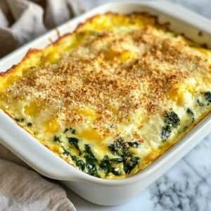 For this cheesy spinach bake, I use 4 cups of fresh spinach. Make sure to wash and chop it well. Fresh spinach gives the dish a bright color and a rich taste. The cheese is key to this recipe. You’ll need 1 cup of ricotta cheese, 1 cup of shredded mozzarella cheese, and ½ cup of grated parmesan cheese. These cheeses create a creamy texture and a rich flavor. The ricotta offers a smooth base, while mozzarella adds stretch. Parmesan gives a nice salty kick. Spices make the dish come alive. You will use ½ teaspoon of garlic powder, ½ teaspoon of onion powder, and ¼ teaspoon of nutmeg. Don’t forget salt and pepper to taste. These spices enhance the taste of the spinach and cheese. For a crunchy finish, add 1 cup of breadcrumbs. Whole wheat breadcrumbs work best. Mix them with 2 tablespoons of melted butter to make them golden and crispy. Top the bake with the remaining mozzarella for an extra cheesy layer. This creates a delightful contrast with the soft filling. {{ingredient_image_1}} First, preheat your oven to 375°F (190°C). This step is key for even baking. Next, grab a large mixing bowl. You will combine the ricotta cheese, half of the shredded mozzarella, grated parmesan, eggs, garlic powder, onion powder, nutmeg, and salt and pepper. Mix all these ingredients well with a fork or spatula. The mixture should be smooth and creamy. Now, take the washed and chopped spinach. Place it in a separate bowl. Squeeze out any extra moisture. This helps keep your dish from getting soggy. Once you do that, fold the spinach into the cheese mixture. Mix gently until the spinach is evenly spread throughout the cheese. This step adds a fresh taste and bright color to your bake. Next, grease a baking dish with a bit of olive oil or cooking spray. Pour the spinach and cheese mixture into the dish. Spread it out evenly. In another bowl, combine the breadcrumbs with the melted butter. Mix until the breadcrumbs are coated. Sprinkle this mixture over the top of the spinach bake. Finally, add the remaining mozzarella cheese for that extra cheesy layer. Bake in the oven for 25-30 minutes. Look for a golden brown top that bubbles nicely. After baking, let the dish cool for a few minutes. This helps the cheesy spinach bake set. When ready, slice it into squares. I like to serve it hot, garnished with fresh parsley or basil for a nice touch. You can pair it with a simple salad or some crusty bread for a complete meal. Enjoy every cheesy bite! Squeezing spinach is key for a great bake. Start by rinsing your fresh spinach. Use clean hands to grab a handful. Twist and press it tightly over a bowl. You want to remove all the water. You can also use a clean kitchen towel. Place the spinach in the towel, then twist and squeeze. This helps keep your bake from being soggy. If you want to change the cheese, there are many options. For a vegan option, try using cashew cheese. Blend soaked cashews with a little water and nutritional yeast. This gives a creamy texture and a cheesy taste. For dairy-free options, use almond or soy cheese. They melt well and taste great. If you need a lower-fat choice, use cottage cheese instead of ricotta. It adds protein without the extra fat. Breadcrumbs add a nice crunch to your spinach bake. For a healthy twist, use whole wheat breadcrumbs. They are richer in fiber and have a great taste. You could also use panko breadcrumbs for extra crispiness. If you want a gluten-free option, use crushed nuts or gluten-free breadcrumbs. Mix them with a bit of olive oil or melted butter to enhance the flavor. This keeps your bake crunchy and delicious. Pro Tips Use Fresh Spinach: Fresh spinach gives the best flavor and texture to your bake. If you must use frozen spinach, make sure to thaw and squeeze out all excess moisture. Cheese Variations: Feel free to experiment with different cheeses such as feta or gouda for unique flavors. Mixing cheeses can elevate the dish. Breadcrumb Choices: Whole wheat breadcrumbs add a nutty flavor, but you can use panko for extra crunch. Consider adding herbs to the breadcrumbs for more taste. Rest Before Serving: Allow the cheesy spinach bake to cool for a few minutes after baking. This helps it set and makes it easier to slice into neat squares. {{image_2}} You can make your cheesy spinach bake heartier by adding proteins. Cooked chicken or sausage works well. Just chop them into small pieces and stir them into the cheese mixture. This adds flavor and makes it more filling. Aim for about 1 to 2 cups of protein, depending on your taste. For a fun vegetarian twist, consider adding mushrooms or artichokes. Sauté chopped mushrooms before adding them to the mix. They bring a rich flavor and meaty texture. Artichokes add a tangy taste that pairs perfectly with cheese. You can use canned artichokes; just drain and chop them. Mix in about 1 cup of either option for a tasty variation. If you need a gluten-free option, it’s easy to adapt your cheesy spinach bake. Swap regular breadcrumbs for gluten-free ones. You can also use crushed gluten-free crackers. They add the same crunch without the gluten. Just make sure to check the packaging to ensure they are truly gluten-free. This way, everyone can enjoy this delicious dish! After baking your cheesy spinach bake, let it cool. Cooling helps keep the texture right. Set it on the counter for about 10 to 15 minutes. This makes it easier to cut and store. Avoid putting hot food in the fridge. It can raise the fridge temperature and spoil other food. To store in the fridge, place the cheesy spinach bake in an airtight container. This keeps moisture in and air out. You can also cover it tightly with plastic wrap or aluminum foil. It will stay fresh for about 3 to 4 days. Just reheat portions in the oven or microwave before serving. If you want to save it longer, freezing works great. First, let the dish cool completely. Cut it into portions for easy thawing. Wrap each piece in plastic wrap, then place them in a freezer bag. Label the bag with the date. Frozen cheesy spinach bake lasts for up to 3 months. To eat, thaw it overnight in the fridge and reheat in the oven. Yes, you can use frozen spinach. Just remember to thaw it first. Squeeze out extra water to avoid a soggy bake. This step helps keep the texture nice and firm. Baking takes about 25 to 30 minutes. Preheat your oven to 375°F (190°C) for best results. Look for a golden top that is bubbly and firm. This dish pairs well with a fresh salad. You can also serve it with crusty bread or rice. These sides balance the creamy flavors of the bake. They add a nice crunch and freshness to your meal. Cheesy spinach bake is simple and tasty. We covered fresh ingredients, dairy, spices, and toppings. Each step, from prep to baking, makes a delicious dish. Remember the tips for the best bake, like squeezing spinach well and using good cheese. You can try fun variations, like adding proteins or making it gluten-free. Store leftovers properly to enjoy later. With these details, you can create your own cheesy spinach bake that everyone will love! Dive in and start baking today!