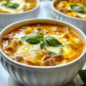 To make creamy lasagna soup, you need some key items. Here’s what you’ll want to gather: - 1 tablespoon olive oil - 1 medium onion, diced - 2 cloves garlic, minced - 1 pound ground beef or turkey - 1 can (28 ounces) crushed tomatoes - 4 cups chicken or vegetable broth - 2 teaspoons dried Italian herbs (basil, oregano, thyme) - 1 teaspoon red pepper flakes (optional) - 8 ounces mafaldini or any pasta of choice - 1 cup ricotta cheese - 1 cup heavy cream - 1 cup shredded mozzarella cheese - Salt and black pepper to taste These ingredients work together to create a rich and hearty soup. You can add more flavor to your soup with some optional ingredients: - 1 tablespoon Worcestershire sauce - 1 cup spinach or kale for extra greens - Fresh herbs like parsley or thyme for garnish These additions can give your soup a unique twist. They enhance the taste and add nutrition. Garnishing your creamy lasagna soup makes it even more appealing. Here are some great ideas: - Fresh basil leaves - Extra shredded mozzarella cheese - Grated Parmesan cheese - Crushed red pepper flakes for heat Garnishes not only look nice but also add layers of flavor. Enjoy experimenting with different toppings! {{ingredient_image_1}} Start by heating one tablespoon of olive oil in a large pot. Use medium heat. Add one diced medium onion. Sauté it for about five minutes. The onion should turn soft and clear. Next, add two minced garlic cloves. Cook it for one more minute. You want to smell that garlic! Now, it's time for the meat. Add one pound of ground beef or turkey to the pot. Break it up with your spoon as it cooks. Keep cooking until it turns brown and is no longer pink. If there’s extra grease, drain it. Then, pour in one can of crushed tomatoes and four cups of chicken or vegetable broth. Mix in two teaspoons of dried Italian herbs. You can use basil, oregano, or thyme. If you like some heat, add one teaspoon of red pepper flakes. Season this mixture with salt and black pepper to taste. Bring the soup to a boil. Once it boils, reduce the heat. Let it simmer for about ten minutes. This helps all the flavors mix well. After ten minutes, add eight ounces of mafaldini or any pasta you prefer. Cook the pasta according to the package instructions. It usually takes about eight to ten minutes to become tender. Once the pasta is ready, stir in one cup of ricotta cheese and one cup of heavy cream. Mix well until the soup is creamy. Heat it for two more minutes. Finally, remove the pot from heat and add one cup of shredded mozzarella cheese. Stir until it melts into the soup. Taste the soup and adjust seasoning if needed. Enjoy your creamy lasagna soup! To boost flavor, use fresh herbs. Fresh basil adds a bright taste. You can also try adding a splash of balsamic vinegar for depth. Don’t forget to taste as you cook. Adjust salt and pepper to fit your palate. A pinch of sugar can balance the acidity from tomatoes, making your soup even better. You can easily change the soup to fit your needs. If you love spice, toss in more red pepper flakes. For a heartier soup, add more vegetables like zucchini or spinach. You can swap ground beef for turkey or even sausage for a different flavor. Feel free to mix in your favorite cheeses to create a unique taste. Cook the pasta just right for the best texture. If you want it al dente, add the pasta during the last 8-10 minutes of cooking. This way, it will soak up the soup's flavor without getting mushy. If you want to make it ahead, cook the pasta separately. This keeps your soup from becoming too thick. Pro Tips Use Fresh Ingredients: Fresh herbs and quality tomatoes elevate the flavor of your soup significantly. Opt for fresh basil instead of dried for a vibrant taste. Customize Your Pasta: Feel free to swap mafaldini for your favorite pasta. Just ensure to adjust the cooking time according to the type of pasta you choose. Make It Vegetarian: Substitute ground beef or turkey with lentils or mushrooms for a hearty vegetarian version of this soup without sacrificing flavor. Garnish Generously: Enhance presentation and flavor by adding a sprinkle of freshly grated Parmesan cheese and a drizzle of olive oil right before serving. {{image_2}} You can easily make a meatless lasagna soup. Simply swap the ground beef or turkey for a mix of vegetables. Use mushrooms, zucchini, and bell peppers. These add great flavor and texture. For protein, add cooked lentils or chickpeas. This keeps the soup filling and hearty without meat. While mafaldini works great, feel free to use any pasta you like. Shells, rotini, or even gluten-free options can fit well. Just adjust the cooking time based on the pasta you choose. Each pasta shape will give the soup a unique feel. If you love spice, add more red pepper flakes. You can also toss in diced jalapeños or a splash of hot sauce. This will give your soup a warming kick. Remember to add heat gradually. Taste as you go to find your perfect spice level. To keep your lasagna soup fresh, store it in an airtight container. Let the soup cool before sealing. Place it in the fridge if you plan to eat it within three days. For longer storage, consider freezing it. To reheat, gently warm the soup on the stove. Stir it often to keep it creamy. If it seems thick, add a splash of broth or water. Heat until it’s hot but do not boil. This helps maintain its rich texture. If you freeze the soup, do it in a freezer-safe container. Leave some space at the top for expansion. The soup can last up to three months in the freezer. When ready to eat, thaw it in the fridge overnight before reheating. Yes, you can use different cheeses. Try using cottage cheese for a lighter option. Cream cheese adds a rich flavor too. You could even use a blend of cheeses. Just remember, the more cheese, the creamier your soup will be! To make this soup gluten-free, switch to gluten-free pasta. There are many great options available, like rice or chickpea pasta. Be sure to check the broth too. Some brands add gluten, so choose a certified gluten-free broth. Serve this soup with crusty bread or garlic bread for dipping. A fresh salad pairs well, adding a nice crunch. You can also top it with extra cheese or fresh herbs for added flavor. Each bite will be a warm, cozy delight! Creamy Lasagna Soup offers a mix of rich flavors and textures. You learned about key ingredients, cooking steps, and tips to enhance taste. Variations let you customize the dish to fit your needs. Proper storage helps maintain that creamy goodness. Enjoy making this comforting soup, and share it with friends and family. Nothing beats a warm bowl of lasagna soup on a chilly day. Dive in and savor every bite!