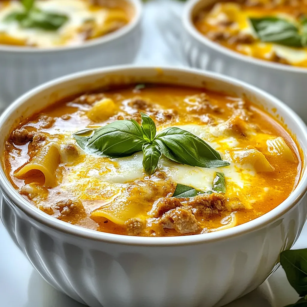 To make creamy lasagna soup, you need some key items. Here’s what you’ll want to gather: - 1 tablespoon olive oil - 1 medium onion, diced - 2 cloves garlic, minced - 1 pound ground beef or turkey - 1 can (28 ounces) crushed tomatoes - 4 cups chicken or vegetable broth - 2 teaspoons dried Italian herbs (basil, oregano, thyme) - 1 teaspoon red pepper flakes (optional) - 8 ounces mafaldini or any pasta of choice - 1 cup ricotta cheese - 1 cup heavy cream - 1 cup shredded mozzarella cheese - Salt and black pepper to taste These ingredients work together to create a rich and hearty soup. You can add more flavor to your soup with some optional ingredients: - 1 tablespoon Worcestershire sauce - 1 cup spinach or kale for extra greens - Fresh herbs like parsley or thyme for garnish These additions can give your soup a unique twist. They enhance the taste and add nutrition. Garnishing your creamy lasagna soup makes it even more appealing. Here are some great ideas: - Fresh basil leaves - Extra shredded mozzarella cheese - Grated Parmesan cheese - Crushed red pepper flakes for heat Garnishes not only look nice but also add layers of flavor. Enjoy experimenting with different toppings! {{ingredient_image_1}} Start by heating one tablespoon of olive oil in a large pot. Use medium heat. Add one diced medium onion. Sauté it for about five minutes. The onion should turn soft and clear. Next, add two minced garlic cloves. Cook it for one more minute. You want to smell that garlic! Now, it's time for the meat. Add one pound of ground beef or turkey to the pot. Break it up with your spoon as it cooks. Keep cooking until it turns brown and is no longer pink. If there’s extra grease, drain it. Then, pour in one can of crushed tomatoes and four cups of chicken or vegetable broth. Mix in two teaspoons of dried Italian herbs. You can use basil, oregano, or thyme. If you like some heat, add one teaspoon of red pepper flakes. Season this mixture with salt and black pepper to taste. Bring the soup to a boil. Once it boils, reduce the heat. Let it simmer for about ten minutes. This helps all the flavors mix well. After ten minutes, add eight ounces of mafaldini or any pasta you prefer. Cook the pasta according to the package instructions. It usually takes about eight to ten minutes to become tender. Once the pasta is ready, stir in one cup of ricotta cheese and one cup of heavy cream. Mix well until the soup is creamy. Heat it for two more minutes. Finally, remove the pot from heat and add one cup of shredded mozzarella cheese. Stir until it melts into the soup. Taste the soup and adjust seasoning if needed. Enjoy your creamy lasagna soup! To boost flavor, use fresh herbs. Fresh basil adds a bright taste. You can also try adding a splash of balsamic vinegar for depth. Don’t forget to taste as you cook. Adjust salt and pepper to fit your palate. A pinch of sugar can balance the acidity from tomatoes, making your soup even better. You can easily change the soup to fit your needs. If you love spice, toss in more red pepper flakes. For a heartier soup, add more vegetables like zucchini or spinach. You can swap ground beef for turkey or even sausage for a different flavor. Feel free to mix in your favorite cheeses to create a unique taste. Cook the pasta just right for the best texture. If you want it al dente, add the pasta during the last 8-10 minutes of cooking. This way, it will soak up the soup's flavor without getting mushy. If you want to make it ahead, cook the pasta separately. This keeps your soup from becoming too thick. Pro Tips Use Fresh Ingredients: Fresh herbs and quality tomatoes elevate the flavor of your soup significantly. Opt for fresh basil instead of dried for a vibrant taste. Customize Your Pasta: Feel free to swap mafaldini for your favorite pasta. Just ensure to adjust the cooking time according to the type of pasta you choose. Make It Vegetarian: Substitute ground beef or turkey with lentils or mushrooms for a hearty vegetarian version of this soup without sacrificing flavor. Garnish Generously: Enhance presentation and flavor by adding a sprinkle of freshly grated Parmesan cheese and a drizzle of olive oil right before serving. {{image_2}} You can easily make a meatless lasagna soup. Simply swap the ground beef or turkey for a mix of vegetables. Use mushrooms, zucchini, and bell peppers. These add great flavor and texture. For protein, add cooked lentils or chickpeas. This keeps the soup filling and hearty without meat. While mafaldini works great, feel free to use any pasta you like. Shells, rotini, or even gluten-free options can fit well. Just adjust the cooking time based on the pasta you choose. Each pasta shape will give the soup a unique feel. If you love spice, add more red pepper flakes. You can also toss in diced jalapeños or a splash of hot sauce. This will give your soup a warming kick. Remember to add heat gradually. Taste as you go to find your perfect spice level. To keep your lasagna soup fresh, store it in an airtight container. Let the soup cool before sealing. Place it in the fridge if you plan to eat it within three days. For longer storage, consider freezing it. To reheat, gently warm the soup on the stove. Stir it often to keep it creamy. If it seems thick, add a splash of broth or water. Heat until it’s hot but do not boil. This helps maintain its rich texture. If you freeze the soup, do it in a freezer-safe container. Leave some space at the top for expansion. The soup can last up to three months in the freezer. When ready to eat, thaw it in the fridge overnight before reheating. Yes, you can use different cheeses. Try using cottage cheese for a lighter option. Cream cheese adds a rich flavor too. You could even use a blend of cheeses. Just remember, the more cheese, the creamier your soup will be! To make this soup gluten-free, switch to gluten-free pasta. There are many great options available, like rice or chickpea pasta. Be sure to check the broth too. Some brands add gluten, so choose a certified gluten-free broth. Serve this soup with crusty bread or garlic bread for dipping. A fresh salad pairs well, adding a nice crunch. You can also top it with extra cheese or fresh herbs for added flavor. Each bite will be a warm, cozy delight! Creamy Lasagna Soup offers a mix of rich flavors and textures. You learned about key ingredients, cooking steps, and tips to enhance taste. Variations let you customize the dish to fit your needs. Proper storage helps maintain that creamy goodness. Enjoy making this comforting soup, and share it with friends and family. Nothing beats a warm bowl of lasagna soup on a chilly day. Dive in and savor every bite!