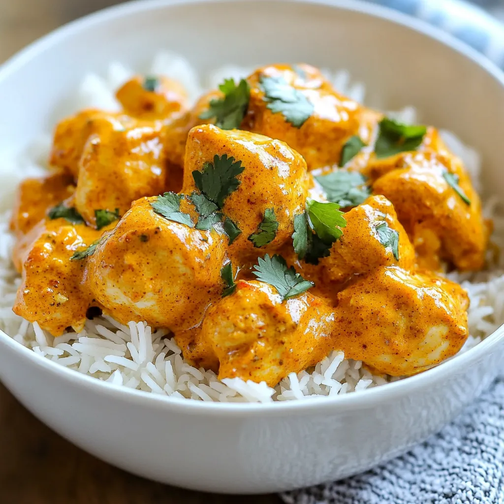 - 500g boneless chicken thighs, cut into bite-sized pieces - 1 tablespoon butter - 1 medium onion, finely chopped - 3 cloves garlic, minced - 1 tablespoon ginger, grated - 1 can (400g) crushed tomatoes - 1 cup heavy cream - 2 teaspoons garam masala - 1 teaspoon turmeric - 1 teaspoon cumin - 1 teaspoon coriander - 1 teaspoon paprika - Salt and pepper, to taste - Fresh cilantro, for garnish - Steamed basmati rice or naan, for serving - Large skillet - Cutting board - Sharp knife - Measuring spoons - Wooden spoon - Serving dish - Chicken thighs can be swapped for chicken breast. - Use coconut milk instead of heavy cream for a lighter dish. - If you don't have garam masala, mix equal parts of cumin, coriander, and paprika. - Fresh ginger can be replaced with ginger powder in a pinch. - You can use vegetable broth instead of crushed tomatoes for a lighter sauce. {{ingredient_image_1}} Start by gathering all your ingredients. You need 500g of boneless chicken thighs, cut into bite-sized pieces. Chop one medium onion finely. Mince three cloves of garlic and grate one tablespoon of ginger. You’ll also need one can of crushed tomatoes and one cup of heavy cream. Don’t forget the spices: two teaspoons of garam masala, one teaspoon each of turmeric, cumin, coriander, and paprika. Salt and pepper are key for flavor. Finally, have some fresh cilantro for garnish and steamed basmati rice or naan for serving. In a large skillet, melt one tablespoon of butter over medium heat. Add the chopped onion and sauté for about three to four minutes. You want it to be golden and soft. Next, stir in the minced garlic and grated ginger. Cook for one to two minutes until you smell that wonderful aroma. Now, add the chicken pieces to the skillet. Season it with salt and pepper. Cook the chicken for about five to seven minutes until it’s browned on all sides. Once the chicken is browned, sprinkle in the garam masala, turmeric, cumin, coriander, and paprika. Stir well so the chicken gets coated in all those spices. Cook for another minute to build the flavor. Now, pour in the crushed tomatoes and stir to mix it with the chicken. Allow this to simmer for about ten minutes. After that, reduce the heat to low. Slowly stir in the heavy cream until it’s well blended. Let it simmer for another five to seven minutes. This will make the sauce thick and creamy. Taste it and adjust the seasoning with more salt and pepper, if needed. Serve hot, garnished with fresh cilantro, along with steamed basmati rice or naan. Enjoy! To make your butter chicken shine, use fresh spices. Fresh spices bring out the best flavors. Make sure to brown your chicken well. This adds a rich taste to the dish. When you add cream, do it slowly. This keeps the sauce smooth and creamy. Always taste as you cook. Adjust the salt and spices to fit your taste. One common mistake is overcooking the chicken. Overcooked chicken can be dry. Cook just until it is no longer pink. Another mistake is using low-quality tomatoes. Good tomatoes make a difference in flavor. Avoid skipping the garnishing step. Fresh cilantro adds a lovely touch. Also, don’t rush the simmering time. Letting it simmer helps the flavors meld. Butter chicken pairs well with steamed basmati rice. The rice soaks up the sauce nicely. You can also serve it with warm naan. Naan is perfect for scooping up the dish. For a fresh crunch, add a side salad. A simple cucumber salad works wonders. If you want to spice it up, serve with chutney. Chutney adds a delightful zing. Pro Tips Marinate the Chicken: For deeper flavor, marinate the chicken pieces in yogurt and spices for at least 30 minutes before cooking. Use Ghee Instead of Butter: Ghee adds a rich, nutty flavor that can elevate the dish. Substitute ghee for butter for an authentic taste. Adjust Spice Levels: Feel free to adjust the spices according to your heat tolerance. Add chili powder for extra heat or reduce the amount of garam masala for a milder flavor. Rest Before Serving: Allow the butter chicken to rest for a few minutes after cooking. This helps the flavors meld together and enhances the dish. {{image_2}} You can easily make a vegetarian version of butter chicken. Use tofu or chickpeas instead of chicken. Tofu absorbs flavors well, making it a great choice. For extra creaminess, add more heavy cream or use coconut milk. The spices stay the same, so you get that rich flavor. Serve it with basmati rice or naan for a complete meal. If you like heat, add more spice to your butter chicken. You can use fresh green chilies or red pepper flakes. Mix in one or two chopped green chilies when you sauté the onions. This gives the dish a nice kick. Another option is to add a pinch of cayenne pepper when you add the spices. This way, you can control the heat level to your taste. Serve butter chicken with steamed basmati rice or warm naan. Both options soak up the sauce well. You can also try it with quinoa for a healthy twist. If you want a lighter meal, serve it with a fresh salad. A side of roasted vegetables pairs well too. Get creative and enjoy this dish in new ways! To store leftover butter chicken, place it in an airtight container. Make sure it cools down first. Store it in the fridge for up to three days. This keeps the chicken fresh and safe to eat. When you are ready to eat, reheat the butter chicken on the stove. Use low heat and stir often to avoid burning. You can also use the microwave. Heat in short bursts, stirring in between. This helps it warm evenly and stay creamy. To freeze butter chicken, first, let it cool completely. Pour it into a freezer-safe container. Leave some space at the top for expansion. You can freeze it for up to three months. When ready to eat, thaw it in the fridge overnight before reheating. Butter chicken is a popular Indian dish. It features tender chicken pieces cooked in a rich, creamy sauce. The sauce contains tomatoes, butter, and a mix of spices. This dish is known for its smooth texture and bold flavors. It pairs well with rice or naan. Yes, you can make butter chicken ahead of time. It tastes even better the next day. Allow it to cool, then store it in an airtight container. Keep it in the fridge for up to three days. When you're ready to eat, just reheat it on the stove or microwave. Serve butter chicken with steamed basmati rice or warm naan. Both options soak up the sauce well. You can also add a side salad for freshness. For a special touch, garnish with fresh cilantro. This adds color and flavor. This blog post laid out all you need for tasty butter chicken. We covered key ingredients, tools, and clever substitutions. You got step-by-step cooking guides and tips to avoid common mistakes. Plus, we explored fun variations to suit everyone’s taste. Lastly, we shared how to store leftovers and answered your FAQs. Enjoy your butter chicken adventure, and remember, practice makes perfect!