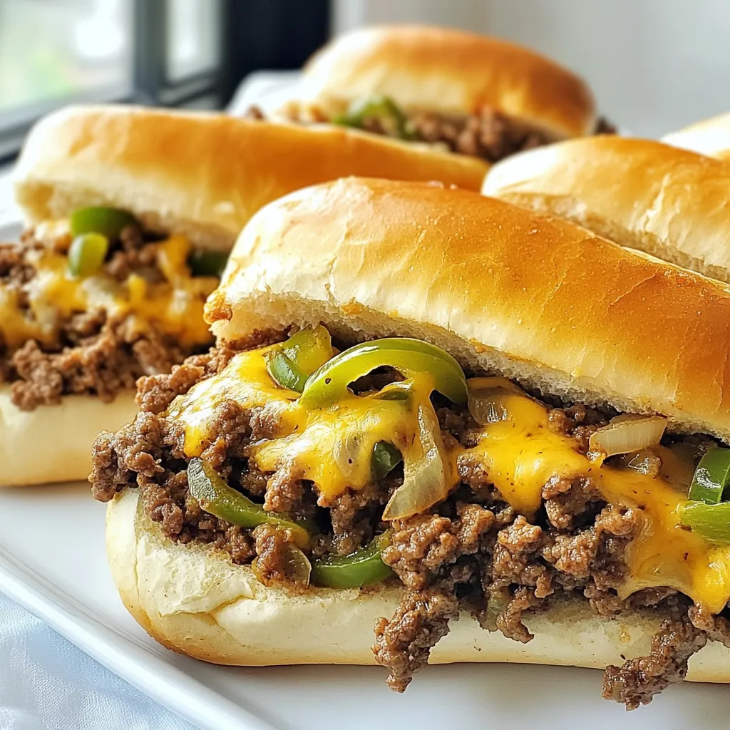 - 1 lb ground beef - 1 medium onion, thinly sliced - 1 green bell pepper, thinly sliced - 1 tablespoon garlic, minced - 2 teaspoons Worcestershire sauce - Salt and pepper to taste - 4 hoagie rolls - 8 slices provolone cheese - 2 tablespoons olive oil - Optional: sliced jalapeños for spice Using high-quality ingredients makes a big difference. Choose fresh ground beef for the best flavor. Look for ground beef that is at least 80% lean. Fresh vegetables give your cheesesteak a great crunch. Select onions and bell peppers that are firm and bright in color. For cheese, use good-quality provolone. It melts well and adds a rich taste. You can add sliced jalapeños for some heat. They give your cheesesteak a nice kick. Other options include mushrooms or spinach. These add more layers of taste. If you want a smoky flavor, try adding smoked paprika. Each of these choices can make your cheesesteak unique and exciting. {{ingredient_image_1}} Start by gathering all your ingredients. You will need ground beef, onion, bell pepper, garlic, Worcestershire sauce, salt, pepper, hoagie rolls, provolone cheese, and olive oil. Slice the onion and green bell pepper thinly. Mince the garlic. This will help the flavors mix well. Heat olive oil in a large skillet over medium heat. Add the sliced onion and bell pepper. Cook them for about 7-8 minutes until they soften. Stir in the minced garlic and let it cook for one more minute. This will make your kitchen smell great! Remove the veggies from the skillet and set them aside. In the same skillet, add your ground beef. Season it with salt, pepper, and Worcestershire sauce. Cook the beef for about 5-6 minutes. Break it up with a spatula as it cooks. Make sure it is browned and cooked through. Drain any extra fat from the skillet. Next, add the cooked onion and bell pepper back to the skillet. Stir everything together and cook for another 2-3 minutes. This helps all the flavors blend together perfectly. Preheat your oven to 350°F (175°C). Take your hoagie rolls and slice them lengthwise, but do not cut all the way through. You want to create a pocket for the filling. Place them on a baking sheet. Fill each hoagie roll with the ground beef and veggie mixture. Top each one with two slices of provolone cheese. Bake in the oven for 5-7 minutes, until the cheese melts and bubbles. If you want a golden top, broil it for 1-2 minutes, but watch it closely so it does not burn. Once done, remove from the oven. If you like some heat, add sliced jalapeños on top. Serve your delicious Ground Beef Philly Cheesesteaks right away! To boost the taste of your Ground Beef Philly Cheesesteaks, use fresh ingredients. Fresh onions and peppers add brightness. Worcestershire sauce gives depth and richness. Try adding a pinch of smoked paprika for a smoky twist. You can also experiment with different cheeses. Cheddar or gouda can add a unique flavor. If you like heat, toss in sliced jalapeños. They add a spicy kick that excites the palate. For tender ground beef, use medium heat when cooking. This helps the beef cook evenly without getting tough. Keep breaking the meat apart with a spatula. This allows it to brown nicely. Don't rush it! Let it cook fully to get that nice caramel color. Drain any excess fat after cooking. This keeps your cheesesteaks from being greasy. Serve your cheesesteaks with a side of crispy fries or a fresh salad. You can offer dipping sauces like ranch or spicy mayo for extra flavor. For a fun twist, try serving them with pickles or slaw on the side. These add crunch and brightness to your meal. Enjoy your cheesesteaks hot and fresh from the oven for the best taste! Pro Tips Choose the Right Beef: For the best flavor and texture, opt for ground beef with a higher fat content, such as 80/20. It will keep the cheesesteaks juicy and delicious. Don't Skip the Worcestershire Sauce: This ingredient adds a depth of flavor and enhances the umami in the beef. A little goes a long way, so measure it out carefully. Customize Your Veggies: Feel free to add other vegetables like mushrooms or diced tomatoes for extra flavor and texture. Just sauté them along with the onions and peppers. Perfect Cheese Melt: For a perfectly melted cheese topping, consider covering the hoagies with foil for the first half of the baking time, then remove it to broil for a golden finish. {{image_2}} You can switch up the cheese for your cheesesteak. Provolone is great, but try these: - Cheddar for a sharp flavor - Mozzarella for a stretchy, creamy bite - Swiss for a nutty taste - Pepper jack for a spicy kick Each cheese adds a different twist. Mix and match to find your favorite! Want to boost flavor? Add more veggies or spices. Some great options include: - Mushrooms for an earthy taste - Spinach for a fresh touch - Sliced jalapeños for heat - Hot sauce for an extra kick You can also sprinkle in spices like paprika or Italian herbs. These add depth and make your meal special. You can enjoy cheesesteaks even if you're gluten-free or on a low-carb diet. Here are some ideas: - Use lettuce wraps instead of hoagie rolls - Try gluten-free hoagie rolls available in stores - Use cauliflower rice as a base for a low-carb version These swaps help you enjoy the dish without the extra carbs or gluten. You can still savor every bite! To store your leftovers, let them cool first. Place them in an airtight container. Keep them in the fridge for up to three days. This way, your cheesesteaks stay fresh and tasty. Make sure the container seals well to avoid air and moisture. When you’re ready to enjoy your leftovers, preheat your oven to 350°F. Place the cheesesteaks on a baking sheet. Heat them for about 10-15 minutes until warm. You can also use a microwave. Just place the cheesesteak on a plate and heat for one to two minutes. This keeps the bread soft while warming the filling. To freeze your cheesesteaks, wrap each one tightly in foil. Then, place them in a freezer bag or container. Label the bag with the date. You can freeze them for up to three months. When you’re ready to eat, thaw them in the fridge overnight. Then, reheat as mentioned above for a quick meal. Yes, you can use other meats. Chicken or turkey works well. You can also use pork if you prefer. Just remember to cook them until fully done. Adjust your cooking times based on the meat you choose. Ground turkey is leaner but still tasty. To make your cheesesteaks taste more authentic, use ribeye or sirloin. These meats have great flavor and tenderness. Also, use classic cheese like Cheez Whiz or provolone. Add sautéed mushrooms for extra flavor and texture. Use fresh hoagie rolls for the best sandwich experience. Many sides go well with Ground Beef Philly Cheesesteaks. Here are some great options: - French fries: Crispy and salty, they are a classic choice. - Potato chips: For a quick and easy crunch. - Coleslaw: Adds a fresh, crunchy contrast. - Pickles: They give a nice tangy bite. - Salad: A light side to balance the richness of the cheesesteaks. These sides enhance your meal and make it more enjoyable. This blog post covered the key aspects of making Ground Beef Philly Cheesesteaks. We explored the best ingredients and their quality, along with optional additions for flavor. I shared clear, step-by-step instructions for preparation and cooking. Tips for enhancing flavor and perfect serving methods were also included. Plus, we discussed various ingredient variations and how to store leftovers. In conclusion, you can create a delicious cheesesteak at home with ease. Enjoy experimenting with flavors and sharing your tasty creation!
