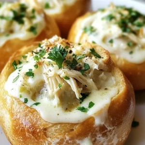 For this recipe, you will need four large sourdough bread bowls. Sourdough adds a wonderful flavor and texture. Its crusty exterior holds the creamy filling well. Next, gather your chicken and dairy ingredients. You will need: - 2 cups cooked chicken breast, shredded - 1 cup heavy cream - 1 cup grated Parmesan cheese The chicken adds protein and heartiness. Heavy cream gives the dish a rich, smooth texture. Parmesan cheese adds depth and a salty kick. Now, let's look at the seasonings and garnish. You will need: - 2 cloves garlic, minced - 2 tablespoons unsalted butter - 1 teaspoon Italian seasoning - Salt and pepper to taste - Fresh parsley, chopped (for garnish) Garlic brings out the flavor in the sauce. Butter adds richness while Italian seasoning ties everything together. Salt and pepper enhance all the flavors, and parsley gives a fresh touch for garnish. {{ingredient_image_1}} Start by melting two tablespoons of unsalted butter in a saucepan over medium heat. Add two cloves of minced garlic and sauté for one to two minutes. Keep a close eye on it to avoid burning. Next, pour in one cup of heavy cream and let it come to a gentle simmer. Then, add in one cup of grated Parmesan cheese. Stir continuously until the cheese melts and the sauce is smooth. Incorporate the shredded chicken and one teaspoon of Italian seasoning. Season with salt and pepper to taste. Let it cook for another two to three minutes to blend the flavors. While your sauce simmers, prepare the four large sourdough bread bowls. First, carefully cut off the tops of the bread bowls. Use a spoon to hollow out the insides, but keep the bread intact. This will help hold the creamy filling without spilling. Make sure the bread walls are thick enough to hold the sauce. Now, place the hollowed bread bowls on a baking sheet. Fill each bowl generously with the creamy chicken Alfredo mixture. Preheat your oven to 375°F (190°C) and bake the bowls for 15 to 20 minutes. You want the bread warm and slightly crispy on the edges. Once done, remove them from the oven and let them cool for a minute. For a nice touch, garnish with freshly chopped parsley before serving. Enjoy your delicious Chicken Alfredo Garlic Bread Bowls! For a creamy Alfredo sauce, use heavy cream. This gives your sauce a rich texture. Heat the butter in a pan before adding minced garlic. Watch it closely; you want it fragrant but not burnt. Once the garlic is ready, add the cream and let it simmer. Stir in grated Parmesan cheese slowly. This helps it melt smoothly. Mix in your shredded chicken and Italian seasoning. Taste and add salt and pepper to your liking. Let it cook for a few minutes to blend the flavors. Store leftover chicken Alfredo in an airtight container. Keep it in the fridge for up to three days. If you want to freeze it, use freezer-safe bags. The sauce may change in texture after freezing. When reheating, use low heat on the stove. Add a splash of cream or milk to revive the sauce. Stir often to avoid burning. You can also use a microwave. Heat in short bursts, stirring in between. Serve your garlic bread bowls on a rustic wooden platter. Place the bread tops next to the bowls for dipping. This looks great and adds fun for guests. For a finishing touch, sprinkle extra Parmesan and parsley on top. You can also add a drizzle of olive oil for shine. This gives your dish a gourmet look. Enjoy the smiles as you serve this delightful meal! Pro Tips Choose the Right Bread: Opt for sturdy sourdough bread bowls to ensure they hold the creamy filling without getting soggy. Customize Your Chicken: Use rotisserie chicken for a quick option, or marinate and grill your chicken for added flavor. Make It Extra Cheesy: Add a mix of cheeses like mozzarella or Romano for a richer taste and gooey texture. Garnish with Flair: Fresh herbs like basil or thyme can add a pop of color and flavor, making your dish visually appealing. {{image_2}} You can make your Chicken Alfredo Garlic Bread Bowls even better with veggies. Adding spinach, broccoli, or bell peppers boosts flavor and nutrition. You can sauté these vegetables with garlic before mixing them into the Alfredo sauce. Just chop them small so they fit well in the bread bowls. This way, you get a tasty and colorful dish. If you want to switch up the protein, there are many options. You can use shrimp, turkey, or even mushrooms for a vegetarian twist. Cook the shrimp until pink, or sauté the mushrooms until golden brown. Then, mix them into the Alfredo sauce just like the chicken. Each protein adds a different taste, making your meal unique. For a gluten-free version, choose gluten-free bread bowls. Many stores offer gluten-free sourdough options. You can also serve the creamy Alfredo sauce over gluten-free pasta if you can’t find bread bowls. This way, you can enjoy the same great flavors without any gluten. Just remember to check labels to ensure everything is safe for your diet. Store any leftover Chicken Alfredo in an airtight container. Keep it in the fridge. It will last for up to three days. If you want to save the bread bowls, store them separately. This keeps them from getting too soggy. You can freeze Chicken Alfredo, but do it without the bread bowls. Place the chicken Alfredo in a freezer-safe container. It will stay fresh for up to two months. Label the container with the date. This way, you’ll know how long it’s been in the freezer. To reheat, first, thaw the chicken Alfredo in the fridge overnight. Then, use a saucepan over medium heat. Stir it often until it's warm. If it looks thick, add a splash of cream or milk to loosen it up. You can also microwave it. Use a microwave-safe bowl and heat in short bursts. Stir in between to ensure even heating. Enjoy your creamy delight! Yes, you can use other types of bread. Italian bread or baguettes work well. You want bread that is sturdy enough to hold the creamy sauce. Just make sure to hollow it out like you would with sourdough. You can use half-and-half or whole milk as a lighter option. For a dairy-free choice, use coconut cream or almond milk. Each option will change the taste slightly, but they still create a tasty sauce. To make Chicken Alfredo from scratch, follow these steps: 1. Melt butter in a pan and add minced garlic. 2. Pour in heavy cream and bring it to a gentle simmer. 3. Stir in grated Parmesan cheese until it melts. 4. Mix in cooked chicken and season with salt and pepper. This simple process gives you a rich and creamy sauce for your dish. Enjoy the delicious flavors! We explored how to make delicious chicken Alfredo in a sourdough bread bowl. We started with the key ingredients, then walked through the steps to prepare your dish. I shared tips for the sauce, storage, and presentation. You also discovered variations to fit your taste and dietary needs. In the end, making this meal is fun and easy. Enjoying your creation with friends or family is what cooking is all about!
