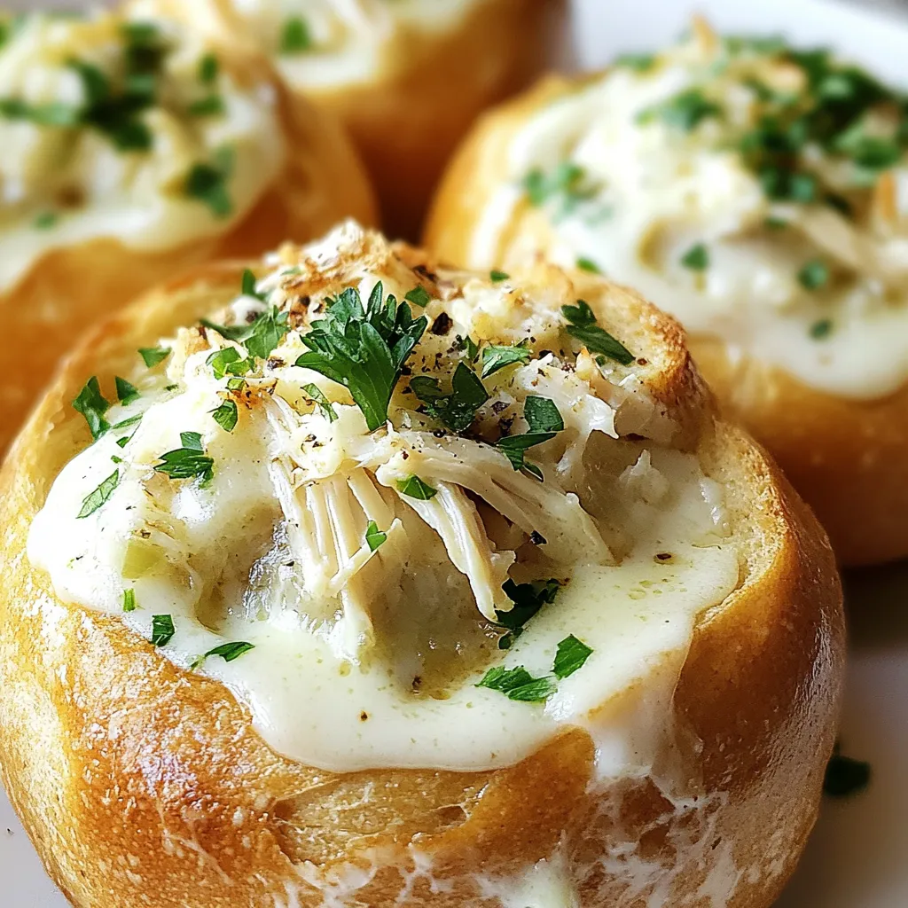 For this recipe, you will need four large sourdough bread bowls. Sourdough adds a wonderful flavor and texture. Its crusty exterior holds the creamy filling well. Next, gather your chicken and dairy ingredients. You will need: - 2 cups cooked chicken breast, shredded - 1 cup heavy cream - 1 cup grated Parmesan cheese The chicken adds protein and heartiness. Heavy cream gives the dish a rich, smooth texture. Parmesan cheese adds depth and a salty kick. Now, let's look at the seasonings and garnish. You will need: - 2 cloves garlic, minced - 2 tablespoons unsalted butter - 1 teaspoon Italian seasoning - Salt and pepper to taste - Fresh parsley, chopped (for garnish) Garlic brings out the flavor in the sauce. Butter adds richness while Italian seasoning ties everything together. Salt and pepper enhance all the flavors, and parsley gives a fresh touch for garnish. {{ingredient_image_1}} Start by melting two tablespoons of unsalted butter in a saucepan over medium heat. Add two cloves of minced garlic and sauté for one to two minutes. Keep a close eye on it to avoid burning. Next, pour in one cup of heavy cream and let it come to a gentle simmer. Then, add in one cup of grated Parmesan cheese. Stir continuously until the cheese melts and the sauce is smooth. Incorporate the shredded chicken and one teaspoon of Italian seasoning. Season with salt and pepper to taste. Let it cook for another two to three minutes to blend the flavors. While your sauce simmers, prepare the four large sourdough bread bowls. First, carefully cut off the tops of the bread bowls. Use a spoon to hollow out the insides, but keep the bread intact. This will help hold the creamy filling without spilling. Make sure the bread walls are thick enough to hold the sauce. Now, place the hollowed bread bowls on a baking sheet. Fill each bowl generously with the creamy chicken Alfredo mixture. Preheat your oven to 375°F (190°C) and bake the bowls for 15 to 20 minutes. You want the bread warm and slightly crispy on the edges. Once done, remove them from the oven and let them cool for a minute. For a nice touch, garnish with freshly chopped parsley before serving. Enjoy your delicious Chicken Alfredo Garlic Bread Bowls! For a creamy Alfredo sauce, use heavy cream. This gives your sauce a rich texture. Heat the butter in a pan before adding minced garlic. Watch it closely; you want it fragrant but not burnt. Once the garlic is ready, add the cream and let it simmer. Stir in grated Parmesan cheese slowly. This helps it melt smoothly. Mix in your shredded chicken and Italian seasoning. Taste and add salt and pepper to your liking. Let it cook for a few minutes to blend the flavors. Store leftover chicken Alfredo in an airtight container. Keep it in the fridge for up to three days. If you want to freeze it, use freezer-safe bags. The sauce may change in texture after freezing. When reheating, use low heat on the stove. Add a splash of cream or milk to revive the sauce. Stir often to avoid burning. You can also use a microwave. Heat in short bursts, stirring in between. Serve your garlic bread bowls on a rustic wooden platter. Place the bread tops next to the bowls for dipping. This looks great and adds fun for guests. For a finishing touch, sprinkle extra Parmesan and parsley on top. You can also add a drizzle of olive oil for shine. This gives your dish a gourmet look. Enjoy the smiles as you serve this delightful meal! Pro Tips Choose the Right Bread: Opt for sturdy sourdough bread bowls to ensure they hold the creamy filling without getting soggy. Customize Your Chicken: Use rotisserie chicken for a quick option, or marinate and grill your chicken for added flavor. Make It Extra Cheesy: Add a mix of cheeses like mozzarella or Romano for a richer taste and gooey texture. Garnish with Flair: Fresh herbs like basil or thyme can add a pop of color and flavor, making your dish visually appealing. {{image_2}} You can make your Chicken Alfredo Garlic Bread Bowls even better with veggies. Adding spinach, broccoli, or bell peppers boosts flavor and nutrition. You can sauté these vegetables with garlic before mixing them into the Alfredo sauce. Just chop them small so they fit well in the bread bowls. This way, you get a tasty and colorful dish. If you want to switch up the protein, there are many options. You can use shrimp, turkey, or even mushrooms for a vegetarian twist. Cook the shrimp until pink, or sauté the mushrooms until golden brown. Then, mix them into the Alfredo sauce just like the chicken. Each protein adds a different taste, making your meal unique. For a gluten-free version, choose gluten-free bread bowls. Many stores offer gluten-free sourdough options. You can also serve the creamy Alfredo sauce over gluten-free pasta if you can’t find bread bowls. This way, you can enjoy the same great flavors without any gluten. Just remember to check labels to ensure everything is safe for your diet. Store any leftover Chicken Alfredo in an airtight container. Keep it in the fridge. It will last for up to three days. If you want to save the bread bowls, store them separately. This keeps them from getting too soggy. You can freeze Chicken Alfredo, but do it without the bread bowls. Place the chicken Alfredo in a freezer-safe container. It will stay fresh for up to two months. Label the container with the date. This way, you’ll know how long it’s been in the freezer. To reheat, first, thaw the chicken Alfredo in the fridge overnight. Then, use a saucepan over medium heat. Stir it often until it's warm. If it looks thick, add a splash of cream or milk to loosen it up. You can also microwave it. Use a microwave-safe bowl and heat in short bursts. Stir in between to ensure even heating. Enjoy your creamy delight! Yes, you can use other types of bread. Italian bread or baguettes work well. You want bread that is sturdy enough to hold the creamy sauce. Just make sure to hollow it out like you would with sourdough. You can use half-and-half or whole milk as a lighter option. For a dairy-free choice, use coconut cream or almond milk. Each option will change the taste slightly, but they still create a tasty sauce. To make Chicken Alfredo from scratch, follow these steps: 1. Melt butter in a pan and add minced garlic. 2. Pour in heavy cream and bring it to a gentle simmer. 3. Stir in grated Parmesan cheese until it melts. 4. Mix in cooked chicken and season with salt and pepper. This simple process gives you a rich and creamy sauce for your dish. Enjoy the delicious flavors! We explored how to make delicious chicken Alfredo in a sourdough bread bowl. We started with the key ingredients, then walked through the steps to prepare your dish. I shared tips for the sauce, storage, and presentation. You also discovered variations to fit your taste and dietary needs. In the end, making this meal is fun and easy. Enjoying your creation with friends or family is what cooking is all about!