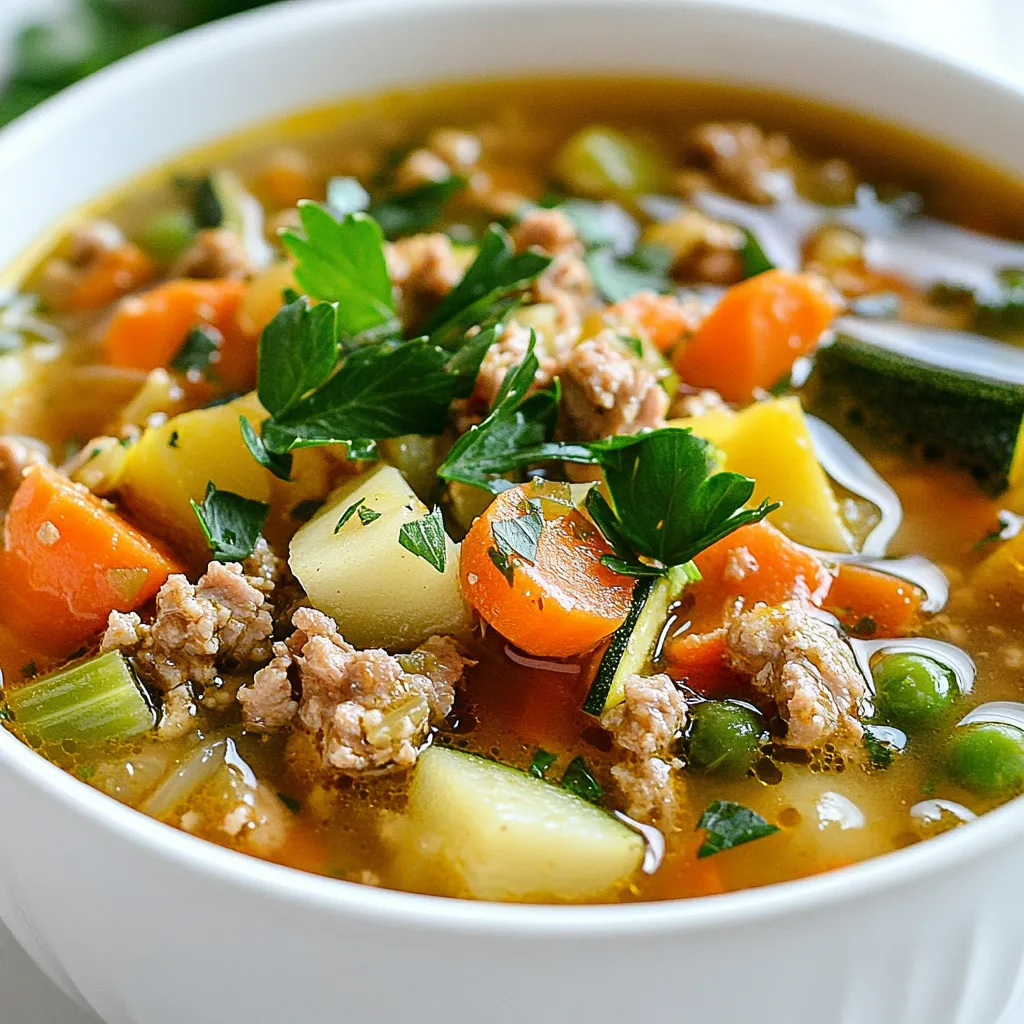 To make this hearty soup, you will need the following ingredients: - 1 lb ground turkey - 1 tablespoon olive oil - 1 medium onion, diced - 2 garlic cloves, minced - 3 carrots, diced - 2 celery stalks, diced - 1 bell pepper (any color), diced - 1 zucchini, diced - 1 cup green beans, trimmed and cut into 1-inch pieces - 4 cups low-sodium chicken broth - 1 can (14.5 oz) diced tomatoes with juices - 1 teaspoon dried thyme - 1 teaspoon smoked paprika - Salt and pepper to taste - 2 cups fresh spinach - Fresh parsley, chopped (for garnish) You can add these extra ingredients to boost the flavor: - A pinch of red pepper flakes for heat - 1 tablespoon lemon juice for brightness - Fresh herbs like basil or oregano for a fresh taste If you have specific dietary needs, here are some easy swaps: - Use ground chicken or beef instead of turkey - Swap the chicken broth for vegetable broth for a vegetarian option - Replace zucchini with squash for a different texture - Use quinoa or rice instead of beans for a gluten-free choice These options keep your soup fun and tasty while meeting your needs! {{ingredient_image_1}} First, take a large pot or Dutch oven. Heat 1 tablespoon of olive oil over medium heat. Add 1 pound of ground turkey. Use a spoon to break it apart. Cook until it turns brown and is no longer pink. This should take about 5 to 7 minutes. Next, stir in 1 medium diced onion and 2 minced garlic cloves. Cook until the onion looks clear, which will be about 3 minutes. Now, add 3 diced carrots, 2 diced celery stalks, and 1 diced bell pepper. Stir occasionally for 5 minutes. You want the vegetables to start softening. Then, mix in 1 diced zucchini and 1 cup of green beans cut into 1-inch pieces. Stir everything together until well combined. Pour in 4 cups of low-sodium chicken broth. Then, add 1 can of diced tomatoes, including the juices. Sprinkle in 1 teaspoon of dried thyme and 1 teaspoon of smoked paprika. Season with salt and pepper to taste. Bring the mixture to a boil over high heat. Once it boils, lower the heat to let the soup simmer. Let it cook for 20 to 25 minutes. This time allows the flavors to mix and the vegetables to become tender. Just a few minutes before serving, stir in 2 cups of fresh spinach. Cook until the spinach wilts, which takes only a minute or two. After that, taste the soup. Adjust the seasoning if you need to. Serve the soup hot and garnish it with chopped fresh parsley. This adds a nice touch and fresh flavor to your dish. Enjoy your cozy bowl of ground turkey vegetable soup! To boost the taste of your soup, use fresh herbs. Fresh parsley adds a nice touch. Add lemon juice for brightness. A splash of soy sauce can deepen the umami flavor. You can also try adding a bay leaf while it simmers. Remember to remove it before serving. Some veggies take longer to cook than others. Carrots and celery need about 5 minutes to soften. Zucchini and green beans cook faster, about 3-4 minutes. If you add frozen vegetables, check the package for cooking times. Stir them in with the broth to heat through. This soup is great for meal prep! Make a big batch and store it in the fridge. Use airtight containers for the best results. It lasts up to four days. You can also freeze it in portions. Just thaw it in the fridge overnight before reheating. This way, you always have a warm meal ready! Pro Tips Use Fresh Ingredients: Fresh vegetables enhance the flavor and nutritional value of your soup. Choose seasonal produce for the best results. Customize Your Protein: Feel free to substitute ground turkey with ground chicken, beef, or even a plant-based alternative to suit your dietary preferences. Add More Spices: Experiment with additional herbs and spices, such as basil or oregano, to customize the flavor profile of your soup. Make It Ahead: This soup stores well in the fridge for up to 3 days or can be frozen for up to 3 months, making it perfect for meal prep! {{image_2}} You can boost the soup's nutrition by adding more vegetables. Try adding: - Sweet potatoes: These add sweetness and a creamy texture. - Kale: This hearty green gives a nice color and nutrients. - Peas: They add a pop of sweetness and a nice texture. - Corn: This adds a sweet crunch and bright color. - Broccoli: It adds fiber and a nice bite to the soup. Feel free to mix and match! The more colors on your plate, the better. If you want to switch things up, consider these protein options: - Ground chicken: This is a lean choice with a similar taste. - Lean beef: It gives a richer flavor. Just drain the fat. - Tofu: Use firm tofu for a plant-based protein boost. - Lentils: These are a great substitute for meat. They add fiber and protein. - Chickpeas: They add texture and a nutty flavor. Each option changes the taste, so have fun experimenting! You can easily make this soup gluten-free or low-carb. Here are some tips: - For a gluten-free version, use low-sodium chicken broth labeled gluten-free. - Instead of regular pasta, try zucchini noodles or cauliflower rice. - Skip the carrots if you want a low-carb option. They add sugar. - Use a variety of non-starchy vegetables like spinach, bell peppers, and zucchini. These changes keep the soup tasty while meeting your dietary needs. To keep your Ground Turkey Vegetable Soup fresh, follow these tips. First, let the soup cool to room temperature. This step helps prevent condensation in the storage container. Next, use an airtight container. This keeps the soup from absorbing other odors in the fridge. Store it in the fridge for up to three days. If you want to save it longer, freezing is a great option. Freezing your soup is easy and effective. First, allow the soup to cool completely. Then, pour it into freezer-safe containers or heavy-duty freezer bags. Leave some space at the top. Soup expands when it freezes. Label the containers with the date. This way, you know when to use it. You can freeze the soup for up to three months. When you’re ready to eat it, just thaw it in the fridge overnight. When it’s time to enjoy your soup, reheat it carefully. Pour the soup into a pot and warm it over medium heat. Stir it often to ensure even heating. If the soup seems thick, add a splash of broth or water. This helps bring back its creamy texture. You can also microwave the soup in a microwave-safe bowl. Heat it in short bursts, stirring in between. This keeps the soup from getting too hot or boiling over. Enjoy your cozy meal! You can add heat to your soup easily. One way is to include red pepper flakes. Start with a pinch and adjust to taste. You can also use a dash of hot sauce. If you want more flavor, try adding diced jalapeños or serrano peppers. These fresh peppers give a nice kick. Just remember to taste as you go! Yes, frozen vegetables work great in this soup. They save time and still taste good. Just add them in the last 10 minutes of cooking. This way, they stay bright and tender. You can use a mix of frozen veggies, like peas, corn, or carrots. They will blend well with the turkey and broth. Many herbs and spices can add depth to your soup. Basil and oregano are great choices. They give a fresh flavor that pairs well with turkey. You can also try adding a bay leaf while it simmers. Just remove it before serving. For a smoky taste, consider more smoked paprika. Experiment and find what you love! This blog post guides you through making Ground Turkey Vegetable Soup. We covered all the key ingredients, steps, and tips for a tasty meal. You learned how to adapt the soup to your needs and preferences. Remember, cooking can be fun and full of flavors. Adjust ingredients and spices as you like. Enjoy your warm bowl of soup, and don’t be afraid to experiment. Happy cooking!