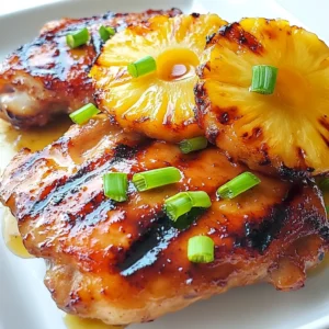 - 4 chicken thighs, bone-in and skin-on - 1 cup pineapple juice - ¼ cup soy sauce - ¼ cup brown sugar - 4 garlic cloves, minced - 1 inch ginger, grated - 1 tablespoon ketchup - 1 tablespoon apple cider vinegar - 1 teaspoon ground black pepper - 1 teaspoon sesame oil The main ingredients create the delicious flavor of Huli Huli chicken. The chicken thighs give you juicy, tender meat. Pineapple juice adds sweetness and tang. Soy sauce brings saltiness and umami. Brown sugar enhances the sweetness. Garlic and ginger add a nice kick. - ½ teaspoon chili flakes (optional) - Fresh pineapple slices (for grilling) - Green onions, sliced (for garnish) You can add chili flakes for some heat. Grilling fresh pineapple slices adds flavor and a fun texture. Green onions make a great garnish. They add color and a mild onion taste. - Pair with steamed rice or a fresh salad. - Serve on a platter with grilled pineapple. - Garnish with sliced green onions for a pop of color. Pairing Huli Huli chicken with steamed rice makes a filling meal. A fresh salad adds crunch and brightness. For presentation, serve the chicken on a nice platter. Add grilled pineapple and sprinkle green onions on top. This makes the dish look as good as it tastes. {{ingredient_image_1}} To start, grab a large bowl. You will need to mix the marinade. Combine these ingredients in the bowl: - 1 cup pineapple juice - ¼ cup soy sauce - ¼ cup brown sugar - 4 minced garlic cloves - 1 inch of grated ginger - 1 tablespoon ketchup - 1 tablespoon apple cider vinegar - 1 teaspoon ground black pepper - 1 teaspoon sesame oil - ½ teaspoon chili flakes (optional) Whisk everything together until the sugar dissolves. This blend gives the chicken its sweet and tangy flavor. Next, you will marinate the chicken. Place the chicken thighs in a resealable bag or a shallow dish. Pour the marinade over the chicken. Seal the bag or cover the dish. Refrigerate it for at least 2 hours. For best results, let it sit overnight. This time helps the chicken soak up all the good flavors. Now, it’s time to grill! Preheat the grill to medium heat. Remove the chicken from the marinade. Let the excess drip off. Keep the leftover marinade for basting later. Grill the chicken thighs skin-side down for about 7-10 minutes. Look for a nice brown color. Then, flip the chicken over and brush some reserved marinade on top. Cook for another 7-10 minutes. Use a meat thermometer to check for doneness. The chicken should reach an internal temperature of 165°F (75°C). In the last few minutes, add fresh pineapple slices to the grill. Cook them until they have grill marks, about 2-3 minutes per side. Finally, remove everything from the grill. Let the chicken rest for 5 minutes before you serve it. Enjoy your tasty Huli Huli chicken! To get perfect grill marks, heat your grill to medium. Place the chicken skin-side down and don’t move it for the first few minutes. This helps sear the skin and gives those nice lines. Flip the chicken only once to keep it juicy. Common mistakes include starting with a cold grill and overcrowding it. A cold grill won’t sear the chicken well. Overcrowding stops the heat from circulating. Cook in batches if needed. To make the marinade even better, add a splash of fresh lime juice. It brightens the flavor. You can also mix in some chopped herbs like cilantro for a fresh touch. Experimenting with spices can change the dish. Try smoked paprika for a smoky taste or add a pinch of cumin for warmth. These small tweaks can make a big difference. Resting the chicken is key. Let it sit for five minutes after grilling. This keeps it juicy. If you skip this step, your chicken might be dry. For a stunning platter, arrange the chicken on a large serving dish. Surround it with grilled pineapple slices. Garnish with sliced green onions for color. This makes your meal look appealing and fun. Serve with steamed rice or a fresh salad for a complete dish. Pro Tips Marinate Longer for Best Flavor: For deeper flavor, marinate the chicken thighs overnight. This allows the marinade to penetrate the meat more effectively. Use a Meat Thermometer: To ensure the chicken is cooked perfectly, use a meat thermometer to check that it reaches an internal temperature of 165°F (75°C). Grill Pineapple for Extra Sweetness: Grilling pineapple enhances its natural sweetness and adds a nice caramelized flavor. Don't skip this step! Rest the Chicken: Allow the grilled chicken to rest for at least 5 minutes before slicing. This helps retain the juices, keeping the meat moist and delicious. {{image_2}} You can use different chicken cuts for Huli Huli chicken. Chicken thighs work great because they stay juicy. If you want a leaner option, use chicken breasts. They will still taste good but may dry out more easily. Chicken wings are another fun choice. They cook fast and are perfect for parties. Just remember to adjust the cooking time. If you want to switch up the sweetener, try honey or agave syrup. Both add a nice sweetness to the marinade. Honey gives a floral taste, while agave is milder. You can use the same amount as brown sugar. This change makes the dish a bit different but still tasty. You can make Huli Huli chicken vegan by using tofu or tempeh. Marinate the tofu in the same mix for great flavor. Press the tofu first to remove extra water. Cut it into thick slices to keep it firm on the grill. Tempeh is another great choice. It has a nutty flavor and works well with the marinade. Grill until golden and serve just like the chicken. These options let you enjoy Huli Huli chicken in many ways. To keep Huli Huli chicken fresh, wrap it well. Use an airtight container or plastic wrap. Store in the fridge for up to 3 days. Make sure it cools down first. This keeps the chicken juicy and safe to eat. Always label the container with the date. You can freeze leftover grilled chicken. First, let it cool to room temperature. Then, wrap each piece in plastic wrap. Place them in a freezer bag to save space. Remove as much air as possible from the bag. You can freeze it for up to 3 months. When you're ready to eat, thaw it in the fridge overnight. To reheat your chicken, use a low heat. The oven works best. Preheat it to 350°F (175°C). Place the chicken in a dish with a splash of water or broth. Cover it with foil to keep moisture in. Heat for about 20 minutes, or until warm. This keeps the chicken juicy and tasty. You can also use a microwave, but be careful not to dry it out. Huli Huli Chicken comes from Hawaii. It started in the 1950s at a local festival. The name "Huli" means "turn" in Hawaiian. This dish features grilled chicken marinated in a sweet and tangy sauce. It reflects Hawaii's diverse culture and flavors. Huli Huli Chicken is often served at gatherings and barbecues. It’s a symbol of island hospitality and joy. For the best flavor, marinate the chicken for at least 2 hours. If you can, let it sit overnight. This gives the chicken time to soak up all the tasty flavors. Make sure to keep it in the fridge while marinating. This keeps the chicken safe to eat and delicious. Yes, you can make Huli Huli Chicken in the oven. Preheat your oven to 400°F (200°C). Place the marinated chicken in a baking dish. Bake for about 30-35 minutes. Turn the chicken halfway through. This helps it cook evenly. Use a meat thermometer to check that it reaches 165°F (75°C). Huli Huli Chicken goes great with many sides. Here are some popular choices: - Steamed rice - Grilled vegetables - Fresh salad - Macaroni salad - Pineapple slices These sides add color and flavor to your meal. They also balance the sweetness of the chicken. In summary, I covered how to make Huli Huli Chicken, from key ingredients to grilling tips. I shared ways to enhance flavors and offered serving ideas. Whether you choose chicken thighs or a vegetarian option, the marinade packs a punch. Remember to rest the chicken before serving for the best taste. With these steps, you can easily impress your family and friends with a delicious meal. Enjoy the process and savor each bite!