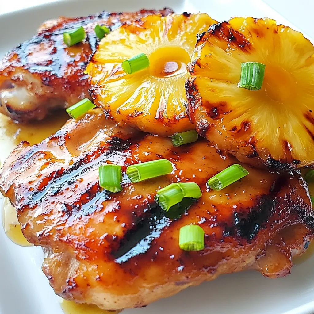 - 4 chicken thighs, bone-in and skin-on - 1 cup pineapple juice - ¼ cup soy sauce - ¼ cup brown sugar - 4 garlic cloves, minced - 1 inch ginger, grated - 1 tablespoon ketchup - 1 tablespoon apple cider vinegar - 1 teaspoon ground black pepper - 1 teaspoon sesame oil The main ingredients create the delicious flavor of Huli Huli chicken. The chicken thighs give you juicy, tender meat. Pineapple juice adds sweetness and tang. Soy sauce brings saltiness and umami. Brown sugar enhances the sweetness. Garlic and ginger add a nice kick. - ½ teaspoon chili flakes (optional) - Fresh pineapple slices (for grilling) - Green onions, sliced (for garnish) You can add chili flakes for some heat. Grilling fresh pineapple slices adds flavor and a fun texture. Green onions make a great garnish. They add color and a mild onion taste. - Pair with steamed rice or a fresh salad. - Serve on a platter with grilled pineapple. - Garnish with sliced green onions for a pop of color. Pairing Huli Huli chicken with steamed rice makes a filling meal. A fresh salad adds crunch and brightness. For presentation, serve the chicken on a nice platter. Add grilled pineapple and sprinkle green onions on top. This makes the dish look as good as it tastes. {{ingredient_image_1}} To start, grab a large bowl. You will need to mix the marinade. Combine these ingredients in the bowl: - 1 cup pineapple juice - ¼ cup soy sauce - ¼ cup brown sugar - 4 minced garlic cloves - 1 inch of grated ginger - 1 tablespoon ketchup - 1 tablespoon apple cider vinegar - 1 teaspoon ground black pepper - 1 teaspoon sesame oil - ½ teaspoon chili flakes (optional) Whisk everything together until the sugar dissolves. This blend gives the chicken its sweet and tangy flavor. Next, you will marinate the chicken. Place the chicken thighs in a resealable bag or a shallow dish. Pour the marinade over the chicken. Seal the bag or cover the dish. Refrigerate it for at least 2 hours. For best results, let it sit overnight. This time helps the chicken soak up all the good flavors. Now, it’s time to grill! Preheat the grill to medium heat. Remove the chicken from the marinade. Let the excess drip off. Keep the leftover marinade for basting later. Grill the chicken thighs skin-side down for about 7-10 minutes. Look for a nice brown color. Then, flip the chicken over and brush some reserved marinade on top. Cook for another 7-10 minutes. Use a meat thermometer to check for doneness. The chicken should reach an internal temperature of 165°F (75°C). In the last few minutes, add fresh pineapple slices to the grill. Cook them until they have grill marks, about 2-3 minutes per side. Finally, remove everything from the grill. Let the chicken rest for 5 minutes before you serve it. Enjoy your tasty Huli Huli chicken! To get perfect grill marks, heat your grill to medium. Place the chicken skin-side down and don’t move it for the first few minutes. This helps sear the skin and gives those nice lines. Flip the chicken only once to keep it juicy. Common mistakes include starting with a cold grill and overcrowding it. A cold grill won’t sear the chicken well. Overcrowding stops the heat from circulating. Cook in batches if needed. To make the marinade even better, add a splash of fresh lime juice. It brightens the flavor. You can also mix in some chopped herbs like cilantro for a fresh touch. Experimenting with spices can change the dish. Try smoked paprika for a smoky taste or add a pinch of cumin for warmth. These small tweaks can make a big difference. Resting the chicken is key. Let it sit for five minutes after grilling. This keeps it juicy. If you skip this step, your chicken might be dry. For a stunning platter, arrange the chicken on a large serving dish. Surround it with grilled pineapple slices. Garnish with sliced green onions for color. This makes your meal look appealing and fun. Serve with steamed rice or a fresh salad for a complete dish. Pro Tips Marinate Longer for Best Flavor: For deeper flavor, marinate the chicken thighs overnight. This allows the marinade to penetrate the meat more effectively. Use a Meat Thermometer: To ensure the chicken is cooked perfectly, use a meat thermometer to check that it reaches an internal temperature of 165°F (75°C). Grill Pineapple for Extra Sweetness: Grilling pineapple enhances its natural sweetness and adds a nice caramelized flavor. Don't skip this step! Rest the Chicken: Allow the grilled chicken to rest for at least 5 minutes before slicing. This helps retain the juices, keeping the meat moist and delicious. {{image_2}} You can use different chicken cuts for Huli Huli chicken. Chicken thighs work great because they stay juicy. If you want a leaner option, use chicken breasts. They will still taste good but may dry out more easily. Chicken wings are another fun choice. They cook fast and are perfect for parties. Just remember to adjust the cooking time. If you want to switch up the sweetener, try honey or agave syrup. Both add a nice sweetness to the marinade. Honey gives a floral taste, while agave is milder. You can use the same amount as brown sugar. This change makes the dish a bit different but still tasty. You can make Huli Huli chicken vegan by using tofu or tempeh. Marinate the tofu in the same mix for great flavor. Press the tofu first to remove extra water. Cut it into thick slices to keep it firm on the grill. Tempeh is another great choice. It has a nutty flavor and works well with the marinade. Grill until golden and serve just like the chicken. These options let you enjoy Huli Huli chicken in many ways. To keep Huli Huli chicken fresh, wrap it well. Use an airtight container or plastic wrap. Store in the fridge for up to 3 days. Make sure it cools down first. This keeps the chicken juicy and safe to eat. Always label the container with the date. You can freeze leftover grilled chicken. First, let it cool to room temperature. Then, wrap each piece in plastic wrap. Place them in a freezer bag to save space. Remove as much air as possible from the bag. You can freeze it for up to 3 months. When you're ready to eat, thaw it in the fridge overnight. To reheat your chicken, use a low heat. The oven works best. Preheat it to 350°F (175°C). Place the chicken in a dish with a splash of water or broth. Cover it with foil to keep moisture in. Heat for about 20 minutes, or until warm. This keeps the chicken juicy and tasty. You can also use a microwave, but be careful not to dry it out. Huli Huli Chicken comes from Hawaii. It started in the 1950s at a local festival. The name "Huli" means "turn" in Hawaiian. This dish features grilled chicken marinated in a sweet and tangy sauce. It reflects Hawaii's diverse culture and flavors. Huli Huli Chicken is often served at gatherings and barbecues. It’s a symbol of island hospitality and joy. For the best flavor, marinate the chicken for at least 2 hours. If you can, let it sit overnight. This gives the chicken time to soak up all the tasty flavors. Make sure to keep it in the fridge while marinating. This keeps the chicken safe to eat and delicious. Yes, you can make Huli Huli Chicken in the oven. Preheat your oven to 400°F (200°C). Place the marinated chicken in a baking dish. Bake for about 30-35 minutes. Turn the chicken halfway through. This helps it cook evenly. Use a meat thermometer to check that it reaches 165°F (75°C). Huli Huli Chicken goes great with many sides. Here are some popular choices: - Steamed rice - Grilled vegetables - Fresh salad - Macaroni salad - Pineapple slices These sides add color and flavor to your meal. They also balance the sweetness of the chicken. In summary, I covered how to make Huli Huli Chicken, from key ingredients to grilling tips. I shared ways to enhance flavors and offered serving ideas. Whether you choose chicken thighs or a vegetarian option, the marinade packs a punch. Remember to rest the chicken before serving for the best taste. With these steps, you can easily impress your family and friends with a delicious meal. Enjoy the process and savor each bite!