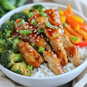 - 1 lb chicken breast - 1 cup jasmine rice - 1 cup broccoli florets - 1 carrot, julienned - 1 bell pepper - 3 green onions - Teriyaki sauce - Sesame oil - Fresh ginger - Garlic - Sesame seeds - Salt - Pepper To make a great teriyaki chicken rice bowl, you need fresh, quality ingredients. Chicken: I use chicken breast for its lean meat. Slice it thin for quick cooking. Rice: Jasmine rice gives a fragrant touch. Rinse it well to remove excess starch. Vegetables: Broccoli, carrots, and bell pepper add color and crunch. You can choose any bell pepper color. Aromatics: Ginger and garlic bring depth to the dish. Grate the ginger and mince the garlic for the best flavor. Sauce: Store-bought teriyaki sauce is quick, but homemade adds a personal touch. Garnish: Sesame seeds and green onions finish the dish with a tasty crunch. This mix of ingredients creates a balanced and flavorful meal. The bright veggies and savory chicken make each bite delightful. {{ingredient_image_1}} To start, rinse the jasmine rice under cold water. Keep rinsing until the water runs clear. This removes excess starch and helps the rice cook well. In a medium pot, combine the rice with 2 cups of water. Turn the heat up until it boils. Then, lower the heat to low and cover the pot. Cook for about 15 minutes. Check to see if the rice is tender and the water is absorbed. Fluff the rice with a fork and set it aside. Next, heat the olive oil in a large skillet over medium heat. Add the sliced chicken breast to the skillet. Season the chicken with salt and pepper. Sauté the chicken for about 5-7 minutes, until it is cooked through and lightly golden. This gives the chicken a nice flavor and texture. Now, it's time to add the aromatics. Stir in the grated ginger and minced garlic with the chicken. Cook for an additional minute until the ginger and garlic smell great. Then, add the broccoli, carrot, and bell pepper to the skillet. Sauté the vegetables for about 4-5 minutes. They should become vibrant and slightly tender. Pour the teriyaki sauce over the chicken and vegetables. Stir well to coat everything evenly. Allow it to simmer for 2-3 minutes. This step helps to blend the flavors and makes everything glossy. To serve, take a generous scoop of jasmine rice and place it in a bowl. Top the rice with the teriyaki chicken and vegetable mix. For the final touch, sprinkle chopped green onions and sesame seeds over the bowls. This adds flavor and a nice crunch. Enjoy your colorful and tasty teriyaki chicken rice bowls! To cook chicken just right, aim for about 5-7 minutes in the skillet. The chicken should be golden and slightly firm. Use a meat thermometer to check if it reaches 165°F. This ensures it is safe to eat. To avoid dryness, do not overcook the chicken. Searing it quickly keeps the juices inside. Adding a little sesame oil helps too. This adds flavor and moisture. Rinse your jasmine rice well before cooking. This removes excess starch. It helps make the rice fluffy. After rinsing, cook the rice in a pot with 2 cups of water. Bring it to a boil, then cover and reduce the heat. Let it cook for about 15 minutes. When done, fluff it gently with a fork. To jazz up your rice, try adding a bit of lemon juice or a dash of soy sauce. You can also mix in some chopped herbs for extra taste. To boost flavor, consider adding spices. A pinch of red pepper flakes can add heat. You might also like a sprinkle of five-spice powder for a warm taste. Adding fresh herbs like cilantro or basil can enhance the dish. You can also toss in some sliced mushrooms or snap peas for more texture. These additions create a colorful and tasty bowl. Pro Tips Marinate for Flavor: For even more delicious teriyaki flavor, marinate the chicken in teriyaki sauce for at least 30 minutes before cooking. Use Fresh Vegetables: Fresh vegetables not only enhance the flavor but also add vibrant colors to your dish, making it more visually appealing. Perfect Rice Cooking: Ensure you rinse the jasmine rice thoroughly to remove excess starch, which helps prevent it from becoming sticky. Customize Your Bowl: Feel free to add other vegetables like snap peas or mushrooms, or even swap chicken for tofu for a vegetarian option! {{image_2}} If you want a vegetarian dish, you can replace the chicken with tofu or tempeh. Tofu works well since it absorbs flavors nicely. Use firm or extra-firm tofu for the best texture. Tempeh has a nutty taste and adds protein. Cut either into strips like the chicken. Cook them the same way for a tasty meal. You can switch jasmine rice for other grains. Quinoa is a great choice. It is high in protein and easy to cook. Brown rice adds a chewy texture and more fiber. If you want a low-carb option, try cauliflower rice. It cooks quickly and soaks up flavors well. You can make your own teriyaki sauce for a fresh taste. Combine soy sauce, honey, and rice vinegar for a simple mix. You can also use other sauces like sweet chili sauce or hoisin. Each sauce brings a new flavor twist to your bowl. To keep your teriyaki chicken rice bowls fresh, store them in an airtight container. Make sure to cool the dish to room temperature first. Place the rice and chicken in separate containers if you can. This helps keep the texture nice. Stored this way, your meal will be safe for up to four days in the fridge. Always check for any off smells or changes in color before eating leftovers. You can freeze teriyaki chicken rice bowls for later. Just let the dish cool completely. Use freezer-safe containers or bags. Label them with the date for easy tracking. It's best to freeze the chicken and veggies separate from the rice to maintain texture. When you are ready to eat, thaw them in the fridge overnight. This keeps them safe and tasty. When reheating, your goal is to keep the meal delicious. The best method is using the stovetop. Place the chicken and veggies in a pan over medium heat. Add a splash of water or broth to keep things moist. Stir often until heated through. You can also use the microwave if you're in a hurry. Heat in short bursts, stirring in between, until warm. Enjoy your meal just as good as when you first made it! Yes, you can prepare these bowls in advance. First, cook the rice and chicken separately. This keeps everything fresh. Store them in airtight containers in the fridge. Assemble the bowls just before serving. You can reheat the chicken and veggies in a pan. This will keep the flavors bright. I recommend jasmine rice for its aroma and texture. It pairs well with teriyaki sauce. You can also use white rice or brown rice. Brown rice adds fiber but takes longer to cook. If you want a low-carb option, try cauliflower rice. Each rice type has a unique taste and feel. To make this dish gluten-free, choose gluten-free teriyaki sauce. Many brands offer gluten-free options. Check the label to be sure. Use tamari as a great substitute for soy sauce. For the rice, all types are gluten-free. Enjoy this tasty bowl without worry! This article covered how to make delicious Teriyaki Chicken Rice Bowls. You learned about the main ingredients, step-by-step cooking instructions, and helpful tips. We also explored variations for dietary needs and storage tips for leftovers. In the end, this dish is versatile and easy to adapt. Experiment with the ingredients to suit your taste. Enjoy making it your own!
