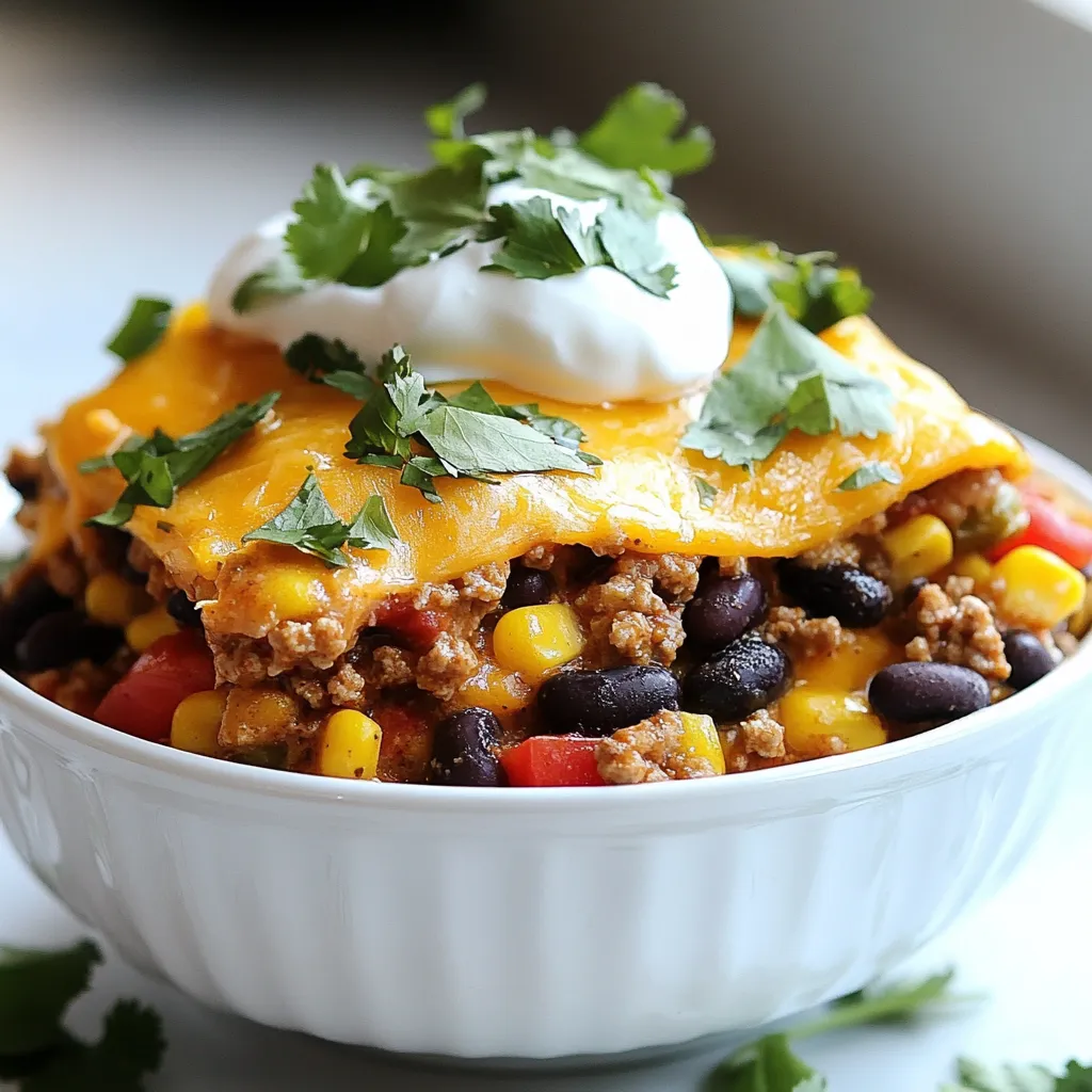 - 1 lb ground turkey or beef - 1 can (15 oz) black beans, rinsed and drained - 1 can (15 oz) corn, drained - 1 can (10 oz) diced tomatoes with green chilies - 1 packet taco seasoning The main ingredients will form the heart of your taco casserole. You can choose ground turkey or beef based on your taste. The black beans add protein and fiber. Corn brings a bit of sweetness, while the diced tomatoes with green chilies add spice and flavor. Taco seasoning ties it all together, giving the dish its classic taste. - 1 cup cooked rice (brown or white) - 2 cups shredded cheddar cheese - 1 small onion, diced - 1 bell pepper, diced - Salt and pepper to taste - Fresh cilantro, for garnish - Sour cream, for serving (optional) These additional ingredients bring depth and creaminess to the casserole. Rice adds bulk, making it hearty. The diced onion and bell pepper give a fresh crunch. Cheddar cheese melts beautifully on top, adding richness. Don’t forget salt and pepper to enhance all the flavors. Garnish with cilantro for a fresh finish and add sour cream if you want extra creaminess. {{ingredient_image_1}} 1. Browning the ground meat Start by heating a skillet over medium heat. Add 1 lb of ground turkey or beef. Cook until the meat is no longer pink. This step adds flavor and texture. Drain any fat before moving on. 2. Layering ingredients in the crockpot Now, grab your crockpot. In the bottom, layer the following ingredients: - 1 can (15 oz) black beans, rinsed and drained - 1 can (15 oz) corn, drained - 1 can (10 oz) diced tomatoes with green chilies - 1 cup cooked rice (brown or white) - 1 small onion, diced - 1 bell pepper, diced 3. Mixing and seasoning Sprinkle the cooked ground meat over your layered ingredients. Then, add 1 packet of taco seasoning. Don't forget to season with salt and pepper to taste. Gently mix everything to combine all the flavors well. - Cooking times for low and high settings Cover your crockpot and set it to cook. For low heat, plan for 4-6 hours. If you are in a hurry, use high heat for 2-3 hours. The longer you cook, the better the flavors blend. - Best practices for cheese melting About 30 minutes before serving, add 2 cups of shredded cheddar cheese on top. Cover the crockpot to help the cheese melt perfectly. This step adds a creamy texture and rich flavor to your dish. To avoid a watery casserole, drain all canned ingredients well. Rinse the black beans and drain the corn. This helps keep the flavors strong. You can also add less liquid if you like. To ensure even cooking in the crockpot, layer ingredients properly. Start with the beans and corn. Then add the rice, veggies, and meat. This way, heat spreads evenly. Stir gently but do not overmix. Cover the pot tightly while cooking. For ideal side dishes, consider tortilla chips or a fresh salad. They add a nice crunch and balance the meal. You can also serve with guacamole or salsa for added flavor. You can customize servings with toppings. Sour cream adds creaminess. Fresh cilantro gives a pop of flavor. You can also try sliced jalapeños or diced avocado. Each topping can change the dish's taste. Pro Tips Use Lean Meat: Opt for lean ground turkey to reduce the fat content while still providing great flavor. Customize Your Veggies: Feel free to add other vegetables like zucchini or spinach for extra nutrition and flavor. Make Ahead: Prepare the ingredients the night before and store them in the fridge for a quick assembly in the morning. Leftovers Storage: Store any leftovers in an airtight container and refrigerate for up to 3 days for an easy meal later. {{image_2}} You can easily change this recipe by using different proteins. Ground turkey or beef works great, but try chicken or a vegetarian substitute like lentils. Each option adds a unique twist to the flavor. You can also switch up the beans. Instead of black beans, use pinto or kidney beans. For vegetables, mix in chopped zucchini or spinach. These small changes can freshen the dish and make it your own. Want more heat? Add some diced jalapeños or a sprinkle of chili powder. You can even add a dash of cayenne pepper for an extra kick. These spices can take your casserole from mild to wild. Cheese is another area to play with. While cheddar is classic, try Monterey Jack or pepper jack for a different taste. You can mix cheeses too for extra creaminess. This way, your casserole stays exciting with every bite. To keep leftovers fresh, let the casserole cool down first. Store it in an airtight container. You can keep it in the fridge for up to three days. When you’re ready to eat, just reheat it on the stove or in the microwave. This will help keep the flavors intact. If you want to save some for later, freezing is a great option. Divide the casserole into smaller portions. Place them in freezer-safe bags or containers. Make sure to remove as much air as possible to avoid freezer burn. It can last in the freezer for up to three months. When you’re ready to enjoy it again, thaw it overnight in the fridge. Then, reheat it in the oven or microwave until hot. Enjoy that fresh taste from your Crockpot Taco Casserole! Yes, you can make Crockpot Taco Casserole ahead of time. To do this, you can prepare all the ingredients in the crockpot. Layer the black beans, corn, diced tomatoes, rice, onion, and bell pepper. Add the cooked meat, seasoning, salt, and pepper. Cover and refrigerate the crockpot overnight. When ready, just cook it on low for 4 to 6 hours or high for 2 to 3 hours. This method saves time and keeps the flavors fresh. To make this dish dairy-free, simply skip the cheddar cheese. You can also use dairy-free cheese alternatives that melt well. Coconut yogurt or cashew cream can replace sour cream for serving. These swaps let you enjoy the dish without dairy while keeping it creamy and tasty. Crockpot Taco Casserole pairs well with many sides. Consider serving it with: - Tortilla chips for crunch - A fresh green salad for a light touch - Guacamole for added flavor - Homemade salsa for a spicy kick These sides can enhance your meal and make it even more enjoyable. To sum up, we explored making a delicious Crockpot Taco Casserole. We covered main and extra ingredients, step-by-step instructions, and helpful tips for the best results. You learned how to store and freeze leftovers for later enjoyment. You can also customize it based on your tastes. Cooking should be fun and easy. Enjoy your meal, and happy cooking!