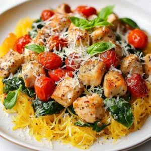 - 1 medium spaghetti squash - 2 tablespoons olive oil - 2 boneless, skinless chicken breasts - Salt and pepper to taste - 2 cloves garlic, minced - 1 cup cherry tomatoes, halved - 1 cup spinach, fresh - ½ cup sun-dried tomatoes, chopped - 1 teaspoon dried oregano - 1 teaspoon dried basil - ½ cup grated Parmesan cheese (or dairy-free alternative) - Fresh basil, for garnish To make Tuscan Chicken Spaghetti Squash, gather these main ingredients. The spaghetti squash will be your base, providing a light but hearty feel. The chicken adds protein and flavor. Fresh garlic, spinach, and tomatoes create bright, tasty notes in the dish. Olive oil helps everything come together beautifully. - Artichoke hearts - Red bell pepper - Zucchini - Feta cheese These optional ingredients can give your dish a different twist. Artichoke hearts add a tangy taste. Red bell pepper and zucchini provide extra crunch and color. If you love cheese, try adding feta for a creamy touch. - Crushed red pepper flakes - Italian seasoning - Lemon zest Adding some crushed red pepper flakes can spice things up. Italian seasoning blends well with the Tuscan flavors. A hint of lemon zest brightens the dish and adds freshness. These seasonings make the meal even more delightful. {{ingredient_image_1}} Start by preheating your oven to 400°F (200°C). Cut the spaghetti squash in half lengthwise. Make sure to scoop out the seeds. Drizzle the cut sides with 1 tablespoon of olive oil. Sprinkle some salt and pepper on top. Place the squash cut-side down on a baking sheet. Roast it for 30-35 minutes. Check if the flesh is tender and can be shredded with a fork. While the squash roasts, season the chicken breasts with salt, pepper, and 1 teaspoon of olive oil. Heat a skillet over medium-high heat. Add the chicken and cook for about 6-7 minutes on each side. Ensure it is cooked through. Remove the chicken from the skillet and let it rest. Once cooled, slice the chicken into bite-sized pieces. In the same skillet, add 2 minced garlic cloves. Sauté for about 30 seconds. You want it fragrant but not burnt. Next, add 1 cup of halved cherry tomatoes, 1 cup of fresh spinach, and ½ cup of chopped sun-dried tomatoes. Cook this mixture while stirring occasionally. It should take about 3-4 minutes until the spinach wilts and the tomatoes soften. Stir in 1 teaspoon of dried oregano and 1 teaspoon of dried basil. Add the cooked chicken pieces and mix everything well. Once the spaghetti squash is done cooking, use a fork to shred the flesh into spaghetti-like strands. Transfer these strands into the skillet with the chicken and veggies. Toss everything together well, ensuring the squash is coated. Finally, sprinkle ½ cup of grated Parmesan cheese over the mixture. Let it melt slightly from the heat. Serve hot, garnished with fresh basil leaves for a burst of flavor. Cutting spaghetti squash can be tricky. Always use a sharp knife for clean cuts. Place the squash on a sturdy cutting board. Hold it steady with one hand. Cut it in half lengthwise. If it feels tough, microwave it whole for a few minutes. This softens the skin. After cutting, scoop out the seeds with a spoon. This method keeps your fingers safe and makes cooking easier. For the best chicken, I suggest pan-searing. Season the chicken breasts with salt, pepper, and olive oil. Heat your skillet to medium-high before adding the chicken. Cook it for about 6-7 minutes on each side. You want it golden brown and cooked through. Let the chicken rest after cooking. This keeps it juicy and tender. You can also grill or bake the chicken if you prefer. Both methods work well! To get fluffy spaghetti squash, roast it properly. First, preheat your oven to 400°F (200°C). Cut the squash and place it cut-side down on a baking sheet. Roast for 30-35 minutes. The flesh should be tender when you poke it with a fork. After roasting, let it cool for a few minutes. Use a fork to shred the flesh into strands. This method creates the perfect texture for your dish. Pro Tips Choose the Right Squash: Look for a spaghetti squash that feels heavy for its size and has a smooth, firm skin. This ensures better texture and flavor. Rest Your Chicken: After cooking, let the chicken rest for a few minutes before slicing. This helps retain the juices, making the meat more tender. Customize Your Veggies: Feel free to add or substitute any vegetables you have on hand, such as zucchini or bell peppers, to enhance the dish further. Make it Ahead: This dish can be made ahead of time and stored in the fridge. Reheat gently to enjoy a quick, nutritious meal later. {{image_2}} To make a vegetarian version, skip the chicken. You can add hearty beans like cannellini or chickpeas. These beans boost protein and fiber. Use the same spices and veggies. For cheese, choose a dairy-free option if needed. This keeps the dish rich and filling. This recipe is naturally gluten-free since it uses spaghetti squash. Always check labels on any packaged ingredients. If using cheese, ensure it's gluten-free. You can swap in gluten-free pasta or grains too. Quinoa or brown rice pairs nicely with the sauce. You can easily add more veggies to the dish. Try bell peppers, zucchini, or mushrooms. Just sauté them along with garlic and tomatoes. This adds color and nutrients. Get creative with seasonal vegetables for extra flavor. You can never go wrong with more greens! To store Tuscan Chicken Spaghetti Squash, let it cool first. Place it in an airtight container. You can keep it in the fridge for up to four days. Make sure to separate the chicken and squash to keep flavors fresh. When you are ready to eat, reheat the dish gently. Use the microwave on low power for even heating. Stir the pasta strands to warm them through. You can add a splash of water or olive oil to keep it moist. You can freeze this dish if you have extra. Pack it in a freezer-safe container. It can last up to three months in the freezer. To thaw, move it to the fridge overnight. Reheat it properly before serving for the best taste. Yes, you can use other squashes. Zucchini or butternut squash work well. Each squash gives a unique taste. Zucchini provides a mild flavor, while butternut adds sweetness. Adjust the cooking time based on the squash you choose. Check for tenderness by poking the skin. If it gives easily, it's ready. You can also shred the flesh with a fork. If it pulls apart into strands, it's cooked. This should take about 30-35 minutes in the oven. Pair it with a salad for freshness. A simple green salad works best. You can also add garlic bread for crunch. For a heartier meal, serve it with roasted vegetables or a side of pasta. Enjoy your flavorful dish! You learned how to make a tasty Tuscan Chicken with spaghetti squash. I shared main and optional ingredients, seasonings, and detailed cooking steps. You got tips for cutting squash and cooking chicken safely. We also explored fun variations, storage, and answers to common questions. Now, you can enjoy a healthy meal while impressing friends and family. Cooking can be fun and easy with the right guidance. Give this recipe a try and make it your own. Enjoy your cooking adventure!