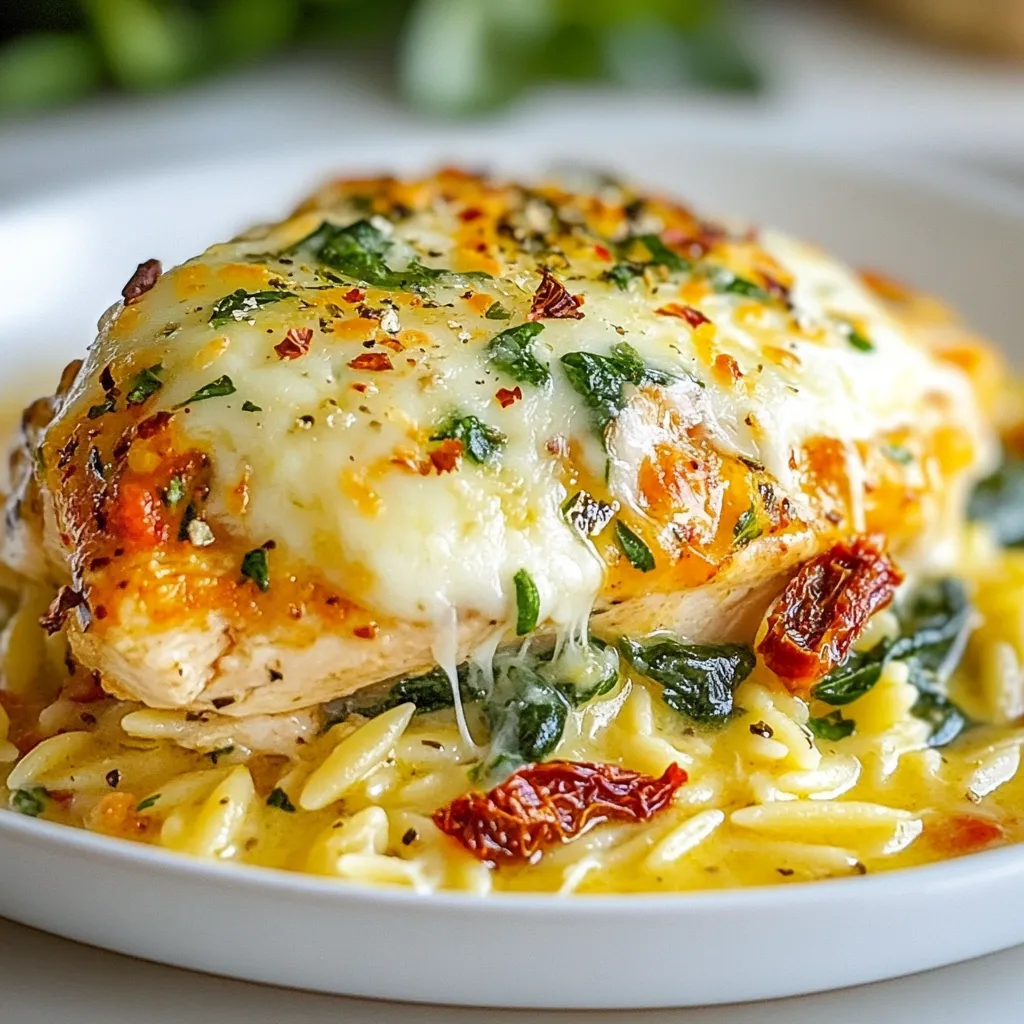 For this dish, I start with 1 pound of boneless, skinless chicken breasts. I like to dice them into bite-sized pieces. This makes it easy to mix with the orzo later. I use 1 cup of orzo pasta. Orzo cooks nicely and soaks up flavor well. I add 2 cups of chicken broth for moisture and flavor. One can of diced tomatoes, about 14.5 ounces, gives a nice tang. I drain this can to avoid too much liquid. Next, I use 1 cup of chopped spinach for color and nutrition. Sundried tomatoes bring a rich taste, so I add ½ cup of those. For seasoning, I include 2 cloves of minced garlic and 1 teaspoon of dried Italian seasoning. If you like heat, toss in ½ teaspoon of red pepper flakes. I finish with salt and pepper to taste. Cheese is key in this bake! I use ½ cup of shredded mozzarella for that gooey texture. Then, I sprinkle ¼ cup of grated Parmesan on top for a salty kick. The combination of these cheeses makes the dish creamy and delicious. Each ingredient plays a role in building layers of flavor in the Tuscan Chicken Orzo Bake. {{ingredient_image_1}} Start by preheating your oven to 350°F (175°C). In a large skillet, heat 2 tablespoons of olive oil over medium heat. Once the oil is hot, add 1 pound of diced chicken breasts. Season the chicken with 1 teaspoon of dried Italian seasoning, salt, and pepper. If you like heat, add ½ teaspoon of red pepper flakes. Cook the chicken for about 5 to 7 minutes. You want it to turn golden brown and be fully cooked. Add 2 minced garlic cloves and cook for another 1 to 2 minutes, until the garlic smells great. In a large mixing bowl, combine the cooked chicken with 1 cup of orzo pasta, 2 cups of chicken broth, and 1 can of drained diced tomatoes. Next, add 1 cup of chopped spinach and ½ cup of chopped sundried tomatoes. Stir everything together until it mixes well. This mix is colorful and full of flavor. Once combined, transfer it to a greased baking dish. Cover the baking dish tightly with aluminum foil. This keeps the dish moist while baking. Place it in the oven and bake for 20 minutes. After 20 minutes, remove the foil and gently stir the mixture. Now comes the fun part! Sprinkle ½ cup of shredded mozzarella cheese and ¼ cup of grated Parmesan cheese on top. Bake it uncovered for another 15 to 20 minutes. You want the cheese to melt and get bubbly. Once done, let the dish rest for 5 minutes before serving. Enjoy your cozy meal! To cook the chicken well, use boneless, skinless chicken breasts. Dice them into small pieces. This helps them cook faster and evenly. Sauté the chicken in olive oil over medium heat. Season with Italian herbs, salt, and pepper. Cook for about 5 to 7 minutes. Look for a nice golden color. Adding garlic at the end gives great flavor. Cook it for just 1 to 2 minutes until you smell it. This way, your chicken stays juicy and tasty. For creamy orzo, use enough chicken broth. The broth cooks the orzo and adds flavor. Mix the orzo with the chicken and broth in a large bowl. Make sure the orzo is fully covered. When baking, cover the dish with foil. This keeps moisture in and helps the orzo cook well. After 20 minutes, stir the mix to help it cook evenly. The orzo should be tender, not dry. To get the cheese just right, use a mix of mozzarella and Parmesan. Sprinkle the mozzarella and Parmesan on top after the first bake. This gives a nice, gooey layer. Bake it uncovered for 15 to 20 minutes. Watch closely until it bubbles and turns golden brown. Let it rest for 5 minutes before serving. This helps the cheese set and makes it easier to serve. Pro Tips Use Fresh Ingredients: Whenever possible, opt for fresh spinach and high-quality sundried tomatoes for the best flavor. Customize Your Cheese: Feel free to mix different types of cheese, such as fontina or gouda, for a unique flavor profile. One-Pot Wonder: If you prefer, you can cook the orzo directly in the skillet with the broth to save on dishes and infuse more flavor. Make Ahead: This dish can be assembled in advance and stored in the fridge. Just pop it in the oven when needed! {{image_2}} You can make this dish even better by adding more veggies. Think about bell peppers, zucchini, or carrots. Just chop them small and add them when you cook the chicken. They will add color and nutrition. You can also try adding broccoli or mushrooms for different flavors. More veggies keep the meal fresh and fun. If you want to change the protein, you have choices. Turkey or shrimp work great in this recipe. Just make sure to adjust cooking times. Turkey should be cooked until it is no longer pink. If you use shrimp, cook them until they turn pink and opaque. You can also skip meat entirely for a vegetarian dish. Just add more beans or lentils for protein. For a gluten-free version, replace orzo with gluten-free pasta. There are many options in stores now. Make sure to check the package for cooking times. You can also use quinoa as a healthy grain. It will add a nice texture and flavor to your bake. This way, everyone can enjoy Tuscan Chicken Orzo Bake, no matter their diet! You can store leftover Tuscan Chicken Orzo Bake in the fridge. Place it in an airtight container. It stays fresh for about 3 to 4 days. Make sure it cools to room temperature before sealing. This helps keep the flavors intact. If you want to save some for later, freeze it! Use a freezer-safe container. It can last up to 3 months in the freezer. To prevent freezer burn, wrap it tightly in plastic wrap before sealing. When ready to enjoy, thaw it in the fridge overnight. Reheat the dish in the oven or microwave. If using the oven, preheat to 350°F (175°C). Cover it with foil to keep it moist. Heat for about 20 minutes or until warm. If using a microwave, place a portion in a bowl and cover. Heat for 1-2 minutes, stirring halfway through. Enjoy your cozy meal again! Yes, you can use regular pasta. Just choose a small shape, like shells or penne. Cook it a bit less than you normally would. The pasta will finish cooking in the bake. This makes sure it stays firm and doesn't get mushy. To spice it up, add more red pepper flakes. You can also add a diced jalapeño or a dash of hot sauce. Another option is to use spicy Italian sausage instead of chicken. These simple changes will give your dish a nice kick. Many sides go great with this dish. A fresh green salad adds a nice crunch. Garlic bread is perfect for scooping up the cheesy goodness. Roasted vegetables also make a tasty side. You can mix and match based on your taste! This blog post shared key steps to make a delicious Tuscan Chicken Orzo Bake. We explored the main ingredients, from chicken and orzo to fresh vegetables and herbs. I provided simple steps to prepare, bake, and get the right texture. You learned tips for cooking chicken perfectly and keeping orzo creamy. Plus, I offered fun variations and storage advice. These strategies make this dish yours. Enjoy cooking and sharing this tasty meal!
