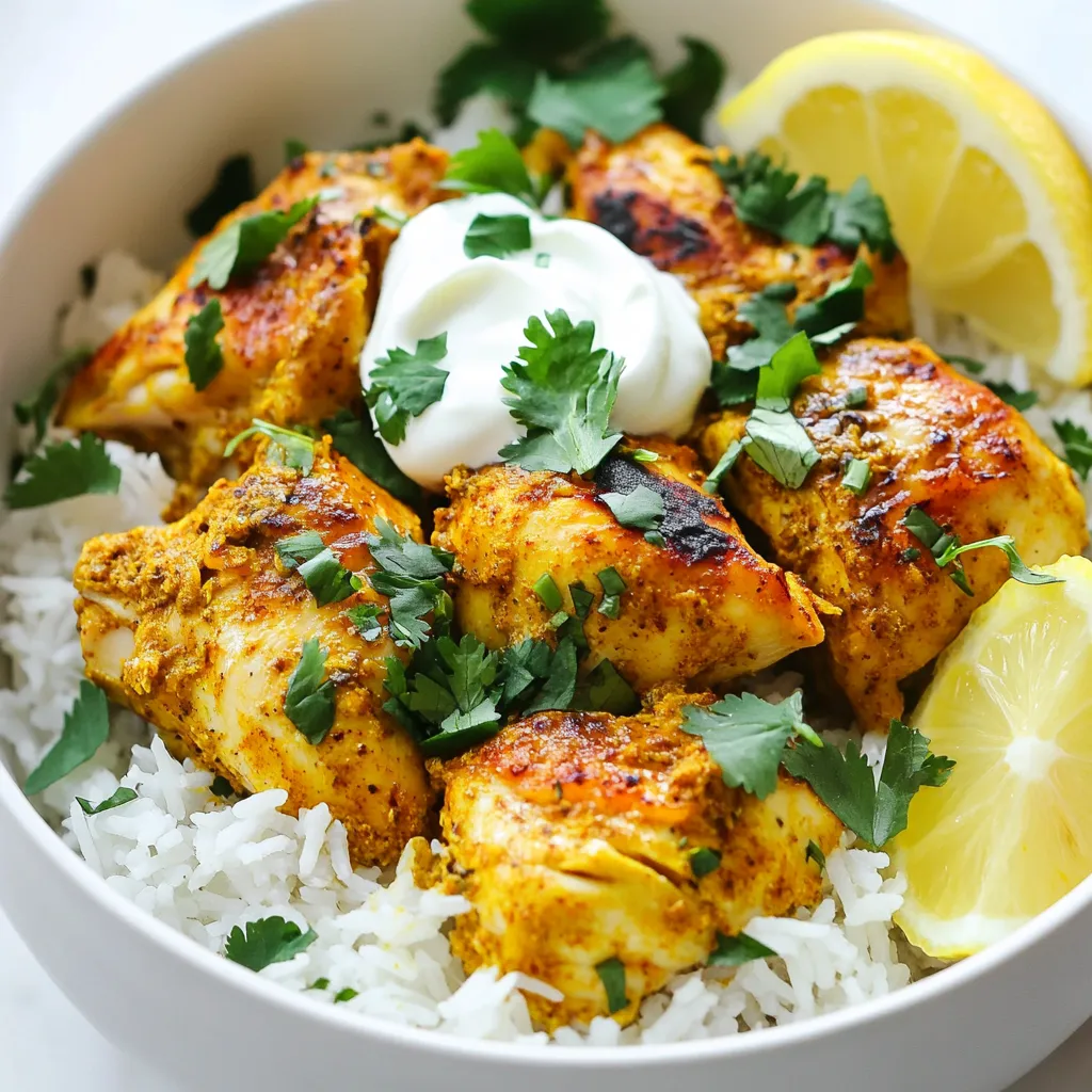 - 4 boneless chicken thighs (or breasts), cut into pieces - 2 cups basmati rice, rinsed - 1 large onion, finely chopped - 3 cloves garlic, minced - 4 cups chicken broth - ¼ cup plain yogurt - 2 tablespoons olive oil - 1 tablespoon ground cumin - 1 tablespoon ground coriander - 1 teaspoon ground turmeric - 1 teaspoon smoked paprika - ½ teaspoon cayenne pepper (adjust to taste) - Salt and pepper to taste - Fresh cilantro or parsley for garnish - Lemon wedges for serving In this dish, the chicken and rice shine together. The chicken provides a rich flavor. The basmati rice absorbs all the spices and broth, making it fragrant. You can try different chicken cuts if you want. Just keep in mind that cooking times may change. The spices make the meal pop with flavor. Cumin and coriander give warmth. Turmeric adds a nice color, while smoked paprika brings depth. Adjust the cayenne to fit your taste. Garnishing is simple but adds a fresh touch. Chopped cilantro or parsley brightens the dish. A squeeze of lemon gives it a zesty finish that pairs well with the spices. Enjoy this meal with your family or friends! {{ingredient_image_1}} First, gather your chicken and veggies. Cut four boneless chicken thighs into bite-sized pieces. Chop one large onion finely. Mince three cloves of garlic. This step sets the base for rich flavors in your dish. In a large pot, heat two tablespoons of olive oil over medium heat. Add the chopped onion and sauté until it turns soft, about five minutes. Next, add the minced garlic and cook for one more minute. This makes the kitchen smell amazing! Now, it’s time to add your spices. Sprinkle one tablespoon of ground cumin, one tablespoon of ground coriander, one teaspoon of ground turmeric, one teaspoon of smoked paprika, and half a teaspoon of cayenne pepper. Stir everything well and let it cook for one to two minutes. This helps the spices bloom. Add the chicken pieces to the pot. Cook them for about five to seven minutes until they are browned on all sides. This step adds great color and flavor to your chicken. Now, stir in two cups of rinsed basmati rice. Make sure the rice is coated with the spice mixture and chicken. This gives the rice a nice flavor. Pour in four cups of chicken broth. Bring it to a boil. Once boiling, lower the heat to low, cover the pot, and let it simmer for 18 to 20 minutes. This cooks the rice and helps it absorb all the tasty broth. After 20 minutes, turn off the heat and let it sit for five more minutes without lifting the lid. This resting time lets the rice fluff up. Finally, fluff the rice with a fork and mix in a quarter cup of plain yogurt. It adds a creamy touch to your dish. Adjust the seasoning if needed, and enjoy your flavorful meal! To get fluffy rice, rinsing is key. Rinse the basmati rice under cold water. This removes excess starch. Less starch means fluffier grains. Soak the rice for 20-30 minutes before cooking. This helps the grains expand. When you add the rice to the pot, stir gently. Avoid stirring too much while it cooks. This keeps the grains separate. Let the rice rest after cooking for 5 minutes. Fluff it with a fork for the best texture. You can tailor the spices to your liking. Start with the basic spice mix. This includes cumin, coriander, turmeric, paprika, and cayenne. If you like it spicy, add more cayenne pepper. If you prefer milder flavors, reduce it. Taste the dish while cooking. This helps you adjust the seasoning. Also, consider adding a pinch of salt. This enhances all the flavors in the dish. Don't hesitate to experiment with other spices. Cardamom or cinnamon can add a unique twist. For a creamier texture, mix in plain yogurt at the end. Stir it in after cooking the rice. This adds richness and a tangy flavor. You can also use sour cream or cream cheese. If you want a sauce, add more chicken broth. This makes a lovely gravy. A drizzle of olive oil before serving adds smoothness too. For a fresh touch, lemon juice brightens up the dish. Enjoy the creaminess with a squeeze of lemon on top. Pro Tips Marinate the Chicken: For deeper flavor, marinate the chicken in yogurt and spices for a few hours or overnight before cooking. Use Fresh Spices: Ensure your spices are fresh for the best flavor. Consider buying whole spices and grinding them just before use. Adjust Spice Levels: Feel free to adjust the cayenne pepper based on your heat preference. Start with less and add more if desired. Let It Rest: Allow the dish to sit for a few minutes after cooking before fluffing. This helps the flavors meld together. {{image_2}} You can use different cuts of chicken in this dish. Chicken thighs are my favorite. They stay juicy and tender. You can also use chicken breasts if you prefer. Breasts cook faster, so check them often. Adjust cooking time as needed. For a vegetarian or vegan twist, swap chicken for chickpeas or tofu. Both options work well. Use the same spices to keep the flavor strong. Add extra veggies like bell peppers or zucchini. They will give more texture and taste. Basmati rice is great, but you can try other types. Brown rice adds more fiber. It needs more liquid and time to cook, so adjust your broth amount. Quinoa is another option. It cooks faster and adds protein. Just rinse it before cooking to remove bitterness. Store your Shawarma Chicken and Rice in an airtight container. Let it cool first. You can keep it in the fridge for up to three days. Make sure to seal it well to keep flavors fresh. To reheat, you can use the microwave or the stove. If using a microwave, add a splash of water to keep it moist. Heat it in short bursts. Stir after each burst until warm. On the stove, use low heat and a bit of broth. Stir often until it’s hot all the way through. You can freeze this dish for later. Allow the chicken and rice to cool completely first. Then, place it in a freezer-safe container. It can last up to three months in the freezer. When ready to eat, thaw it in the fridge overnight. Reheat as mentioned above. This makes for a quick meal on busy days! Yes, you can use brown rice. However, cooking time changes. Brown rice takes longer to cook. You will need about 45-50 minutes. Also, add more broth to keep it moist. Start with 5 cups of broth for best results. If you lack chicken broth, try vegetable broth. Water works too, but add more spices. You can also use a mix of water and a bit of soy sauce for flavor. Adjust salt in the recipe, as soy sauce is salty. To add heat, increase cayenne pepper. You can also add fresh chili peppers when cooking. Another option is to serve with hot sauce on the side. Just remember to taste as you go, so it fits your spice level. This blog post covered a simple recipe for One Pot Shawarma Chicken and Rice. We explored main ingredients, spices, and optional garnishes. I shared step-by-step instructions for preparing everything perfectly. We also discussed tips for fluffy rice and variations to suit your needs. Finally, I included storage info and answers to common questions. Now you have the tools to make a tasty meal your way! Enjoy the cooking process and get creative with your dish.