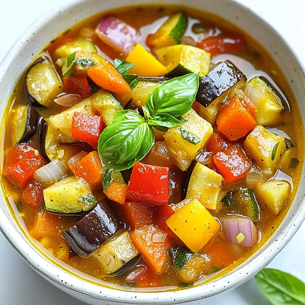 For this tasty roasted veggie soup, gather these fresh vegetables: - 1 red bell pepper, chopped - 1 yellow bell pepper, chopped - 1 zucchini, diced - 1 small eggplant, diced - 2 carrots, sliced - 1 red onion, quartered - 4 cloves garlic, whole These vegetables bring color and flavor to your soup. Roasting them makes them sweet and soft. To enhance the taste, use these spices: - 2 tablespoons olive oil - 1 teaspoon dried thyme - 1 teaspoon smoked paprika - Salt and pepper to taste These spices add depth and warmth. The olive oil helps the veggies brown nicely. For the soup base and finish, you need: - 6 cups vegetable broth - Fresh basil for garnish The broth gives your soup a rich flavor. Fresh basil adds a bright touch at the end. {{ingredient_image_1}} Start by washing all your veggies well. Chop the red and yellow bell peppers into small pieces. Dice the zucchini and eggplant into bite-sized cubes. Slice the carrots thinly for even cooking. Quarter the red onion and keep the garlic cloves whole. Preheat your oven to 400°F (200°C). Line a baking sheet with parchment paper for easy cleanup. Spread all your chopped veggies on the sheet. Drizzle olive oil over them. Then, sprinkle with thyme, smoked paprika, salt, and pepper. Toss everything to coat the veggies evenly. Roast in the oven for 25 to 30 minutes. Stir them halfway through cooking until they turn tender and a bit caramelized. Once your veggies are roasted, take them out of the oven. Add them to a large pot. Pour in the vegetable broth and bring it to a boil over medium heat. Once boiling, reduce the heat and let it simmer for 10 minutes. This lets the flavors blend well. Use an immersion blender to puree the soup until it's smooth. If you use a regular blender, blend in batches. Taste the soup and add more salt and pepper if needed. Serve hot and garnish with fresh basil. To boost the taste, try adding a splash of lemon juice. It brightens up the soup. You can also toss in some fresh herbs like thyme or parsley. They add freshness. For a spicy kick, add red pepper flakes or cayenne. This will warm you up! You really need just a few tools. A sharp knife helps with chopping veggies. A large baking sheet is great for roasting. An immersion blender makes pureeing easy. If you don't have one, a regular blender works too. Just be careful with hot soup! Serve the soup hot with crusty bread. It makes a great meal. You can also add a dollop of yogurt or sour cream on top. This adds creaminess. For a fun twist, sprinkle some croutons for crunch. Enjoy this cozy bowl with family or friends! Pro Tips Use Seasonal Vegetables: Choosing seasonal veggies not only enhances the flavor of your soup but also ensures that you're using the freshest ingredients available. Blend for Texture: For a creamier soup, blend thoroughly. If you prefer a chunkier texture, blend only half of the mixture and leave the rest as is. Experiment with Spices: Feel free to add your favorite spices or herbs, such as cumin or oregano, to personalize the flavor profile of your soup. Garnish Creatively: Besides fresh basil, consider garnishing with a drizzle of olive oil, a sprinkle of feta cheese, or toasted seeds for added flavor and texture. {{image_2}} You can make your roasted veggie soup more filling by adding protein. Great choices include cooked beans, lentils, or diced chicken. For a vegetarian option, try adding chickpeas or tofu. These proteins give your soup flavor and texture. If you use canned beans, rinse them well before adding. This keeps your soup clean and fresh. Feel free to switch up the vegetables in your soup. Try adding butternut squash, sweet potatoes, or broccoli. Each veggie brings a unique taste and color. You can also use seasonal vegetables to keep it fresh. Just remember to chop them evenly for even cooking. The more variety, the more fun your soup will be! While vegetable broth is great, you can try different broths for added depth. Chicken broth adds a rich flavor if you eat meat. For a twist, use miso broth for a savory taste. You can even make your own broth from veggie scraps. This way, you control the flavor and ingredients while being eco-friendly. Enjoy experimenting with these ideas! After enjoying your roasted veggie soup, let it cool. Place it in an airtight container. Store it in the fridge. It will stay fresh for up to four days. If you want to keep it longer, consider freezing it. To freeze the soup, let it cool completely. Use freezer-safe containers or bags. Leave some space at the top, as the soup will expand. Label the containers with the date. It can last up to three months in the freezer. When ready to eat, thaw the soup in the fridge overnight. You can also use the microwave or stovetop. If using the stovetop, heat it on medium. Stir often until it warms through. Add a bit of water or broth if it seems thick. Enjoy your delicious soup! Yes, you can use frozen vegetables. They are a great option when fresh veggies are not available. Just remember to let them thaw before roasting. This helps them cook evenly. You might need to roast them a bit longer since they have more moisture. To make this soup creamier, add a splash of cream or coconut milk. You can also blend in some cooked potatoes or cashews for a nice, smooth texture. Another option is to stir in some Greek yogurt right before serving. This adds creaminess and a tangy flavor. Many herbs work well with roasted veggie soup. Try adding fresh parsley or dill for a bright taste. Oregano or rosemary also adds depth to the flavor. Experiment with different herbs to find your favorite mix. They can really enhance your soup’s taste. In this blog post, we explored fresh vegetables, spices, and broth for a tasty soup. I walked you through preparation, roasting, and cooking steps. Tips on flavor, equipment, and serving ideas will help you succeed. We discussed variations, storage methods, and answered common questions, like using frozen veggies or making the soup creamier. Remember, cooking soup should be fun and creative. Use the tips and make it your own! Enjoy every bowl you create.
