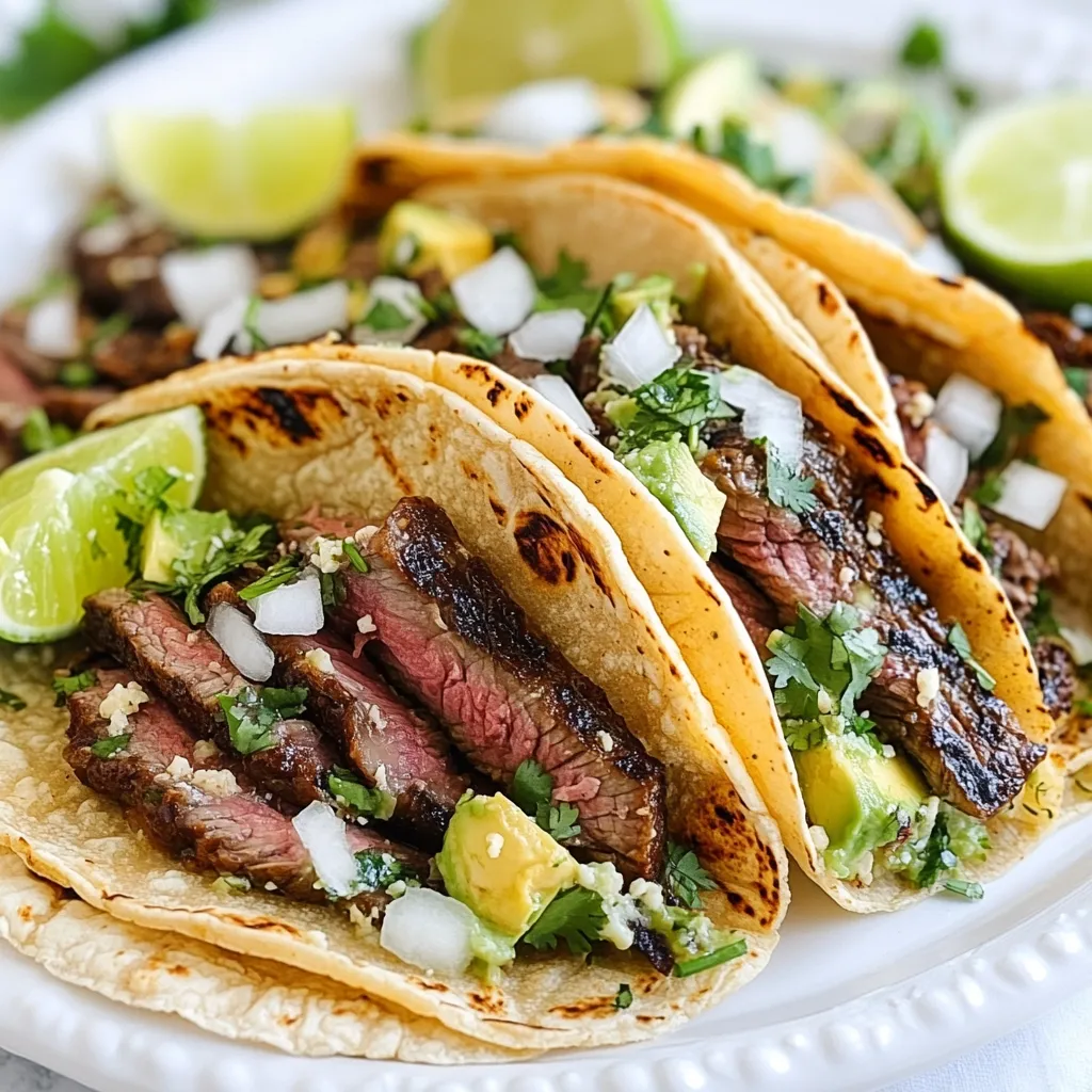 - 2 lbs flank steak - ¼ cup olive oil - 4 cloves garlic, minced - ¼ cup fresh lime juice (about 2 limes) - 2 tablespoons fresh orange juice (about 1 orange) - 2 teaspoons ground cumin - 2 teaspoons chili powder - 1 teaspoon smoked paprika - 1 teaspoon dried oregano - Salt and pepper to taste - Fresh cilantro, chopped (for garnish) - Corn tortillas (for serving) - Suggested toppings: diced onions, chopped cilantro, avocado slices, lime wedges When I make carne asada, I start with flank steak. It's tender and has great flavor. Next, I need a few key ingredients for the marinade. Olive oil adds richness. Minced garlic gives it a nice kick. Fresh lime juice brightens the dish, while orange juice adds a hint of sweetness. For spice, I use ground cumin, chili powder, and smoked paprika. Each spice brings a new layer of taste. Dried oregano adds depth, while salt and pepper enhance everything. Fresh cilantro is perfect for garnish. Corn tortillas are a must for serving. They hold all the delicious fillings. You can also add toppings like diced onions, chopped cilantro, avocado slices, and lime wedges. These extras add color and flavor. Gather these ingredients, and you are ready to create a flavorful carne asada that will impress everyone at your table! {{ingredient_image_1}} To start, you’ll want to make a tasty marinade. In a bowl, mix these ingredients: - ¼ cup olive oil - 4 cloves garlic, minced - ¼ cup fresh lime juice (about 2 limes) - 2 tablespoons fresh orange juice (about 1 orange) - 2 teaspoons ground cumin - 2 teaspoons chili powder - 1 teaspoon smoked paprika - 1 teaspoon dried oregano - Salt and pepper to taste Place the flank steak in a resealable bag and pour the marinade over it. Seal the bag tight and shake it to coat the steak well. For the best flavor, let it marinate for at least 1 hour. If you have time, marinate it for up to 8 hours. The longer, the better! Next, let’s get the grill ready. Preheat your grill to high heat. If you use a carbon grill, aim for a temperature of 450-500°F (232-260°C). Make sure to check the temperature with a grill thermometer. If you have a gas grill, turn all burners on high and let it heat up for about 15 minutes. Now, it’s grilling time! Take the steak out of the marinade and let the extra drip off. Place it on the grill. Cook for about 4-5 minutes on each side for medium-rare. If you need it well done, cook it a bit longer. Use a meat thermometer to check the inside temperature. You want 130°F for medium-rare and 140°F for medium. Once the steak is done, transfer it to a cutting board. It’s important to let it rest for about 10 minutes. Resting helps keep the juices in the meat. This step makes every bite super tender. When it’s time to slice, cut the steak thinly against the grain. This helps keep it tender. Serve the slices in warm corn tortillas. For toppings, add diced onions, chopped cilantro, avocado slices, and lime wedges. This adds color and flavor to your tacos! Enjoy your delicious carne asada! For the best taste, marinate the steak for at least one hour. However, if you have time, let it sit for up to eight hours. This will make the meat tender and full of flavor. You can also add your twist to the marinade. Think about adding spices like cayenne for heat or honey for sweetness. Experiment and find what you love! When grilling, make sure your grill is hot. Preheat it to around 450-500°F. This helps the meat sear quickly and keeps it juicy. To avoid flare-ups, trim excess fat from the steak. Keep a spray bottle of water handy to put out any flames. Turn the steak only once to get nice grill marks. Carne asada tacos taste great with sides like rice and beans. You can also serve a fresh salad or grilled veggies. For drinks, try pairing it with cold beer or a citrusy margarita. This will balance the rich flavors of the steak. Enjoy your meal with friends for a fun evening! Pro Tips Marination Time: For the best flavor, marinate the flank steak for at least 4 hours. If you have the time, overnight marination will enhance the taste even more. Grilling Technique: Make sure your grill is preheated to high heat before placing the steak on it. This helps achieve a nice sear and keeps the juices locked in. Slicing Method: Always slice the steak against the grain. This technique breaks up the muscle fibers and results in a more tender bite for your tacos. Fresh Toppings: Don’t skip on the toppings! Fresh ingredients like diced onions, cilantro, and avocado add flavor and texture, elevating your taco experience. {{image_2}} You can use other cuts of meat for carne asada. Flank steak is popular, but it's not the only choice. Skirt steak is another great option. It has a nice flavor and cooks quickly. You can also try sirloin if you want a leaner cut. Look for meat with good marbling. This adds flavor and keeps the steak tender. Ribeye can work too, but it is richer. Each cut brings a unique taste. Spice blends can change the taste of your carne asada. You can use different spices to fit your taste. For a simple blend, try adding garlic powder and onion powder. If you want more warmth, use cayenne or crushed red pepper. Fresh herbs like cilantro can brighten the flavor. You can also mix in citrus zest for a fresh kick. Experiment with flavors you love. Grilling is the classic way to cook carne asada, but you have options. You can broil the steak in the oven. Set your oven to high, and place the meat on a broiler pan. This will give you a nice char. If you prefer pan-searing, heat a skillet over medium-high heat. Add a little oil to the pan before cooking. For slower methods, try a slow cooker. This will make your steak very tender and juicy. Each method can bring out different flavors, so have fun with it! - Let the carne asada cool to room temperature. - Place leftovers in airtight containers. - Use glass or BPA-free plastic containers for best results. - Keep leftovers in the fridge for up to three days. - Use a skillet over low heat. This method keeps the meat juicy. - Add a splash of water or broth to prevent dryness. - Cover the skillet to trap steam while heating. - Microwave can work, but it may dry out the meat. - Wrap marinated steak tightly in plastic wrap. - Place it in a freezer-safe bag or container. - Label with the date for easy tracking. - For best flavor, use within three months. - Thaw in the fridge overnight for best quality. Carne asada means "grilled meat" in Spanish. It is a popular dish in Mexico and the U.S. This dish often features marinated beef, grilled to perfection. It is commonly made with flank steak or skirt steak. Carne asada is a staple at celebrations and family gatherings. The smoky, charred flavor brings joy to many. It also represents the rich culture of Mexican cuisine. Yes, you can use other cuts for carne asada. Skirt steak is a great alternative. It has similar flavors and tenderness. You can also try ribeye or sirloin. These cuts are flavorful and work well when grilled. Just remember to adjust cooking times based on the thickness. To control the spice level, modify the marinade. If you want less heat, cut back on chili powder. You can add more lime juice for a tangy flavor. If you prefer more spice, add diced jalapeños or hot sauce. Taste the marinade before using it. This ensures it matches your heat preference. Many sides complement carne asada tacos. Traditional options include: - Mexican rice - Refried beans - Grilled corn - Guacamole - Fresh salsa Modern choices can be: - Cilantro lime rice - Avocado salad - Zucchini noodles These sides bring a balance of flavor and texture. Marinating the steak enhances its flavor. I recommend at least 1 hour for a good taste. For the best results, marinate for up to 8 hours. This allows the flavors to soak in. Always keep the marinating steak in the fridge for safety. In this post, we explored the key ingredients and steps for making carne asada tacos. We covered marinating, grilling, and serving tips. Remember to rest your steak for tenderness before slicing. You can also customize flavors with different seasonings and methods. Don’t forget about storage and reheating for leftovers. Now you have all the tools you need to create delicious tacos at home. Enjoy the process and share with friends!