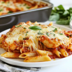To make Chicken Parmesan Pasta, you need the following: - 2 boneless, skinless chicken breasts - 8 oz penne pasta - 2 cups marinara sauce - 1 cup mozzarella cheese, shredded - ½ cup grated Parmesan cheese - ¼ cup all-purpose flour - 1 egg, beaten - 1 cup breadcrumbs (preferably Italian seasoned) - Salt and pepper to taste - 2 tablespoons olive oil - Fresh basil leaves for garnish You can swap some ingredients if you need to. Here are a few ideas: - Chicken: Use turkey breasts or tofu for a lighter option. - Pasta: Any pasta shape works well. Try rigatoni or spaghetti. - Sauce: Use a homemade tomato sauce or Alfredo sauce for a twist. - Cheese: Substitute mozzarella with provolone or gouda for extra flavor. - Breadcrumbs: Use panko for extra crunch or crushed crackers if you’re out of breadcrumbs. Choosing good ingredients makes a big difference. Consider these tips: - Chicken: Look for fresh chicken breasts. They should feel firm and have no bad odor. - Pasta: Opt for whole grain or organic pasta for better nutrition. - Sauce: Choose a marinara sauce with simple ingredients. Avoid high sugar content. - Cheese: Buy cheese in blocks rather than pre-shredded. It melts better and tastes fresh. - Basil: Fresh basil adds bright flavor. Choose vibrant, green leaves with no brown spots. These choices will make your Chicken Parmesan Pasta even more delicious! {{ingredient_image_1}} 1. Prepare the Chicken: First, heat your oven to 400°F (200°C). Season the chicken breasts with salt and pepper. Dredge each breast in flour. Dip them in the beaten egg, then coat with breadcrumbs. Press the crumbs onto the chicken for an even crust. 2. Cook the Chicken: In a large oven-safe skillet, heat olive oil over medium heat. When hot, add the breaded chicken. Cook for 5-7 minutes on each side until golden brown. Remove the chicken from heat and set it aside. 3. Cook the Pasta: Boil salted water in a large pot. Add the penne pasta and cook according to the package instructions until it is al dente. Drain the pasta, but save about ½ cup of the pasta water. 4. Combine Sauce and Pasta: In the same pot, add the marinara sauce along with the reserved pasta water. Stir this over low heat. Add the cooked penne and mix well. 5. Layer the Ingredients: Slice the cooked chicken breasts. Place them on top of the pasta mixture in the pot. Sprinkle the mozzarella and grated Parmesan over the chicken slices. 6. Bake: Transfer the skillet to the oven. Bake for 15-20 minutes, until the cheeses are bubbly and golden. 7. Garnish and Serve: Once done, take it out and let it cool for a few minutes. Add fresh basil leaves on top before serving. - Breading: Make sure to press the breadcrumbs firmly onto the chicken. This builds a crispy crust. - Even Cooking: Cook the chicken on medium heat. This keeps it juicy and prevents burning. - Layering: When you layer the cheese, it melts evenly. This makes every bite cheesy and delicious. - Prep Ahead: Season the chicken and prepare the breadcrumbs before you start cooking the pasta. This saves time. - Multitask: While the chicken cooks, boil the pasta. This cuts down on total cooking time. - Use One Pot: Cooking the pasta and sauce in the same pot helps with cleanup and keeps flavors together. When making Chicken Parmesan Pasta, a few mistakes can spoil your dish. Here are some to watch for: - Not seasoning the chicken: Always use salt and pepper on the chicken. This step adds flavor. - Overcooking the pasta: Cook the penne until it's al dente. This means it should still have a little bite. - Skipping the breadcrumbs: They create a crunchy crust. Don't skip this step for the best texture. - Not letting it cool before serving: Let the dish sit a few minutes after baking. This helps the cheese set. Pair your Chicken Parmesan Pasta with simple sides to enhance your meal. Here are some great options: - Garlic bread: This classic side complements the flavors well. - Caesar salad: A fresh salad adds a nice crunch and balance. - Steamed vegetables: Broccoli or green beans provide nutrients and color. - Sangria or a light red wine: These drinks elevate the dining experience. You can easily make Chicken Parmesan Pasta healthier with a few simple swaps. Consider these ideas: - Use whole wheat pasta: This adds fiber and keeps you full longer. - Swap cheese for low-fat options: Reduced-fat mozzarella cuts calories without losing flavor. - Add vegetables: Toss in spinach or zucchini for extra vitamins and minerals. - Use less oil: Brush the pan with a little olive oil instead of using two tablespoons. These tips help you enjoy a delicious meal while staying mindful of health! Pro Tips Perfectly Breaded Chicken: Ensure your chicken is fully coated in breadcrumbs by pressing down firmly. This will create a thicker, crunchier crust once baked. Custom Marinara Sauce: For an extra kick, consider adding red pepper flakes or Italian herbs to your marinara sauce while combining it with the pasta. Cheese Variations: Feel free to mix different types of cheese like provolone or fontina for a unique flavor profile in your cheesy topping. Resting Time: Allow the dish to rest for 5-10 minutes after baking. This helps the cheese set and makes serving easier. {{image_2}} You can enjoy a meat-free version of Chicken Parmesan Pasta. Replace the chicken with eggplant or zucchini. Slice the veggies and bread them just like you would with chicken. Bake them until they are golden and crispy. This gives you the same great taste without the meat. Add the marinara sauce and cheeses to the pasta as you would in the original recipe. You still get that cheesy goodness and full flavor. If you like some heat, add crushed red pepper flakes to the marinara sauce. You can also use spicy Italian sausage instead of chicken. Cook the sausage in the skillet before adding the chicken. This will give your dish a nice kick. You can mix in some chopped jalapeños with the pasta too. This spicy twist makes your plate exciting and full of flavor. For those who need gluten-free meals, you can use gluten-free pasta. Many options are available, such as rice or quinoa pasta. For the chicken coating, choose gluten-free breadcrumbs instead. You can make your own by toasting gluten-free bread and blending it. This way, you keep the crunchy texture while staying gluten-free. Enjoy this dish without worry about gluten! To keep your Chicken Parmesan Pasta fresh, let it cool first. Once cooled, place it in an airtight container. Store it in the fridge for up to three days. If you want to keep it longer, freezing is a good option. When you are ready to enjoy your leftovers, preheat your oven to 350°F (175°C). Place the pasta in a baking dish. Cover it with aluminum foil to keep it moist. Heat for about 20 minutes or until it bubbles. You can also microwave it in a bowl. Heat for 1-2 minutes, stirring halfway through. If you want to freeze this dish, follow these steps. First, let it cool completely. Then, portion it into freezer-safe bags or containers. Remove as much air as possible before sealing. Label with the date so you know when to use it. This dish can last in the freezer for up to three months. When you’re ready to eat, thaw it in the fridge overnight before reheating. Chicken Parmesan Pasta stays fresh in the fridge for about 3 to 5 days. Store it in an airtight container to keep it tasty. If you find it gets dry, add a splash of marinara sauce when reheating. Yes, you can make Chicken Parmesan Pasta ahead of time. Prepare the pasta and sauce, and store them separately. You can bread and cook the chicken earlier too. When you're ready to eat, combine everything, bake, and enjoy! Chicken Parmesan Pasta pairs well with a fresh salad or garlic bread. You can also serve some steamed veggies or a light soup. These sides balance the meal and add more flavor. In this post, I covered key steps to make Chicken Parmesan Pasta. We explored ingredient choices and substitutions, cooking techniques, and time management tips. I shared common mistakes to avoid and how to make your dish healthier. You also learned about tasty variations and proper storage methods. Remember, small changes can make a big difference. Enjoy your cooking, and share your results!