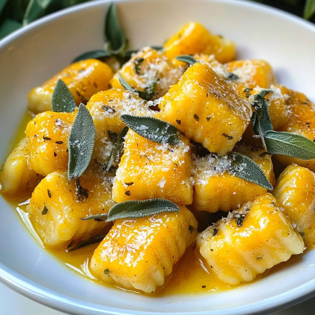 - 2 cups pumpkin puree (fresh or canned) - 2 cups all-purpose flour, plus extra for dusting - 1 large egg - 1 teaspoon salt - ¼ teaspoon nutmeg - Freshly cracked black pepper to taste - 4 tablespoons unsalted butter - 10-12 fresh sage leaves - Grated Parmesan cheese for serving (optional) If you don’t have pumpkin puree, you can use butternut squash. It gives a similar taste. For a gluten-free option, swap out all-purpose flour with a gluten-free blend. You might need to adjust the amount a bit. Instead of sage, you can use thyme or rosemary for a different flavor. If you want a dairy-free version, skip the Parmesan cheese or use a plant-based alternative. This dish can serve four people, and each serving is rich in nutrients. Here’s a rough breakdown per serving: - Calories: 350 - Protein: 10g - Carbohydrates: 50g - Fat: 15g - Fiber: 3g - Sugar: 2g This meal provides a good balance of carbs and protein, plus healthy fats from the butter. It’s comforting and filling, perfect for fall! {{ingredient_image_1}} First, gather your ingredients. You need pumpkin puree, flour, an egg, salt, nutmeg, and black pepper. In a large bowl, mix the pumpkin puree, flour, egg, salt, nutmeg, and black pepper together. Stir until a soft dough forms. Be careful not to over-knead it. This dough should feel smooth and slightly sticky. Next, lightly flour a clean surface. Turn the dough out onto it. Divide the dough into four equal pieces. Take one piece and roll it into a long rope, about ½ inch thick. Cut the rope into 1-inch pieces. You can shape the gnocchi by rolling each piece over the back of a fork. This gives them ridges, which help hold the sauce later. Now it’s time to cook! Bring a large pot of salted water to a gentle boil. Add the gnocchi in small batches. Cook them until they float to the top, which takes about 2-3 minutes. This means they are ready! Use a slotted spoon to remove them and place them on a plate. In a large skillet, melt unsalted butter over medium heat. Once melted, add fresh sage leaves. Sauté for 2-3 minutes until the butter turns golden brown and the sage becomes crispy. Then, add your cooked gnocchi to the skillet. Gently toss them in the sage butter for a minute. When done, serve them right away. You can add grated Parmesan cheese if you like. Enjoy your meal! To get the best texture for your gnocchi, use fresh pumpkin puree. If using canned, drain it well to avoid excess moisture. Mix your dough gently, just until it forms. Over-kneading makes the gnocchi tough. Aim for a soft, slightly sticky dough. If it feels too wet, add a bit more flour, but not too much. The dough should hold together but still be soft. For this recipe, you’ll need a few simple tools: - Large mixing bowl - Clean work surface - Rolling pin - Fork (for making ridges) - Large pot for boiling - Slotted spoon for removing gnocchi - Large skillet for the sage butter These tools help keep the process smooth and fun. Pumpkin sage gnocchi pairs well with many dishes. Try it with a simple green salad for a light meal. A side of roasted vegetables adds great flavor. For a heartier option, serve it with grilled chicken or sautéed shrimp. You can also drizzle extra sage butter over pasta or risotto for a rich taste. Enjoy experimenting with flavors! Pro Tips Use Fresh Pumpkin: For the best flavor, use fresh pumpkin puree made from roasted pumpkin instead of canned. It adds a richer, more natural taste to your gnocchi. Don’t Over-Knead: When mixing the dough, be careful not to over-knead it, as this can lead to tough gnocchi. Mix just until combined for a lighter texture. Cooking in Batches: Cook the gnocchi in batches to avoid overcrowding the pot. This ensures they cook evenly and float to the top properly. Perfect Sage Butter: Let the butter brown slightly before adding the sage leaves, which will enhance the flavor. Watch closely to prevent burning. {{image_2}} You can make a vegan version of pumpkin sage gnocchi. Replace the egg with a mix of 1 tablespoon of ground flaxseed and 3 tablespoons of water. Let it sit for a few minutes. This helps bind the dough without eggs. The rest of the recipe stays the same. You’ll still get that lovely pumpkin flavor. For a gluten-free option, swap all-purpose flour with a gluten-free flour blend. Look for one that works well in baking. You might need to adjust the amount slightly. Start with 2 cups and add more if the dough is too sticky. This way, everyone can enjoy this tasty dish. You can add more flavors to your gnocchi. Try mixing in some garlic powder or onion powder into the dough for extra taste. For a spicy kick, add red pepper flakes. After cooking, toss the gnocchi with lemon zest. It adds a bright note that pairs well with sage. Fresh herbs like thyme or parsley can also boost the dish's flavor profile. To keep your leftover gnocchi fresh, place them in an airtight container. You can store them in the fridge for up to three days. Make sure they cool down first to avoid steam build-up. If you want to keep them longer, freezing is a better option. To freeze gnocchi, first spread them out on a baking sheet. Make sure they are not touching. Place the sheet in the freezer for about an hour. This helps them freeze individually. Once frozen, transfer the gnocchi to a freezer bag. They can last for up to three months in the freezer. To reheat the gnocchi, you have a few options. You can boil them in salted water until they float again. This takes about two to three minutes. Alternatively, you can sauté them in a skillet with a little butter. This gives them a nice crisp texture. If you frozen them, do not thaw first; just add them directly to the boiling water or skillet. Enjoy your warm, delicious gnocchi! Yes, you can use other types of squash. Butternut squash works well. You can also try acorn squash. Each type gives a unique taste. The texture may change slightly, but it will still be tasty. Homemade gnocchi lasts about three days in the fridge. Store them in an airtight container. Make sure they are cool before sealing. If you want to keep them longer, freezing is a great option. Serve the gnocchi warm, drizzled with sage butter. Add crispy sage leaves on top for crunch. A sprinkle of grated Parmesan cheese adds a nice touch. You can also pair it with a simple salad or roasted veggies for balance. This article covered everything you need for making pumpkin sage gnocchi. We explored the ingredients, found useful substitutions, and looked at the nutrition. I shared step-by-step instructions on prepping, shaping, and cooking the gnocchi for success. You learned tips for better texture and the best tools to use. We discussed tasty variations, storage tips, and answered common questions. Remember, with a few simple steps, you can make this dish shine. Enjoy your cooking journey and unleash your creativity with every bite!