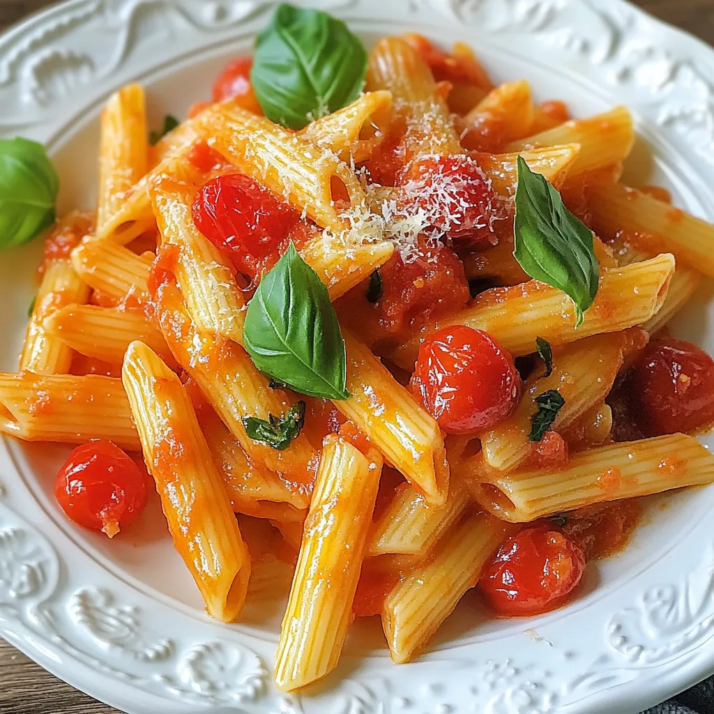 - Pasta: You will need 400g of penne pasta. This type holds sauce well. - Fresh produce: Use 500g of cherry tomatoes. Halve them for easy cooking. Add 2 cloves of minced garlic for flavor. Fresh basil, about ¼ cup, adds freshness. - Cheese selection: Use 300g of fresh mozzarella. Tear it into pieces. Top with ¼ cup of grated Parmesan cheese for richness. - Other essentials: Use 2 tablespoons of olive oil to sauté. Season with salt, pepper, and optional red pepper flakes for a kick. These ingredients come together to create a warm and hearty dish. Each one plays a key role in the final flavor. The sweetness of the tomatoes pairs well with the creamy cheese. The basil adds a fresh note that brightens every bite. Using quality ingredients makes a big difference! {{ingredient_image_1}} To cook penne pasta perfectly, start with a large pot. Fill it with water and add a good amount of salt. The salt makes a big difference in flavor. Bring the water to a rolling boil. Add the penne pasta and stir well. Cook according to package instructions until it is al dente, or firm to the bite. This usually takes about 10-12 minutes. Once cooked, drain the pasta and set it aside. In a large skillet, pour in the olive oil and heat it over medium heat. Add the minced garlic and sauté for about 1 minute. Be careful not to brown the garlic; it should smell great but stay light. Next, add the halved cherry tomatoes. Stir them occasionally for about 5-7 minutes. You want them to soften and break down. Season the mix with salt, pepper, and red pepper flakes if you like some heat. Now it's time to bring everything together. Lower the heat and add the drained penne pasta to the skillet. Toss the pasta with the tomato mixture until every piece is coated. Tear the fresh mozzarella into pieces and add it to the pan. Stir gently so the cheese melts slightly but does not fully dissolve. Transfer the pasta to a serving dish and top it with grated Parmesan cheese. Add extra basil for a fresh touch. Enjoy your hearty Pasta alla Sorrentina! To get the best flavor in Pasta alla Sorrentina, balance is key. Use ripe cherry tomatoes for sweetness. Fresh mozzarella adds creaminess and a rich taste. Don't forget the fresh basil; it brightens the dish. A splash of olive oil brings everything together. Common mistakes often include overcooking pasta. Always cook until al dente, which means firm but not hard. When you sauté garlic, don't let it brown; it can turn bitter. Lastly, avoid adding too much salt to the sauce. You can always add more later, but you can't take it out. Pasta alla Sorrentina pairs well with a light salad. A simple arugula salad with lemon dressing works nicely. You can also serve it with crusty bread for dipping. For presentation, use a large serving dish. Top it with extra basil and a sprinkle of Parmesan cheese. This makes the dish look fresh and inviting. Serve it hot, and watch everyone enjoy your creation! Pro Tips Use Fresh Ingredients: For the best flavor, opt for fresh cherry tomatoes and mozzarella. They will elevate the dish and add authentic Sorrento taste. Adjust the Spice Level: If you prefer a milder dish, omit the red pepper flakes. For more heat, increase the amount according to your taste. Don't Overcook the Pasta: Cook the penne just until al dente, as it will continue to cook slightly when mixed with the hot tomato sauce. Garnish for Presentation: Sprinkle additional fresh basil and Parmesan cheese on top before serving to enhance the dish's visual appeal. {{image_2}} You can switch up the pasta in Pasta alla Sorrentina. While I love using penne, any pasta shape works. Fusilli or rigatoni hold sauce well too. Just cook according to package instructions. Seasonal vegetables can make this dish shine. In summer, try adding zucchini or bell peppers. In fall, roasted butternut squash adds sweetness. Toss these veggies in with the tomatoes for a tasty twist. To make Pasta alla Sorrentina vegetarian, just skip the cheese or use plant-based options. Vegan mozzarella is widely available now. It melts nicely and tastes great. If you need a gluten-free option, use gluten-free pasta. Many brands offer pasta that cooks well and tastes good. Follow the cooking instructions on the package for best results. To keep your leftover Pasta alla Sorrentina fresh, cool it down first. Place it in an airtight container. Store it in the fridge. It lasts for about three days. Make sure to label it with the date. For longer storage, freeze the pasta. Use a freezer-safe container or bag. This way, it can last for up to three months. When you are ready to enjoy your leftovers, use gentle heat to warm them up. The best methods are the oven or stovetop. For the stovetop, add a splash of water or olive oil. This helps keep the pasta moist. Stir often to prevent it from sticking. If using the oven, cover the dish with foil. This keeps the moisture in. Avoid using the microwave if you can. It tends to dry out the pasta. Enjoy your meal just like when it was fresh! What is the origin of Pasta alla Sorrentina? Pasta alla Sorrentina comes from Sorrento, Italy. This coastal town is known for its fresh ingredients. The dish highlights local tomatoes and mozzarella. It reflects the sunny flavors of Southern Italy. Can I make this dish ahead of time? Yes, you can prepare Pasta alla Sorrentina in advance. Cook the pasta and sauce separately. Combine them just before serving. This keeps the pasta from getting mushy. You can also store it in the fridge for up to three days. How do I know when my pasta is al dente? Pasta is al dente when it is firm but not hard. To check, taste a piece a minute before the package time ends. It should have a slight bite without being raw. What can I use instead of fresh mozzarella? If you don’t have fresh mozzarella, use low-moisture mozzarella. You can also try burrata cheese for a creamy texture. Another option is ricotta for a different taste. Just be sure to adjust the amount to suit your dish. This post covered all the key steps to make Pasta alla Sorrentina. We discussed the fresh ingredients needed and how to cook the pasta perfectly. You learned tips for making a tasty sauce and the best ways to combine everything. Use these ideas as a guide to create your own version. Enjoy the process and the flavors! Cooking should be fun and satisfying. Now it’s time to get in the kitchen and start making your dish.