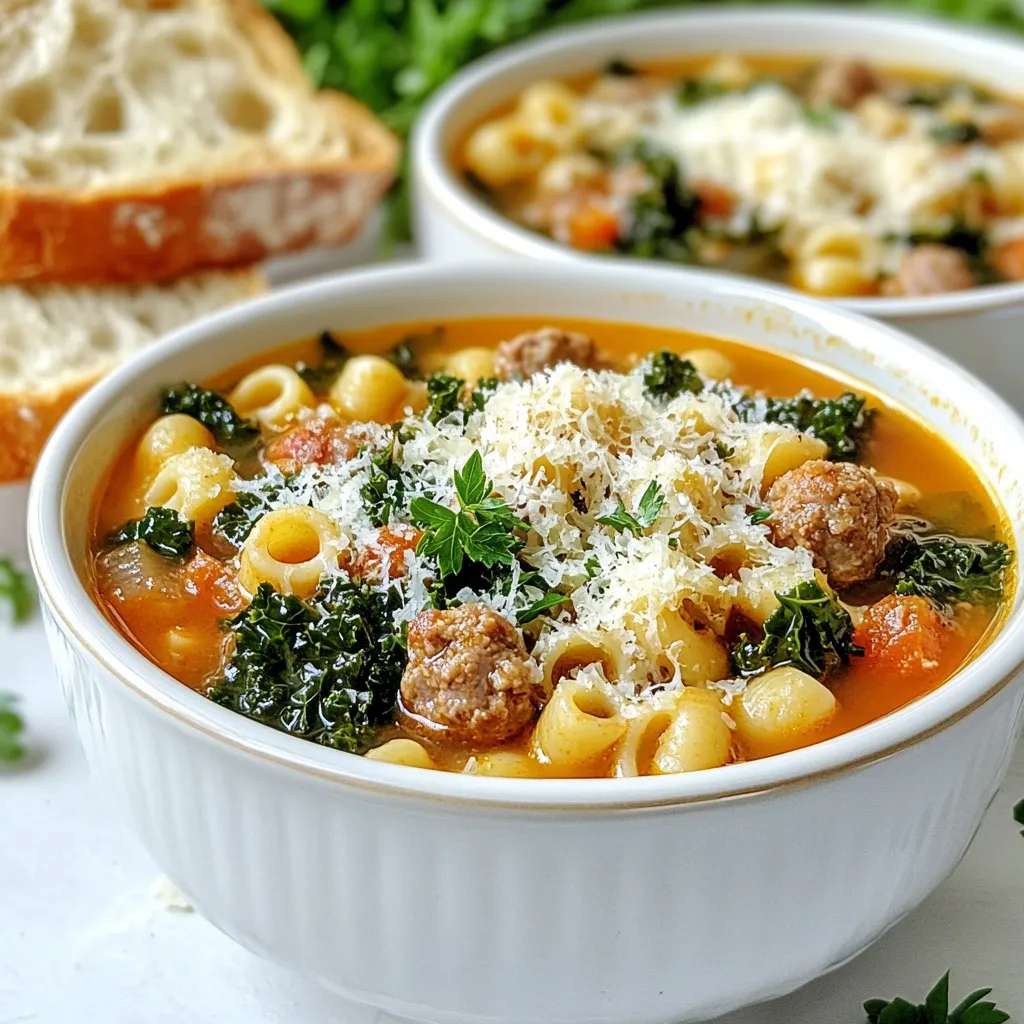 To make this tasty Parmesan Ditalini Soup with Sausage, you'll need a few simple ingredients. Here’s the complete list: - 1 tablespoon olive oil - 1 medium onion, diced - 2 garlic cloves, minced - 1 carrot, diced - 1 celery stalk, diced - 1 pound Italian sausage (mild or spicy, your choice) - 6 cups chicken broth (low sodium) - 1 can (14.5 oz) diced tomatoes - 1 cup ditalini pasta - 2 cups kale, chopped - 1 teaspoon dried oregano - 1 teaspoon thyme - Salt and pepper to taste - ½ cup grated Parmesan cheese - Fresh parsley for garnish You can also add crusty bread to enjoy with your soup. This meal is warm and filling, making it perfect for any day. The cheese and sausage add great flavors and make it a real comfort dish. Enjoy cooking! {{ingredient_image_1}} 1. Sautéing vegetables: Start by heating 1 tablespoon of olive oil in a large soup pot over medium heat. Add 1 medium diced onion and cook it for about 5 minutes until soft. Next, stir in 2 minced garlic cloves, 1 diced carrot, and 1 diced celery stalk. Cook for another 3 to 4 minutes until everything smells good. 2. Cooking sausage: Now it’s time to add 1 pound of Italian sausage. You can choose mild or spicy, depending on your taste. Break the sausage apart with a spoon. Cook it for about 5 to 7 minutes until it is browned and fully cooked. 3. Adding broth and tomatoes: Pour in 6 cups of low-sodium chicken broth. Then, add 1 can of diced tomatoes with their juice. Bring this mixture to a boil. 4. Cooking ditalini pasta: When it starts boiling, add 1 cup of ditalini pasta. Cook it according to the package instructions, which usually takes about 8 to 10 minutes until the pasta is al dente. 1. Adding kale, herbs, and seasoning: After the pasta is ready, stir in 2 cups of chopped kale along with 1 teaspoon of dried oregano, 1 teaspoon of thyme, and some salt and pepper to taste. Cook for an extra 2 to 3 minutes until the kale wilts. 2. Incorporating Parmesan cheese: Remove the pot from heat and add ½ cup of grated Parmesan cheese. Stir well until the cheese melts and mixes into the soup. 3. Recommended preparation techniques: Taste your soup and adjust the seasoning if needed. For serving, ladle the soup into bowls and sprinkle with more Parmesan cheese and chopped fresh parsley. It pairs well with crusty bread for a complete meal. Enjoy this comforting dish! Sautéing your vegetables is key. Start with the onion and cook it until soft. This step builds a strong base for flavor. Then, add garlic, carrot, and celery. Cook these for a few minutes to release their scents. Timing matters when adding ingredients. Add the Italian sausage after the veggies. Cook it until it's brown and fully done. Then, pour in the chicken broth and diced tomatoes. This adds depth to your soup. Adjust your seasoning as you go. After adding the kale, taste your soup. If it needs salt or pepper, add a little at a time. This ensures balanced flavors throughout. Presentation makes a difference. Serve the soup in warm bowls. Top each bowl with extra Parmesan cheese and fresh parsley. This adds color and flavor. Pair your soup with crusty bread. A side salad works well, too. Both options complement the hearty soup nicely. Enjoy the warmth and comfort of this dish! Pro Tips Choose Your Sausage Wisely: Depending on your spice preference, opt for mild or spicy Italian sausage to tailor the flavor profile of your soup. Add Fresh Herbs: For an extra layer of flavor, consider adding fresh herbs like basil or thyme right before serving instead of dried ones. Perfect Pasta Cooking: To prevent the ditalini from becoming mushy, slightly undercook it in the soup and let it finish cooking off the heat. Garnish for Flavor: Don’t skip the fresh parsley and extra Parmesan on top; they add a vibrant touch and enhance the overall taste. {{image_2}} You can easily change the protein in this soup. If you want a lighter option, use turkey sausage. For a vegan twist, try plant-based sausage. Both options keep the dish tasty and satisfying. You can also switch up the pasta. Ditalini gives a nice bite, but other small pasta works too. Try elbow macaroni or orzo. If you want to add more greens, swap out kale for spinach or Swiss chard. They will add color and nutrition. Adding spices can boost the soup's flavor. Try a pinch of red pepper flakes for heat. A little smoked paprika adds depth. Fresh herbs like basil or thyme can bring brightness. Add these when you stir in the kale. You can also mix in other vegetables. Zucchini or bell peppers add sweetness and texture. Just chop them small and add them when you cook the onions. This keeps everything cooked evenly. After enjoying your Parmesan ditalini soup, store any leftovers in proper containers. Use airtight containers to keep the soup fresh. If you have a lot left, you can use freezer-safe bags or containers. Store the soup in the fridge for up to three days. If you want to keep it longer, freeze it. In the freezer, it can last up to three months. Just remember to label the containers with the date. When it's time to eat your leftovers, you can reheat the soup in a few ways. The best method is on the stove. Pour the soup into a pot and heat it over medium heat. Stir it often to keep it from sticking. You can also use the microwave. Place the soup in a microwave-safe bowl, cover it loosely, and heat in short bursts. Stir it between intervals to heat evenly. To keep the soup's texture and flavor, avoid boiling it. Reheat gently and add a splash of broth if it looks too thick. Enjoy your comforting soup just like the first time! Can I make this soup in advance? Yes, you can make this soup ahead of time. It tastes even better the next day. Just store it in the fridge. Reheat before serving, and it will be warm and tasty. What can I use instead of ditalini pasta? If you don't have ditalini, use small shells or elbow macaroni. These shapes work well and hold the soup's flavors nicely. How to adjust the spice level? To change the spice level, choose mild or spicy sausage. You can also add red pepper flakes for heat. Start small, then taste and add more if needed. Caloric breakdown per serving Each serving of this soup has about 350 calories. This number may change based on the sausage and cheese used. Health benefits of key ingredients - Kale: Rich in vitamins A, C, and K. Great for your immune system. - Italian sausage: Provides protein and iron, which are important for energy. - Parmesan cheese: Adds flavor and calcium, which is good for bones. This soup gives you a hearty meal packed with nutrients. This blog post covers a delicious soup recipe, from ingredients to storage tips. You learned how to sauté veggies, cook sausage, and enhance flavors. I shared good practices for serving and gave ideas for variations. Remember, you can adjust the recipe to fit your needs. This soup is more than a meal; it's a way to enjoy cooking. With these tips, you'll create something tasty and satisfying. Dive in and enjoy your culinary adventure!