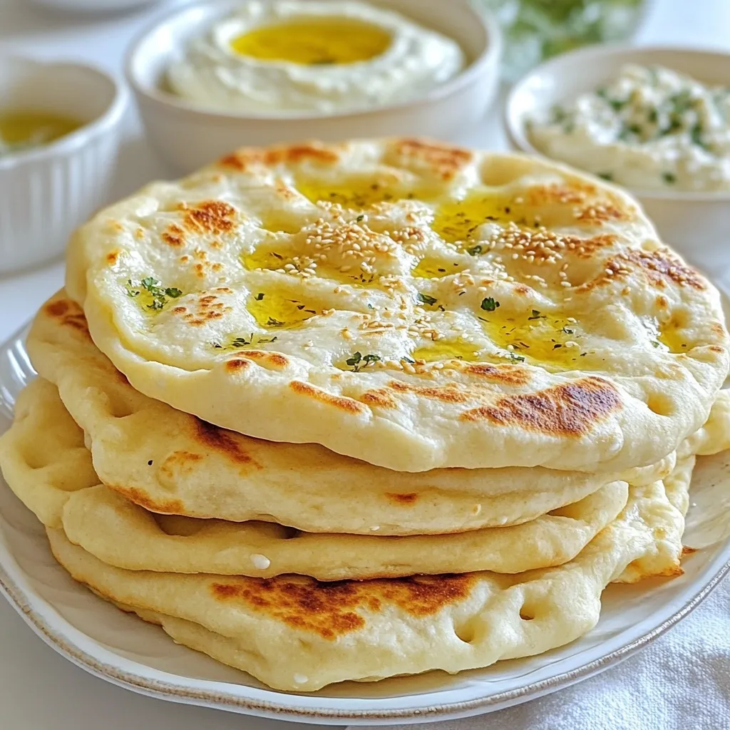 - 2 cups all-purpose flour - 1 cup plain yogurt (preferably Greek) - 1 teaspoon baking powder - 1 teaspoon salt The main ingredients create a strong base for your flatbread. All-purpose flour gives the bread structure. Greek yogurt adds moisture and a slight tang. Baking powder helps the dough rise, making it fluffy. Salt enhances the flavors and balances the taste. - 1 teaspoon garlic powder - Fresh herbs (such as rosemary or cilantro), finely chopped - Sesame seeds for topping You can add garlic powder for a nice flavor kick. Fresh herbs bring a burst of freshness. If you love crunch, sprinkle sesame seeds on top. These ingredients provide a chance to customize your flatbread. Feel free to experiment with your favorite flavors. - 1 tablespoon olive oil (plus more for cooking) - 1 teaspoon salt Olive oil is key for cooking and adds richness. It helps the flatbread develop a beautiful golden color. Salt, again, is crucial for taste, ensuring each bite is flavorful. Using these cooking essentials will elevate your flatbread experience. {{ingredient_image_1}} Start by mixing the dry ingredients. In a large bowl, combine 2 cups of all-purpose flour, 1 teaspoon of baking powder, and 1 teaspoon of salt. If you want extra flavor, add 1 teaspoon of garlic powder. Make a well in the center of this mix. Next, add 1 cup of plain yogurt and 1 tablespoon of olive oil into the well. Now it’s time to knead the dough. Use your hands or a spatula to mix the yogurt into the flour. You want a shaggy dough to form. Transfer this dough to a lightly floured surface. Knead gently for about 5 minutes until it feels smooth. If the dough sticks to your hands, sprinkle more flour as needed. Once the dough is ready, divide it into 6 to 8 equal pieces. Roll each piece into a ball. Then, flatten each ball slightly with your palm. If you like, fold some fresh herbs into each piece for added flavor. Roll each piece into a round shape about ¼ inch thick. Heat a non-stick skillet over medium heat. Add a little olive oil to coat the bottom. Place one flatbread in the skillet. Cook it for about 2-3 minutes until you see bubbles on the surface and the bottom is golden brown. Flip the flatbread and cook for another 2-3 minutes. Once done, remove it from the skillet and keep it warm in a kitchen cloth. Repeat this for the rest of the dough. Optionally, sprinkle sesame seeds on the warm flatbreads for a nice crunch. To get the right dough, aim for a soft, smooth texture. Start by mixing the flour, baking powder, and salt well. If you want flavor, add garlic powder to the mix. When you add yogurt and olive oil, it should feel a little sticky. If it feels too wet, add a bit more flour. Knead the dough gently until it becomes smooth. This usually takes about five minutes. Resting the dough is key for great flatbread. After kneading, let it sit for about 10 minutes. This helps the gluten relax, making it easier to shape. For the best cooking, heat your skillet over medium heat. This allows the flatbread to cook evenly. If it’s too hot, the outside cooks too fast, leaving the inside raw. You want golden brown spots, not burnt areas. You can also grill the flatbreads for a smoky flavor. Just make sure your grill is hot. If you prefer baking, place the flatbreads on a baking sheet in a preheated oven at 400°F for about 10-12 minutes. The choice is yours! Serving is part of the fun. Stack warm flatbreads on a nice plate. You can serve them with dips like hummus or tzatziki for extra taste. For a pop of color, sprinkle fresh herbs on top. Chopped cilantro or rosemary works well. You can even add sesame seeds for crunch while they’re still warm. This adds texture and makes your dish look stunning! Pro Tips Use High-Quality Yogurt: For the best flavor and texture, opt for full-fat Greek yogurt. It adds richness and helps create a softer, more pliable dough. Don’t Over-Knead: Gently knead the dough just until it’s smooth. Over-kneading can make the flatbread tough instead of tender. Perfect Cooking Temperature: Ensure your skillet is at medium heat before adding the dough. If the heat is too high, the flatbread will burn on the outside while remaining raw inside. Experiment with Toppings: Feel free to customize your flatbread with various toppings like za'atar, poppy seeds, or even cheese before cooking for added flavor and texture. {{image_2}} You can change the taste of yogurt flatbread by adding herbs and spices. Fresh herbs like rosemary or cilantro give it a bright flavor. You can also use garlic powder for a nice kick. If you want a heartier option, try using whole wheat flour or gluten-free flour. Whole wheat adds a nutty taste. Gluten-free flour is great for those with dietary needs. You have choices when cooking yogurt flatbread. You can bake or pan-fry it. Baking gives a crisp texture, while pan-frying makes it soft and warm. For outdoor fun, grilling is an option too. Just heat the grill and cook until you see those lovely grill marks. Each method offers a unique taste and texture. Yogurt flatbread pairs well with many dips and sides. Hummus and tzatziki are top choices. You can also serve it with spicy salsas or creamy spreads. Different cuisines complement flatbread nicely. Think Mediterranean, Middle Eastern, or Indian dishes. Each option brings new flavors to your meal. Enjoy experimenting! To store leftover flatbreads, first let them cool completely. Place the flatbreads in a clean, dry container. You can use parchment paper between layers to avoid sticking. Seal the container tightly. This keeps them fresh in your fridge for up to 3 days. For reheating, you can use a skillet. Heat it over medium heat and add a little olive oil. Cook each flatbread for about 1-2 minutes on each side. This restores their warm, soft texture. Alternatively, you can use a microwave for quick reheating. Just cover them with a damp paper towel to keep them moist. If you want to keep yogurt flatbreads longer, freezing is a great option. Wrap each flatbread in plastic wrap. Then place all the wrapped flatbreads in a freezer-safe bag or container. This prevents freezer burn. They can last for up to 3 months in the freezer. To maintain freshness, make sure to remove as much air as possible from the bag. When you're ready to eat, thaw them in the fridge overnight. You can also heat them straight from the freezer in a skillet. Just add a minute or two to the cooking time. Yogurt flatbreads last about 3 days in the fridge when stored properly. In the freezer, they stay good for up to 3 months. Always check for any signs of spoilage before use. If they look or smell off, it's best to toss them. Yes, you can use regular yogurt, but it may change the texture. Greek yogurt is thicker. It gives the flatbread a nice chew and helps hold it together. Regular yogurt has more moisture, which can make the dough sticky. You might need more flour to balance it out. To prevent sticking, use a non-stick skillet or a cast-iron pan. Coat the bottom with olive oil for a good non-stick surface. Make sure the pan is hot before adding the flatbread. If it sticks, let it cook a bit longer. It will release when it’s ready. Yes, you can make the dough ahead of time. Wrap it tightly in plastic wrap and keep it in the fridge. It will stay fresh for up to 24 hours. When ready to cook, take it out and let it sit for 15 minutes. This helps it relax and makes it easier to roll out. Yogurt flatbread pairs well with many dishes. Serve it warm with dips like hummus or tzatziki. You can also use it to scoop up stews or curries. Top it with fresh herbs for a burst of flavor. This bread is great for sharing at any meal! In this article, we explored the simple ingredients and steps to make yogurt flatbread. We covered how to prepare and knead the dough, along with cooking tips for perfect results. You also learned about fun variations and storage techniques to keep your flatbreads fresh. As you cook, remember to be creative with flavors and pairings. Enjoy your made-from-scratch flatbread! Keep practicing and experimenting to find your favorite combinations. Happy cooking!