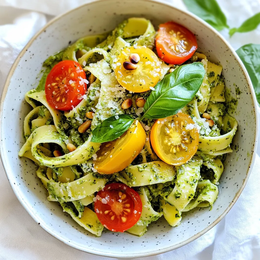 For this creamy pesto sauce pasta, you need: - 12 oz pasta (fettuccine or penne work well) - 1 cup fresh basil leaves - ¼ cup pine nuts - ½ cup grated Parmesan cheese - 2 cloves garlic, minced - ½ cup heavy cream - ¼ cup extra-virgin olive oil - Salt and pepper to taste These ingredients create a rich and tasty dish. The fresh basil adds a bright flavor. The pine nuts give a nice crunch. Parmesan cheese provides a salty touch. Heavy cream makes the sauce smooth. These ingredients blend perfectly to create a dish you will love. To make your pasta even better, you can add: - Cherry tomatoes, halved - Toasted pine nuts These garnishes add color and texture. The cherry tomatoes bring sweetness. The toasted pine nuts add extra crunch. They make your dish look and taste amazing. You will need a few kitchen tools to make this dish: - A large pot for boiling pasta - A food processor for making the pesto - A skillet for mixing the pasta and sauce - A measuring cup for accurate portions Having the right tools makes cooking easier. These items help you create a perfect creamy pesto sauce pasta. {{ingredient_image_1}} Start by bringing a large pot of salted water to a boil. The salt helps add flavor. Once boiling, add 12 oz of your favorite pasta, like fettuccine or penne. Cook it according to the package instructions until it is al dente. This usually takes about 8-10 minutes. After it's done, drain the pasta in a colander. Don’t forget to save about 1 cup of the pasta water. This will help later when mixing the sauce. Now, let’s make the creamy pesto sauce. Grab your food processor and add 1 cup of fresh basil leaves, ¼ cup of pine nuts, ½ cup of grated Parmesan cheese, and 2 cloves of minced garlic. Pulse them together until they are finely chopped. Next, while the processor runs, slowly drizzle in ¼ cup of extra-virgin olive oil. This helps blend everything smoothly. After that, add ½ cup of heavy cream and pulse again until mixed. If your sauce is too thick, add some reserved pasta water until it’s just right. In a large skillet over medium heat, add the cooked pasta. Pour the creamy pesto sauce over the pasta. Toss them together well to coat every piece. If it looks dry, add more of the reserved pasta water to make it creamy. Season with salt and pepper to taste. For a special touch, you can top your dish with halved cherry tomatoes and toasted pine nuts for added taste and crunch. Enjoy your meal! For creamy pesto sauce pasta, I recommend fettuccine or penne. These shapes hold sauce well. Fettuccine has a flat surface, so it grabs the sauce tightly. Penne has ridges, which catch the creamy goodness. You can also use rotini or farfalle if you prefer. Just remember to cook it until al dente for the best texture. To create a smooth pesto sauce, use a food processor. First, blend fresh basil leaves, pine nuts, Parmesan cheese, and minced garlic. Pulse until finely chopped. This step breaks down the ingredients. Then, with the processor running, slowly drizzle in the olive oil. This creates a creamy base. Finally, add the heavy cream and pulse until combined. If the sauce is too thick, add some reserved pasta water. This helps loosen it up. Seasoning is key for a tasty dish. Start with salt and pepper. Add them gradually. Taste as you go to get it just right. Freshly cracked black pepper adds a nice kick. You can also try a squeeze of lemon juice for brightness. If you like it spicy, add a pinch of red pepper flakes. Adjust the flavors to match your taste. Pro Tips Use Fresh Basil: Fresh basil is key for the best flavor in your pesto. Avoid dried basil for this recipe, as it won't provide the same vibrant taste. Toast Pine Nuts: Lightly toasting the pine nuts before adding them to the pesto enhances their flavor and adds a delicious nuttiness to the sauce. Adjust Creaminess: If your sauce is too thick, gradually add reserved pasta water until you reach your desired consistency. This will help keep the sauce silky and light. Garnish with Fresh Ingredients: Fresh cherry tomatoes and toasted pine nuts not only add visual appeal but also provide a delightful contrast in texture and flavor to the creamy pasta. {{image_2}} You can make this dish vegetarian by skipping the Parmesan cheese. Use nutritional yeast instead. This gives you a cheesy taste without dairy. For a vegan twist, swap heavy cream with coconut cream or cashew cream. You still get that rich texture with a fresh flavor. Add more veggies like spinach or zucchini for a colorful plate. To make your meal heartier, add protein. Grilled chicken or shrimp works great. Cook the chicken in slices or the shrimp until pink. Mix them in right before serving. This adds a nice touch and makes it more filling. You can also use tofu for a plant-based option. Don't hesitate to swap ingredients for fun flavors. Try sun-dried tomatoes instead of fresh ones for a tangy taste. You can also add arugula for a peppery kick. Experiment with different nuts like walnuts or almonds for your pesto. Each change can offer a new twist to your creamy pesto sauce pasta. Enjoy creating your own version! To keep your creamy pesto sauce pasta fresh, store it in an airtight container. Make sure to let it cool down first. Then, place it in the fridge. It stays good for about 3 to 5 days. If you want to keep it longer, consider freezing it. Just remember to leave some space in the container for expansion. When you’re ready to eat your leftovers, reheat the pasta gently. You can use a microwave or a skillet. If using the microwave, heat it in short bursts. Stir it every minute to avoid hot spots. If you use a skillet, add a splash of water or cream to keep it moist. Heat on low and stir until warm. This way, your pasta stays creamy and tasty. To freeze creamy pesto sauce pasta, portion it into small containers. Ensure they are freezer-safe. Label them with the date. It can last up to 2 months in the freezer. When ready to eat, thaw it in the fridge overnight. You can reheat it as mentioned before. Add a bit of cream or pasta water if it seems dry after freezing. Yes, you can use store-bought pesto. It saves time and works well. Just choose a brand with fresh ingredients for the best taste. If you're in a hurry, this option is great! Fettuccine and penne are perfect for creamy sauces. Their shapes hold the sauce well. You can also try other pasta like farfalle or rigatoni. They add a fun twist to your dish. To make this dish gluten-free, use gluten-free pasta. Many brands offer tasty options made from rice or chickpeas. Just cook them according to package instructions. The creamy pesto sauce stays delicious with any pasta. Yes, you can make creamy pesto sauce in advance. Store it in an airtight container in the fridge for up to three days. Just stir it well before using. If it thickens, add a bit of pasta water to loosen it. In this blog post, I covered how to make creamy pesto sauce pasta. You learned about key ingredients, optional garnishes, and tools needed. I shared step-by-step instructions on cooking, making sauce, and combining everything. Tips included choosing pasta and seasoning well. Variations like vegetarian options and adding protein help personalize your dish. Lastly, I discussed storage and reheating for best taste. Enjoy your cooking journey and make this dish your own!