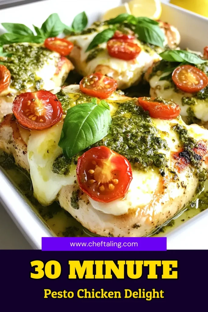 Indulge in this Juicy 30-Minute Pesto Baked Chicken Breast, the perfect dish for those seeking delicious Paleo Baked Chicken Breast options. This Macro Friendly Chicken Breast recipe is a quick way to enjoy healthy and flavorful Oven Baked Chicken Breasts. With fresh basil pesto, cherry tomatoes, and melty mozzarella, it's a dinner winner! Try it tonight and elevate your healthy chicken breast meals. Save and share! #Paleo #HealthyRecipes #ChickenDinner #MealPrep