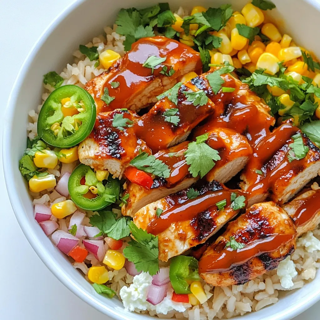 - 2 boneless, skinless chicken breasts - 1 cup barbecue sauce (choose your favorite flavor) - 1 cup cottage cheese - 1 cup cooked brown rice (or quinoa) - 1 cup corn kernels (fresh or canned) - 1 bell pepper, diced (any color) - 1 small red onion, diced - 1 teaspoon smoked paprika - 1 teaspoon garlic powder - Salt and pepper to taste - Fresh cilantro for garnish (optional) - Sliced jalapeños for a spicy kick (optional) The main ingredients form the base of the dish. Chicken breasts provide protein. Barbecue sauce adds sweetness and tang. Cottage cheese gives creaminess and helps balance the flavors. In the additional ingredients, brown rice or quinoa serves as a hearty base. Corn kernels add a sweet crunch. Diced bell pepper and red onion bring color and freshness. Each ingredient plays a role in making the bowl satisfying. For seasoning, smoked paprika and garlic powder add depth. Salt and pepper enhance the dish. Fresh cilantro brightens the taste. Jalapeños offer a spicy kick. You can adjust these as per your taste. This combination creates a tasty and easy meal that is also filling. {{ingredient_image_1}} First, preheat your grill or grill pan to medium heat. While it warms up, prepare the chicken. Season both sides of the chicken breasts with salt, pepper, smoked paprika, and garlic powder. Grill the chicken for about 6-7 minutes on each side. Make sure it's fully cooked, reaching an internal temperature of 165°F (75°C). Once done, take it off the heat and let it rest for 5 minutes. This helps keep the chicken juicy. While the chicken rests, grab a small saucepan. Heat your barbecue sauce over low heat. This warming method brings out the sauce's great flavor without cooking it down. It only takes a few minutes, so keep an eye on it. Now it’s time to build your bowl! Start with half of the cooked brown rice or quinoa at the bottom of a serving bowl. Next, add the cottage cheese on top. Then, layer in the corn kernels, diced bell pepper, and red onion. Chop the rested chicken into bite-sized pieces. In a large bowl, mix the chicken with half of the warmed barbecue sauce. Toss until the chicken is evenly coated. Spoon this BBQ chicken mix over the veggies and cottage cheese. Drizzle the rest of the barbecue sauce over the top for extra flavor. For a nice finish, sprinkle chopped cilantro and add sliced jalapeños for a spicy kick. Serve in colorful bowls for a vibrant look, and don't forget a lime wedge on the side for a zesty touch! To grill chicken well, aim for an internal temperature of 165°F (75°C). Use a meat thermometer to check. This ensures it is safe to eat. After grilling, let the chicken rest for 5 minutes. Resting helps the juices settle, making it tender and juicy. When picking BBQ sauce, choose one that fits your taste. Sweet, smoky, or spicy flavors all work great. You can also mix sauces for a unique twist. To boost the taste further, use seasonings like smoked paprika and garlic powder. These add depth and richness to your dish. For sides, consider fresh salad or roasted veggies. These add color and nutrition to your meal. You can also serve with tortilla chips for a crunchy bite. For garnishing, sprinkle fresh cilantro on top. If you like heat, add sliced jalapeños for an extra kick. This makes your bowl look vibrant and inviting. Pro Tips Marinate for More Flavor: For an even tastier chicken, marinate the chicken breasts in the barbecue sauce for at least 30 minutes before grilling. This will infuse the meat with extra flavor. Use Leftover Chicken: To save time, use leftover grilled chicken or rotisserie chicken. Just chop it up and mix it with the barbecue sauce for a quick assembly. Customize Your Bowl: Feel free to add other vegetables like avocado, black beans, or diced tomatoes to your bowl for added nutrition and flavor. Control the Spice Level: Adjust the amount of jalapeños or opt for a milder pepper if you prefer less heat in your dish. You can always serve them on the side for guests to add as they like. {{image_2}} You can switch up the protein in your bowl. Try using tofu or tempeh instead of chicken. Both options soak up flavors well, making them tasty. If you want meat, consider using beef or pork. Just adjust the cooking time based on the type you choose. Need it gluten-free? Use quinoa instead of brown rice. Quinoa is a great grain that is also high in protein. If you want a vegan option, swap the cottage cheese for a plant-based alternative. You can find many good dairy-free cottage cheese brands in stores. Make your bowl even better by using seasonal veggies. In summer, fresh corn and bell peppers are perfect. In winter, try roasted squash or hearty greens. Adjust your recipe based on what is fresh and available. This makes your meal more flavorful and nutritious. To store your Cottage Cheese BBQ Chicken Bowl, place it in an airtight container. Make sure to cool it down to room temperature first. Refrigerate it within two hours of cooking. This dish stays fresh for up to three days in the fridge. Be sure to check for any off smells before eating. If you want to freeze it, here are a few steps to follow. First, separate the chicken and veggies from the cottage cheese. Place them in freezer-safe bags or containers. Press out as much air as you can before sealing. This way, you can keep it for up to three months. To reheat, thaw it in the fridge overnight. Heat it gently in a pan or microwave, adding a splash of water for moisture. Meal prepping makes cooking easier and quicker. You can prepare the chicken and rice ahead of time. Cook them on a Sunday and store them in the fridge. When you want a quick meal, just assemble your bowl. Layer the ingredients in a container for an easy grab-and-go lunch. This way, you enjoy a tasty meal without much hassle. A Cottage Cheese BBQ Chicken Bowl is a tasty meal that combines chicken, cottage cheese, and fresh veggies. This dish is fun and easy to make. It has a mix of flavors from the barbecue sauce and the creaminess of cottage cheese. Many people love this bowl for its balance of protein, carbs, and veggies. It’s quick to prepare, making it a popular choice for busy weeknights. Yes, you can easily add some heat! If you like spicy food, add sliced jalapeños on top. You can also mix in some hot sauce with the barbecue sauce. Start with a little bit and taste it. You can always add more if you want it spicier. This way, you control the heat and make the dish just right for you. Cottage cheese is very healthy! It's low in fat and high in protein. This makes it great for muscle building and weight loss. It also has calcium, which is good for your bones. However, some brands may have added salt, so check the label. Overall, cottage cheese is a smart choice for a healthy meal. This blog post showed you how to create a tasty Cottage Cheese BBQ Chicken Bowl. We covered the main ingredients like chicken, barbecue sauce, and cottage cheese. You learned step-by-step instructions for cooking, assembling, and tips for perfect flavor and presentation. Remember, you can customize this dish with different proteins or seasonal veggies. Store leftovers well and enjoy meal prep tips for easy cooking. This dish is fun, healthy, and full of flavor. Dive in and make your own unique version today!