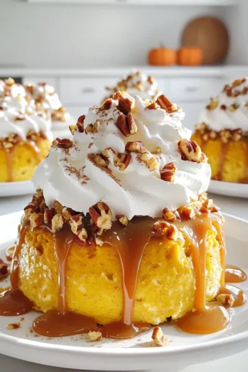 - 1 package yellow cake mix - 1 cup canned pumpkin puree - 3 large eggs - 1/2 cup vegetable oil - 1 cup water - 1 tablespoon pumpkin pie spice - 1 can (14 oz) sweetened condensed milk - 1/2 cup caramel sauce, plus extra for drizzling - 1 cup whipped topping (or whipped cream) - 1/4 cup chopped pecans (optional) - Ground cinnamon for dusting (optional) To make this pumpkin caramel poke cake, you need simple ingredients. Each one plays a role in creating the rich flavors and textures. The yellow cake mix gives the base its lightness. Canned pumpkin puree adds moisture and a warm, earthy taste. Eggs bind everything together while the vegetable oil keeps it soft. Water helps to mix the batter smoothly. Pumpkin pie spice brings in a blend of cinnamon, nutmeg, and clove, which gives that classic fall flavor. The sweetened condensed milk is key for soaking the cake, making it creamy and decadent. Caramel sauce adds a sweet touch, while whipped topping or cream contributes to the cake's richness. You can add chopped pecans for crunch and ground cinnamon for a lovely finish. These ingredients come together to make an irresistible dessert treat that everyone will love. - Mixing bowls - Electric mixer - Baking dish (9x13 inch) - Wooden spoon or skewer When preparing this cake, you will need some basic tools. Mixing bowls are essential for combining the ingredients. An electric mixer helps to beat the batter quickly and evenly. A 9x13 inch baking dish is perfect for baking this cake, giving it a nice, flat surface. Lastly, you will want a wooden spoon or skewer. This will help you poke holes in the cake for soaking it with caramel. With these tools, you are ready to create a delicious pumpkin caramel poke cake that will impress your friends and family! 1. Preheat the oven and prepare the baking dish. Start by setting your oven to 350°F (175°C). While it heats, take a 9x13 inch baking dish and grease it with oil or butter. Then, sprinkle some flour to coat the bottom and sides. This helps the cake come out easily. 2. Combining the ingredients in a mixing bowl. In a large mixing bowl, add one package of yellow cake mix, one cup of canned pumpkin puree, three large eggs, half a cup of vegetable oil, one cup of water, and one tablespoon of pumpkin pie spice. Use an electric mixer to beat these on medium speed for about two minutes. The mix should look smooth and well blended. 3. Pouring and spreading the batter. Next, pour the cake batter into your prepared baking dish. Use a spatula to spread it evenly across the dish. This ensures every bite is just as good as the last. 1. Baking time and temperature settings. Place the baking dish in your preheated oven. Bake for 25 to 30 minutes. The cake should rise and get a nice golden color. 2. Checking for doneness with a toothpick. To check if the cake is done, insert a toothpick into the center. If it comes out clean, your cake is ready. If it has batter on it, bake for a few more minutes. 1. Cooling the cake and poking holes. After baking, remove the cake from the oven and let it cool in the pan for about 10 minutes. Once it cools a bit, take the handle of a wooden spoon or a skewer and poke holes all over the cake. Space them about one inch apart. This is what makes it a poke cake! 2. Mixing the caramel and sweetened condensed milk. In a medium bowl, mix together one can of sweetened condensed milk and half a cup of caramel sauce until it’s well combined. 3. Pouring the mixture over the cake. Pour this caramel mixture evenly over the warm cake, letting it soak into all those holes. This gives the cake its sweet, gooey goodness. - To keep your cake moist, do not overbake it. Check for doneness at 25 minutes. - You can use a different cake mix if you want. Spice cake works great too. - For a lovely look, cut the cake into squares. Serve on nice plates. - Drizzle extra caramel on top. Add a sprinkle of pecans for crunch. - This cake pairs well with vanilla ice cream or a cup of coffee. - Overmixing the batter can make the cake tough. Mix just until combined. - Make sure to cool the cake before adding the caramel. This helps it soak in better. {{image_2}} You can take your Pumpkin Caramel Poke Cake to the next level. Add chocolate chips for a sweet touch. They melt into the cake, giving it a rich flavor. You can also toss in some nuts like pecans or walnuts for a nice crunch. This adds texture and makes each bite exciting. Another fun idea is to switch the cake mix. Instead of yellow cake mix, try spice cake mix. This adds more warmth and depth to the flavors. The spice mix pairs perfectly with pumpkin. You can even use a chocolate cake mix for a sweeter twist. The chocolate and caramel create a delightful contrast. For a twist on the topping, try cream cheese frosting instead of whipped topping. Cream cheese adds a tangy taste that balances the sweetness. It’s also smooth and rich, making your cake extra special. Just whip together some cream cheese, butter, and powdered sugar for a quick mix. If you want a more elegant touch, use a chocolate ganache. Melt chocolate with cream for a shiny topping. Pour it over the cake instead of caramel. This makes the dessert look fancy and taste divine. You can adapt this cake for different holidays. For Halloween, add spooky decorations like candy corn or chocolate spiders. This makes it fun for kids and adults alike. During Thanksgiving, top the cake with pecans and a sprinkle of cinnamon. This gives it a festive look and flavor. You can even serve it with a scoop of vanilla ice cream on the side. It’s a perfect treat for the holiday season. To keep your Pumpkin Caramel Poke Cake fresh, store it in the fridge. Use an airtight container to prevent the cake from drying out. You can also wrap it tightly with plastic wrap. If you want to save some for later, you can freeze it. Cut the cake into slices, wrap each slice in plastic wrap, and place them in a freezer bag. This way, you can enjoy a piece whenever you like. In the fridge, this delightful cake lasts about four to five days. After that, the taste and texture may start to fade. Look for signs of spoilage like a sour smell or mold. If you see any of these signs, it’s best to toss the cake. Enjoy your Pumpkin Caramel Poke Cake while it's fresh for the best flavor! A poke cake is a simple dessert where you poke holes in a baked cake and fill them. This allows toppings or sauces to soak into the cake, adding extra flavor and moisture. The idea became popular in the 1970s. It is fun to make and even more fun to eat! You can use any cake mix you like. For our Pumpkin Caramel Poke Cake, we use yellow cake mix and pumpkin puree. This gives it a rich, fall flavor. Yes, you can make this cake ahead of time! I suggest baking and soaking it the day before you plan to serve it. This way, the flavors meld nicely. After you poke the holes and pour the caramel mixture, let it cool. Then, cover it and place it in the fridge for at least two hours or overnight. This makes the cake even tastier when you serve it. Just remember to add the whipped topping and any garnishes right before serving. Absolutely! You can make this cake gluten-free by using a gluten-free cake mix. Many brands offer great options that taste just as good. Just check the packaging to ensure it’s safe for your needs. Also, be careful with the toppings. Ensure that the whipped topping and any other ingredients you use are gluten-free. This way, everyone can enjoy the deliciousness of the Pumpkin Caramel Poke Cake! This article covered how to make a delicious poke cake using simple ingredients and easy steps. You learned about the tools needed, baking tips, and common mistakes to avoid. I shared ways to enhance flavors and suggested storage tips. Get creative with toppings and variations to make this cake your own. Enjoy making and sharing this treat with friends and family. You will surely impress everyone with this tasty dessert!
