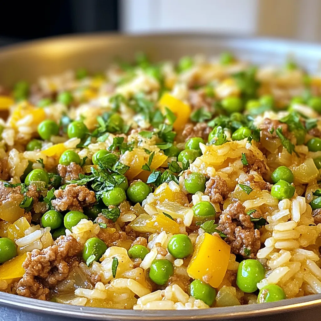 To make Garlic Butter Beef and Rice Skillet, gather these key items: - 1 lb (450g) ground beef - 1 cup uncooked jasmine rice - 4 cups beef broth - 4 tablespoons unsalted butter - 5 cloves garlic, minced - 1 medium onion, diced - 1 bell pepper, diced (any color) - 1 teaspoon dried oregano - 1 teaspoon dried thyme - Salt and pepper to taste - 1 cup frozen peas - Fresh parsley, chopped (for garnish) You can switch some ingredients if needed. Here are a few options: - Use brown rice instead of jasmine for a healthier choice. - Swap ground beef for ground turkey or chicken for a lighter dish. - If you lack fresh garlic, use garlic powder instead, about 1 teaspoon. - Replace bell pepper with any other vegetable, like zucchini or carrots. Selecting good ingredients matters. Here’s how to pick the best: - For beef, choose lean ground beef with a bright red color. - Check for a fresh smell; it should not have any sour or off odor. - Look for high-quality jasmine rice that feels light and dry. - Avoid any rice with a lot of broken pieces, as it can affect the texture. These tips help ensure you cook a delicious and satisfying meal. {{ingredient_image_1}} Start by melting 2 tablespoons of butter in a large skillet over medium heat. Add the diced onion and bell pepper. Sauté them for about 3-4 minutes. You want them soft and fragrant. Next, add the minced garlic and cook for 1-2 more minutes. Be careful not to burn the garlic; it can turn bitter if you do. Turn up the heat to medium-high and add the ground beef. Cook the beef until it is browned. Use a spatula to break it apart as it cooks. This usually takes about 5-7 minutes. If there is extra fat in the skillet, drain it off. Now, stir in the uncooked jasmine rice, dried oregano, dried thyme, salt, and pepper. Cook this mixture for another 1-2 minutes to toast the rice slightly. Pour in the beef broth and bring everything to a gentle boil. Once it boils, reduce the heat to low. Cover the skillet and let it simmer for 15-20 minutes. The rice should be fluffy and absorb most of the liquid. When the rice is cooked, mix in the frozen peas and the rest of the butter. Let it simmer for another 5 minutes until the peas are hot. Taste it and adjust the seasoning as needed. Finally, garnish with fresh parsley before serving. To get fluffy rice, rinse it first. Rinsing removes excess starch. This helps prevent clumping. Use jasmine rice for a fragrant touch. When cooking, let it simmer gently. Keep the lid on while it cooks. This traps steam and helps the rice absorb the broth. Check it after 15 minutes. If it needs more time, cover it again for a few minutes. Flavor is key in this dish. Use fresh garlic for its strong aroma. A mix of dried oregano and thyme adds depth. Adjust salt and pepper to your taste. Don't be shy! Taste as you go. Add a dash of paprika if you like a little heat. Lastly, fresh parsley on top gives a nice finish and brightens the dish. Want to save time? Prep your veggies ahead of time. Dice the onion and bell pepper earlier in the day. You can also use frozen peas straight from the bag. They cook quickly and add color. While the rice simmers, clean up your workspace. This way, your meal is ready in about 40 minutes. Enjoy your time in the kitchen! Pro Tips Use Fresh Herbs: Fresh herbs like parsley or thyme can elevate the flavor of your dish. Add them at the end for a burst of freshness. Rest the Meat: After cooking, let the beef rest for a few minutes before serving. This helps retain the juices, making it more flavorful. Toasting Rice: Toasting the rice briefly before adding the broth enhances its nutty flavor and improves the overall taste of the dish. Adjusting Consistency: If the rice absorbs too much liquid, simply add a little more broth or water to achieve your desired consistency. {{image_2}} You can adjust this dish to fit different diets. For a lighter meal, use ground turkey or chicken instead of beef. If you want a vegetarian version, swap the beef for cooked lentils or mushrooms. You can also use vegetable broth instead of beef broth for a plant-based option. If you are gluten-free, make sure to pick gluten-free broth and rice. Want to give your skillet a new taste? Try adding different spices. A pinch of smoked paprika adds warmth. You can also add a splash of soy sauce for a savory kick. If you love heat, toss in red pepper flakes or diced jalapeños. You can also add veggies like diced carrots or zucchini for extra nutrients. These additions enhance flavor and make your meal colorful. This meal stands alone, but you can pair it with sides. A simple garden salad brings freshness to the table. You might also serve it with crusty bread to soak up extra sauce. If you want something warm, garlic bread is a great choice too. For a healthy option, steamed broccoli or green beans work well. These sides will balance the richness of the garlic butter beef and rice. After cooking your garlic butter beef and rice skillet, let it cool. Transfer leftovers to an airtight container. This keeps the dish fresh. Store it in the fridge for up to three days. If you want to save it longer, freezing is a great option. To reheat, place your skillet on the stove over medium heat. Add a splash of beef broth or water to keep it moist. Stir often until it’s heated through. You can also use a microwave. Cover the bowl with a paper towel and heat in short bursts. Stir between each burst to avoid hot spots. If you freeze it, use a freezer-safe container. Label it with the date. It can last for about three months in the freezer. When you’re ready to eat, move it to the fridge to thaw overnight. After thawing, reheat as mentioned above for the best taste and texture. Yes, you can use brown rice. Brown rice is whole grain and has more fiber. It will take longer to cook than jasmine rice. Adjust the beef broth amount and cooking time. Use about 4.5 cups of broth and simmer for 30-40 minutes. You can use turkey, chicken, or even plant-based meat. Ground turkey is lean and healthy. If you want a veggie option, try crumbled tofu or lentils. Both options add great flavor. Leftovers will last about 3-4 days in the fridge. Store them in an airtight container to keep them fresh. Reheat your meal on the stove or in the microwave. Make sure it heats evenly for best taste. This blog post gives you all the details to create a tasty beef and rice dish. We discussed key ingredients and how to pick good beef and rice. I shared step-by-step cooking tips and tricks to make your rice perfect. You explored variations to suit your tastes and learned proper storage techniques. In the end, cooking should feel fun and easy. With these insights, you can make a meal that everyone will love. Happy cooking!