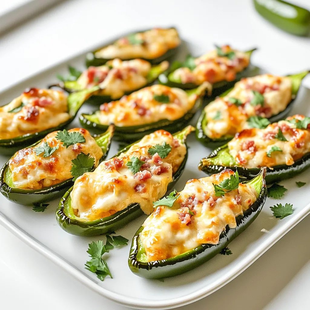 To make spicy air fryer jalapeño poppers, gather these ingredients: - 12 fresh jalapeño peppers - 8 oz cream cheese, softened - 1 cup shredded cheddar cheese - ½ cup cooked and crumbled turkey bacon (or plant-based bacon) - ¼ teaspoon garlic powder - ¼ teaspoon onion powder - ¼ teaspoon smoked paprika - Salt and pepper to taste - Cooking spray You can swap ingredients to fit your taste. Try using: - A different cheese like pepper jack for extra heat. - Bacon bits for a quick option instead of crumbled bacon. - Greek yogurt instead of cream cheese for a lighter filling. Choosing the right jalapeños is key. Here’s how: - Look for firm, smooth peppers with a shiny skin. - Avoid any with soft spots or wrinkles. - Pick peppers that feel heavy for their size; this means they are fresh. - If you want milder poppers, choose larger jalapeños with fewer seeds. - For a spicier kick, go for smaller, thinner peppers. To start, you need fresh jalapeño peppers. Grab twelve of them. Slice each pepper in half lengthwise. Be sure to wear gloves if you want to avoid the heat on your hands. Next, remove the seeds and membranes. This step reduces the spice level. If you like heat, you can leave some seeds. Now, let's make the filling. In a bowl, mix eight ounces of softened cream cheese with one cup of shredded cheddar cheese. Add half a cup of crumbled turkey bacon for a great flavor. Toss in a quarter teaspoon of garlic powder, onion powder, and smoked paprika. Don’t forget salt and pepper to taste. Mix until everything combines well. This filling should be creamy and tasty. Before cooking, preheat your air fryer to 375°F (190°C). Lightly spray the air fryer basket with cooking spray. This helps prevent sticking. Next, fill each jalapeño half with your cheese mixture. Place them in the air fryer basket in a single layer. Make sure not to overcrowd them; it’s okay to cook in batches. Air fry for ten to twelve minutes. Watch for the jalapeños to soften and the cheese to melt. When done, carefully take them out and let them cool for a few minutes. Enjoy your spicy snack! To get that ideal crunch, use fresh jalapeños. They should be firm and shiny. When you fill them, don’t overstuff. Leave a little space for the cheese to expand. This helps keep the poppers from getting soggy. Air frying at 375°F gives them a nice golden finish. Cook them for about 10 to 12 minutes, so they are tender but not mushy. One common mistake is overcrowding the air fryer. Make sure to arrange the poppers in a single layer. If you stack them, they won’t cook evenly. Another mistake is not removing enough seeds. The seeds add heat, so if you want a milder flavor, be sure to scoop them out well. Also, remember to preheat your air fryer. This step helps cook the poppers evenly from the start. Serve the poppers warm for the best taste. They look great on a platter, so arrange them nicely. Add fresh cilantro or green onions on top for color. A side of ranch dressing or a spicy dipping sauce pairs well. You can also serve them with tortilla chips for a fun snack. Enjoy making these for game days or parties! {{image_2}} You can change the filling in your jalapeño poppers to suit your taste. Here are some ideas: - Cheeses: Try using goat cheese or pepper jack for a twist. - Meats: Substitute turkey bacon with crumbled sausage or chorizo for more flavor. - Veggies: Add spinach or roasted red peppers for a fresh touch. Mix and match these options to create your perfect popper! Want to change the heat? Here are a few ways to adjust the spice level: - Mild: Remove all the seeds and membranes for less heat. - Medium: Keep some seeds in the jalapeños for a bit of kick. - Hot: Add crushed red pepper or diced fresh chili to the cheese mix. You can make these poppers as spicy or mild as you like! You can easily make jalapeño poppers vegan. Here’s how: - Cheese Swap: Use vegan cream cheese and dairy-free cheese shreds. - Bacon Alternative: Replace turkey bacon with plant-based bacon or omit it completely. - Seasoning: Make sure your spices are vegan-friendly. These changes keep the flavor while meeting vegan needs. Enjoy your spicy snack! Once you make these jalapeño poppers, you may have some left. To store them, let the poppers cool completely. Place them in an airtight container. You can keep them in the fridge for up to three days. If you want to keep them longer, freezing is a great option. When you’re ready to enjoy your leftovers, it's easy to reheat them. Preheat your air fryer to 350°F (175°C). Place the poppers in the basket. Heat them for about 5-7 minutes. This will make them hot and crispy again. You can also use an oven. Set it to 350°F (175°C) and bake for 10-12 minutes. If you want to freeze your jalapeño poppers, first cool them completely. Then, place them on a baking sheet in a single layer. Freeze them for about 1-2 hours. After they are frozen, transfer them to a freezer-safe bag. They will stay fresh for up to three months. When you want to eat them, no need to thaw. Just air fry them straight from the freezer at 375°F (190°C) for about 12-15 minutes. Yes, you can prepare these jalapeño poppers ahead of time. After you stuff the jalapeños, cover them with plastic wrap. Place them in the fridge for up to 24 hours. When ready, just pop them in the air fryer. You may need to add a few extra minutes to the cooking time. Many dips pair nicely with jalapeño poppers. Ranch dressing is a classic choice. It cools the heat of the peppers. You can also try a spicy dipping sauce. A creamy garlic dip or guacamole works great too. These add extra flavor and fun. You will know the poppers are done when the cheese is melted and bubbly. The jalapeños should be tender. Check them at 10 minutes to see if they are ready. If they need more time, air fry them for an extra 2 minutes. Be careful when you take them out, as they will be hot! In this blog post, we explored how to make delicious jalapeño poppers. We covered the ingredients you need, including tips for choosing the best jalapeños. I detailed step-by-step instructions on prepping, filling, and cooking them in an air fryer. We also discussed variations, from different fillings to spice levels. Remember, perfect texture comes from careful cooking and serving them with great dips enhances the flavor. Now, you’re ready to enjoy these tasty treats and impress your friends and family. Happy cooking!