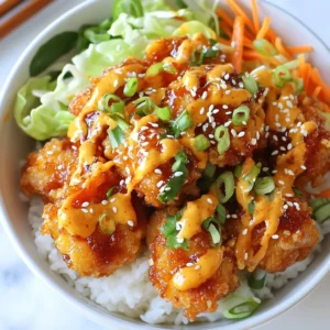 To make a tasty Bang Bang Chicken Bowl, you need the right ingredients. Here’s what you’ll need: - Chicken - 2 boneless, skinless chicken breasts - Seasonings - 1 cup cornstarch - 1 teaspoon garlic powder - 1 teaspoon onion powder - 1 teaspoon paprika - Salt and pepper to taste - Bang Bang Sauce Components - ½ cup mayonnaise - 2 tablespoons sweet chili sauce - 1 tablespoon sriracha (adjust for heat preference) - Serving and Garnish Requirements - 1 cup cooked jasmine rice - 1 cup shredded cabbage (green or purple) - ½ cup shredded carrots - ¼ cup sliced green onions - 1 tablespoon sesame seeds for garnish These ingredients create a mix of textures and flavors. The crispy chicken pairs well with fresh veggies and creamy sauce. Each bite feels like a burst of flavor. {{ingredient_image_1}} To prepare the chicken, start by slicing the chicken breasts into bite-sized pieces. Season the chicken with salt, pepper, garlic powder, onion powder, and paprika. This step is key. Good seasoning boosts flavor and keeps the chicken juicy. Next, we need to coat the chicken. Place the cornstarch in a bowl. Dredge each piece of seasoned chicken in the cornstarch. Make sure to cover all sides. Shake off any excess cornstarch to avoid clumping. This helps the chicken fry up crisp. Now, let’s cook the chicken. Heat about ¼ inch of oil in a skillet over medium-high heat. When the oil is hot, add the chicken in batches. Don’t overcrowd the pan; this keeps the chicken crispy. Fry until golden brown and cooked through, about 4-5 minutes per side. You can tell the chicken is done when it is no longer pink inside. Drain it on paper towels to remove excess oil. While the chicken cooks, let’s make the Bang Bang sauce. In a bowl, mix mayonnaise, sweet chili sauce, and sriracha. Stir until well combined. Adjust the sriracha to your taste for heat. This sauce adds a creamy and spicy kick. To assemble your bowls, start with a scoop of jasmine rice as the base. Top with the fried chicken pieces. Drizzle a generous amount of Bang Bang sauce over the chicken. Next, add shredded cabbage and carrots. Finish with sliced green onions and sesame seeds for garnish. This gives the dish a fresh look and taste. Choosing the right oil makes a big difference. I recommend using peanut oil or canola oil. These oils have high smoke points, which means they won't burn easily. This helps your chicken fry evenly and stay crispy. To achieve maximum crispiness, make sure your oil is hot enough before adding the chicken. Heat the oil to about 350°F (175°C). If you don't have a thermometer, you can test it by dropping in a small piece of chicken. If it sizzles right away, you are good to go. Fry the chicken in small batches. This keeps the oil temperature steady, giving you that perfect golden crust. You can switch ingredients in the Bang Bang sauce to suit your taste. If you want a lighter option, swap out the mayonnaise for Greek yogurt. It adds creaminess without all the fat. For a vegan version, use plant-based mayo. You can also skip the sriracha or use a milder sauce if you prefer less heat. Another twist is to add lime juice or ginger to the sauce. This can brighten the flavors and give it a unique taste. The Bang Bang Chicken Bowl is versatile. You can serve it with jasmine rice, but feel free to try quinoa or cauliflower rice for a twist. Top the bowl with fresh veggies like cucumbers or bell peppers for added crunch. For drinks, a light iced tea or sparkling water pairs well with the spicy chicken. If you want something heartier, a cold beer complements the flavors nicely. Pro Tips Perfectly Crispy Chicken: Make sure the oil is hot enough before adding the chicken to ensure a crispy texture. You can test the oil by dropping in a small piece of bread; if it sizzles immediately, it’s ready. Customize Your Sauce: Feel free to adjust the sweetness or heat of the Bang Bang sauce by varying the amounts of sweet chili sauce and sriracha. Add a teaspoon of honey for extra sweetness if desired. Fresh Veggie Crunch: For an extra crunch, consider adding sliced cucumbers or radishes to the bowl. They add a refreshing contrast to the savory chicken. Meal Prep Friendly: This dish is great for meal prep! Store fried chicken and veggies separately from rice and sauce to keep everything fresh and crispy until ready to eat. {{image_2}} You can easily swap ingredients in the Bang Bang Chicken Bowl. For a fun twist, try these: - Chicken alternatives: Use tofu for a vegetarian option or shrimp for a seafood flair. - Rice alternatives: Substitute jasmine rice with quinoa for added protein or cauliflower rice for a low-carb choice. These swaps keep the dish tasty while fitting your diet. Want to jazz up your bowl? Here are some flavor boosters: - Spice boosts: Add cayenne pepper for heat or smoked paprika for a deeper flavor. - Adding fruit or nuts: Toss in diced mango for sweetness or chopped peanuts for a crunchy texture. These enhancements make your Bang Bang Bowl even more exciting. You can create a meat-free Bang Bang Bowl with simple changes: - How to make a meat-free Bang Bang Bowl: Replace chicken with crispy tofu or tempeh. Coat and fry it just like the chicken. - Substitutions for sauce and protein: Use vegan mayo for the sauce and sweet chili sauce made with plant-based ingredients. These options keep the essence of the dish while being friendly for all diets. To keep your Bang Bang Chicken Bowl fresh, put leftovers in an airtight container. Store it in the fridge. This way, it stays safe and tasty. You can enjoy it for up to three days. After that, the chicken may dry out or lose its flavor. When it's time to eat again, you want the chicken crispy. For that, use an oven or an air fryer. Preheat the oven to 375°F (190°C). Place the chicken on a baking sheet. Heat for about 10-15 minutes. This restores its crunch. Avoid using the microwave for reheating. It makes the chicken soggy and unappealing. Yes, you can freeze the Bang Bang Chicken! Just make sure to store it in a freezer-safe container. It can last up to three months in the freezer. When you’re ready to eat, thaw it in the fridge overnight. Then, reheat it in the oven for the best results. This keeps the chicken crispy and flavorful. Bang Bang Chicken is a tasty dish that comes from Asian cuisine, often linked to Chinese recipes. It features crispy, fried chicken pieces paired with a sweet and spicy sauce. Common ingredients include chicken, cornstarch, and a mix of spices. To make it, you coat chicken in cornstarch, fry it until golden, and drizzle it with a creamy sauce. The sauce usually blends mayonnaise with sweet chili sauce and sriracha. This dish is both crunchy and flavorful, making it a favorite for many. Yes, you can prepare your Bang Bang Chicken Bowl in advance. For meal prep, cook the chicken and rice, then store them separately. Keep the sauce and fresh veggies in different containers. This way, you can easily assemble your bowl when you’re ready to eat. When storing, use airtight containers to keep your food fresh. The healthiness of a Bang Bang Chicken Bowl depends on your choices. It contains protein from chicken and fiber from veggies. However, the sauce adds calories, mainly from mayonnaise. You can make it healthier by using less sauce or swapping mayonnaise for Greek yogurt. This change still gives you creaminess without as many calories. If you need a substitute for sweet chili sauce, you can make your own. Mix honey with sriracha for a quick alternative. You can also use teriyaki sauce or a mix of ketchup and hot sauce for a different flavor. These options keep the dish tasty while offering a little twist. This guide walks you through making a tasty Bang Bang Chicken Bowl. You learned about key ingredients, how to prepare, coat, and cook the chicken. We explored making the sauce and assembling the dish, plus tips for a perfect fry. You can even try variations to suit different diets. Always remember to store leftovers correctly. With simple adjustments and proper techniques, you can enjoy this fun meal any time. Now, it's your turn to get cooking and enjoy your delicious creation.