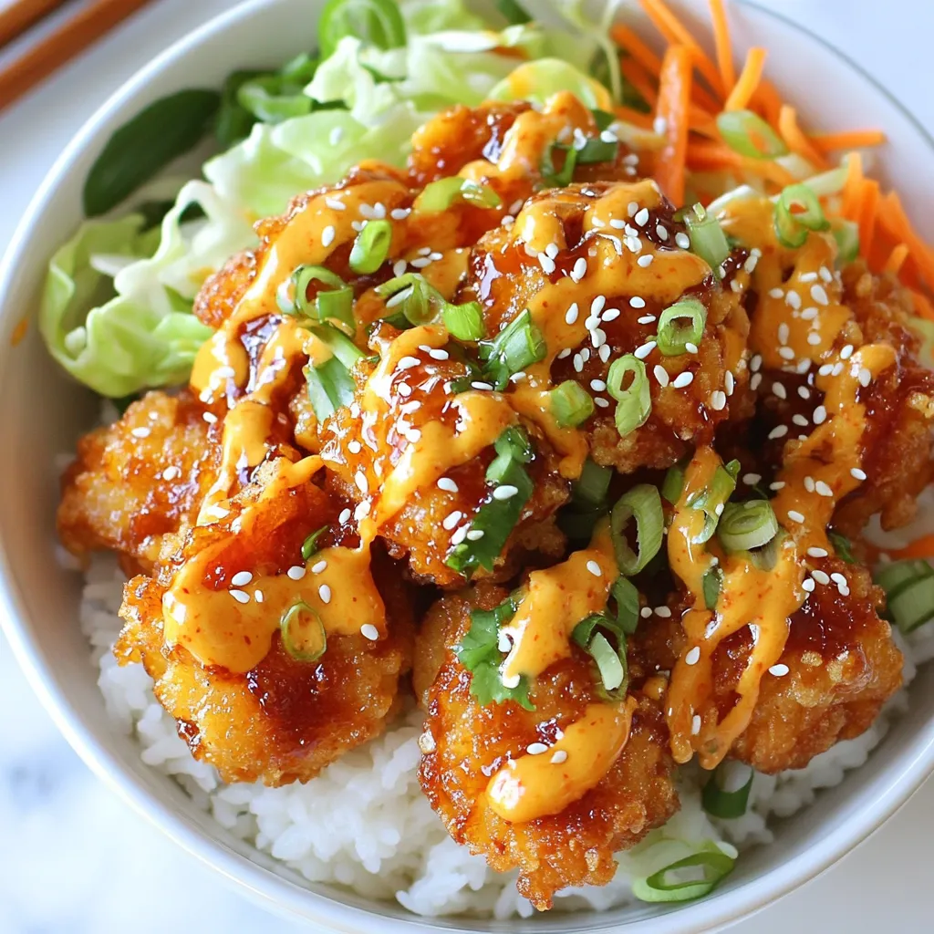 To make a tasty Bang Bang Chicken Bowl, you need the right ingredients. Here’s what you’ll need: - Chicken - 2 boneless, skinless chicken breasts - Seasonings - 1 cup cornstarch - 1 teaspoon garlic powder - 1 teaspoon onion powder - 1 teaspoon paprika - Salt and pepper to taste - Bang Bang Sauce Components - ½ cup mayonnaise - 2 tablespoons sweet chili sauce - 1 tablespoon sriracha (adjust for heat preference) - Serving and Garnish Requirements - 1 cup cooked jasmine rice - 1 cup shredded cabbage (green or purple) - ½ cup shredded carrots - ¼ cup sliced green onions - 1 tablespoon sesame seeds for garnish These ingredients create a mix of textures and flavors. The crispy chicken pairs well with fresh veggies and creamy sauce. Each bite feels like a burst of flavor. {{ingredient_image_1}} To prepare the chicken, start by slicing the chicken breasts into bite-sized pieces. Season the chicken with salt, pepper, garlic powder, onion powder, and paprika. This step is key. Good seasoning boosts flavor and keeps the chicken juicy. Next, we need to coat the chicken. Place the cornstarch in a bowl. Dredge each piece of seasoned chicken in the cornstarch. Make sure to cover all sides. Shake off any excess cornstarch to avoid clumping. This helps the chicken fry up crisp. Now, let’s cook the chicken. Heat about ¼ inch of oil in a skillet over medium-high heat. When the oil is hot, add the chicken in batches. Don’t overcrowd the pan; this keeps the chicken crispy. Fry until golden brown and cooked through, about 4-5 minutes per side. You can tell the chicken is done when it is no longer pink inside. Drain it on paper towels to remove excess oil. While the chicken cooks, let’s make the Bang Bang sauce. In a bowl, mix mayonnaise, sweet chili sauce, and sriracha. Stir until well combined. Adjust the sriracha to your taste for heat. This sauce adds a creamy and spicy kick. To assemble your bowls, start with a scoop of jasmine rice as the base. Top with the fried chicken pieces. Drizzle a generous amount of Bang Bang sauce over the chicken. Next, add shredded cabbage and carrots. Finish with sliced green onions and sesame seeds for garnish. This gives the dish a fresh look and taste. Choosing the right oil makes a big difference. I recommend using peanut oil or canola oil. These oils have high smoke points, which means they won't burn easily. This helps your chicken fry evenly and stay crispy. To achieve maximum crispiness, make sure your oil is hot enough before adding the chicken. Heat the oil to about 350°F (175°C). If you don't have a thermometer, you can test it by dropping in a small piece of chicken. If it sizzles right away, you are good to go. Fry the chicken in small batches. This keeps the oil temperature steady, giving you that perfect golden crust. You can switch ingredients in the Bang Bang sauce to suit your taste. If you want a lighter option, swap out the mayonnaise for Greek yogurt. It adds creaminess without all the fat. For a vegan version, use plant-based mayo. You can also skip the sriracha or use a milder sauce if you prefer less heat. Another twist is to add lime juice or ginger to the sauce. This can brighten the flavors and give it a unique taste. The Bang Bang Chicken Bowl is versatile. You can serve it with jasmine rice, but feel free to try quinoa or cauliflower rice for a twist. Top the bowl with fresh veggies like cucumbers or bell peppers for added crunch. For drinks, a light iced tea or sparkling water pairs well with the spicy chicken. If you want something heartier, a cold beer complements the flavors nicely. Pro Tips Perfectly Crispy Chicken: Make sure the oil is hot enough before adding the chicken to ensure a crispy texture. You can test the oil by dropping in a small piece of bread; if it sizzles immediately, it’s ready. Customize Your Sauce: Feel free to adjust the sweetness or heat of the Bang Bang sauce by varying the amounts of sweet chili sauce and sriracha. Add a teaspoon of honey for extra sweetness if desired. Fresh Veggie Crunch: For an extra crunch, consider adding sliced cucumbers or radishes to the bowl. They add a refreshing contrast to the savory chicken. Meal Prep Friendly: This dish is great for meal prep! Store fried chicken and veggies separately from rice and sauce to keep everything fresh and crispy until ready to eat. {{image_2}} You can easily swap ingredients in the Bang Bang Chicken Bowl. For a fun twist, try these: - Chicken alternatives: Use tofu for a vegetarian option or shrimp for a seafood flair. - Rice alternatives: Substitute jasmine rice with quinoa for added protein or cauliflower rice for a low-carb choice. These swaps keep the dish tasty while fitting your diet. Want to jazz up your bowl? Here are some flavor boosters: - Spice boosts: Add cayenne pepper for heat or smoked paprika for a deeper flavor. - Adding fruit or nuts: Toss in diced mango for sweetness or chopped peanuts for a crunchy texture. These enhancements make your Bang Bang Bowl even more exciting. You can create a meat-free Bang Bang Bowl with simple changes: - How to make a meat-free Bang Bang Bowl: Replace chicken with crispy tofu or tempeh. Coat and fry it just like the chicken. - Substitutions for sauce and protein: Use vegan mayo for the sauce and sweet chili sauce made with plant-based ingredients. These options keep the essence of the dish while being friendly for all diets. To keep your Bang Bang Chicken Bowl fresh, put leftovers in an airtight container. Store it in the fridge. This way, it stays safe and tasty. You can enjoy it for up to three days. After that, the chicken may dry out or lose its flavor. When it's time to eat again, you want the chicken crispy. For that, use an oven or an air fryer. Preheat the oven to 375°F (190°C). Place the chicken on a baking sheet. Heat for about 10-15 minutes. This restores its crunch. Avoid using the microwave for reheating. It makes the chicken soggy and unappealing. Yes, you can freeze the Bang Bang Chicken! Just make sure to store it in a freezer-safe container. It can last up to three months in the freezer. When you’re ready to eat, thaw it in the fridge overnight. Then, reheat it in the oven for the best results. This keeps the chicken crispy and flavorful. Bang Bang Chicken is a tasty dish that comes from Asian cuisine, often linked to Chinese recipes. It features crispy, fried chicken pieces paired with a sweet and spicy sauce. Common ingredients include chicken, cornstarch, and a mix of spices. To make it, you coat chicken in cornstarch, fry it until golden, and drizzle it with a creamy sauce. The sauce usually blends mayonnaise with sweet chili sauce and sriracha. This dish is both crunchy and flavorful, making it a favorite for many. Yes, you can prepare your Bang Bang Chicken Bowl in advance. For meal prep, cook the chicken and rice, then store them separately. Keep the sauce and fresh veggies in different containers. This way, you can easily assemble your bowl when you’re ready to eat. When storing, use airtight containers to keep your food fresh. The healthiness of a Bang Bang Chicken Bowl depends on your choices. It contains protein from chicken and fiber from veggies. However, the sauce adds calories, mainly from mayonnaise. You can make it healthier by using less sauce or swapping mayonnaise for Greek yogurt. This change still gives you creaminess without as many calories. If you need a substitute for sweet chili sauce, you can make your own. Mix honey with sriracha for a quick alternative. You can also use teriyaki sauce or a mix of ketchup and hot sauce for a different flavor. These options keep the dish tasty while offering a little twist. This guide walks you through making a tasty Bang Bang Chicken Bowl. You learned about key ingredients, how to prepare, coat, and cook the chicken. We explored making the sauce and assembling the dish, plus tips for a perfect fry. You can even try variations to suit different diets. Always remember to store leftovers correctly. With simple adjustments and proper techniques, you can enjoy this fun meal any time. Now, it's your turn to get cooking and enjoy your delicious creation.